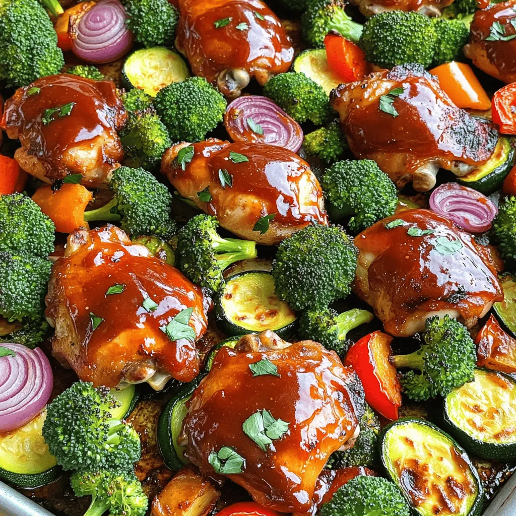 - 4 boneless, skinless chicken thighs - 1 cup BBQ sauce (your favorite flavor) The chicken thighs bring a juicy and tender bite. They soak up the BBQ sauce well. This choice makes the dish flavorful and satisfying. You can use chicken breasts, but thighs remain moist. - 2 cups broccoli florets - 1 red bell pepper, sliced into strips - 1 medium zucchini, sliced into half-moons - 1 red onion, cut into wedges The mix of vegetables adds color and nutrition. Broccoli offers crunch and vitamins. Red bell pepper adds sweetness, while zucchini gives a soft texture. Red onion brings a mild flavor that pairs well with BBQ. - 2 tablespoons extra virgin olive oil - 1 teaspoon garlic powder - 1 teaspoon smoked paprika - Salt and freshly ground pepper to taste - Fresh parsley, finely chopped, for garnish (optional) These seasonings enhance the dish. Olive oil helps the veggies roast nicely. Garlic powder adds depth, while smoked paprika gives a subtle warmth. Salt and pepper balance the flavors. Fresh parsley is optional but adds a nice touch. Start by preheating your oven to 425°F (220°C). A hot oven helps cook the chicken and veggies evenly. Next, take the chicken thighs and put them in a mixing bowl. Pour in ¾ cup of your favorite BBQ sauce. Use your hands to coat the chicken well. Let it sit for at least 15 minutes. This step helps the chicken absorb flavor. In a large bowl, add two cups of broccoli florets, sliced red bell pepper, zucchini half-moons, and red onion wedges. Drizzle two tablespoons of olive oil over the veggies. Sprinkle in one teaspoon of garlic powder, one teaspoon of smoked paprika, and season with salt and pepper. Toss everything together until the veggies are coated. Grab a large baking sheet and place the marinated chicken in the center. Surround the chicken with the seasoned vegetables. Spread them out evenly for the best cooking results. Now, take the remaining ¼ cup of BBQ sauce. Drizzle it over both the chicken and the veggies. This extra layer of sauce adds even more flavor. Put the sheet pan in your preheated oven. Bake for 25-30 minutes. Make sure the chicken reaches an internal temperature of 165°F (74°C). The veggies should be tender and slightly caramelized. After baking, switch your oven to broil. Broil the dish for 2-4 minutes. This gives the chicken and veggies a nice caramelized finish. Keep an eye on them to avoid burning. Once done, take the pan out of the oven. Let it cool for a couple of minutes. If you want, sprinkle finely chopped parsley on top for color and freshness. Now, it's ready to serve! To get the best flavor, always marinate your chicken. Use ¾ cup of BBQ sauce to coat the chicken thighs. Let it sit for at least 15 minutes. This allows the sauce to soak in. You can even marinate it overnight for more taste. For veggies, drizzle olive oil and sprinkle garlic powder and smoked paprika. This step adds depth to the dish. Chicken thighs are juicy and tender, but timing matters. Bake them at 425°F for 25-30 minutes. Use a meat thermometer to check the internal temperature. It should reach 165°F. If you want a nice finish, broil for 2-4 minutes. This makes the chicken and veggies caramelized and tasty. To keep your veggies crisp, cut them evenly. This helps them cook at the same rate. Tossing them in olive oil and seasonings is key. Spread them out on the pan, avoiding overcrowding. Give them space to roast without steaming. Broccoli, bell peppers, and zucchini will stay vibrant and crunchy this way. {{image_4}} You can swap the veggies to match your taste. Try using: - Cauliflower florets - Carrots, sliced - Asparagus, cut into pieces - Sweet potatoes, cubed - Green beans These options add variety and bring new flavors to the dish. Each vegetable will cook well in the oven, giving you a delicious meal. The BBQ sauce can change the whole meal’s vibe. Here are a few ideas: - Honey BBQ sauce for sweetness - Spicy BBQ sauce for some heat - Mustard-based sauce for tanginess - Teriyaki sauce for an Asian twist Experiment with these flavors to find your favorite. Each sauce brings a unique kick to the chicken and veggies. Garnishes can make your dish pop. Consider adding: - Fresh cilantro for a bright taste - Chopped green onions for crunch - Crumbled feta cheese for creaminess - Sliced jalapeños for heat These toppings add both color and flavor, making your meal even more enjoyable. Feel free to mix and match! To store your leftovers, let the dish cool first. Place the chicken and veggies in an airtight container. Make sure to have enough space to keep them from getting squished. Store the container in the fridge for up to three days. This keeps the meal fresh and safe to eat. When you're ready to eat your leftovers, preheat your oven to 350°F (175°C). Place the chicken and veggies on a baking sheet. Cover them with foil to keep them moist. Heat for about 15-20 minutes or until hot. You can also use a microwave if you’re in a hurry. Just heat on high for 1-2 minutes, checking often to avoid overcooking. If you want to save some for later, this meal freezes well. Place cooled chicken and veggies in a freezer-safe container. Make sure to seal it tightly to prevent freezer burn. You can freeze it for up to three months. To reheat, thaw overnight in the fridge. Then, follow the reheating instructions above to warm it up. Enjoy the taste of BBQ chicken and veggies anytime you like! You should marinate the chicken for at least 15 minutes. This helps the chicken soak up the BBQ sauce. For more flavor, you can marinate it longer, up to 2 hours. Just keep it in the fridge during this time. Yes, you can use bone-in chicken. Just make sure to adjust the cooking time. Bone-in chicken usually needs a bit longer to cook through. Aim for 35 to 40 minutes, or until the internal temperature hits 165°F (74°C). A fresh salad pairs well with BBQ chicken and veggies. You can also serve rice or cornbread. These sides balance the meal and add more flavor. Try coleslaw for a crunchy texture and a tangy taste. Yes, this recipe is great for meal prep. You can cook it ahead and store portions in the fridge. It stays fresh for up to four days. Just reheat in the microwave or oven before enjoying. This makes weeknight dinners easy and quick! This post covered everything you need for a fun BBQ chicken meal. We talked about the best ingredients, easy steps for cooking, and clever tips for great taste. You can switch up the recipe with different veggies and sauces, too. Storing leftovers is a breeze. Always remember to adjust marinating time based on the chicken cut you use. Enjoy your tasty dish! With these tips, you'll impress everyone at the table. Happy cooking!