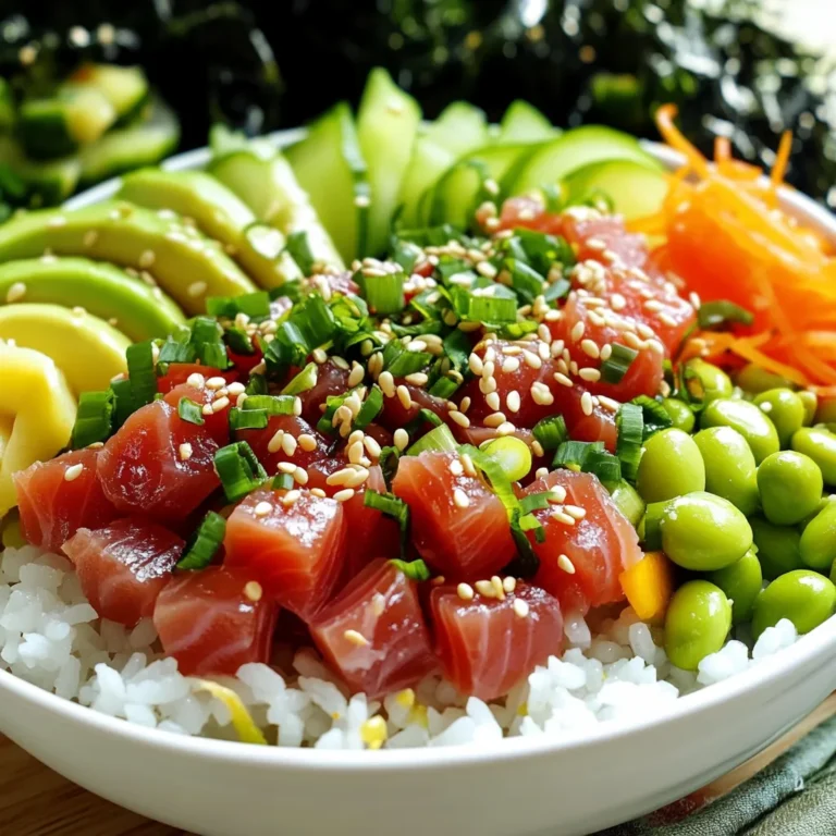 - 1 cup sushi rice - 8 oz sushi-grade tuna - 2 tablespoons soy sauce - 1 tablespoon sesame oil - 1 ripe avocado - ½ cup cucumber - ½ cup shelled edamame - 1 small carrot - 2 green onions - 1 tablespoon sesame seeds - Seaweed salad - Pickled ginger The primary ingredients create a tasty base for these poke bowls. Sushi rice offers a perfect sticky texture. Sushi-grade tuna gives rich, fresh flavor. Soy sauce and sesame oil add depth and umami. The fresh vegetables bring crunch and color. Each ingredient plays a role in making this dish not just yummy but also pretty on the plate. The optional garnishes take your poke bowl to the next level. Green onions add a fresh kick. Sesame seeds bring a nutty crunch. Seaweed salad and pickled ginger provide extra flavor and texture. Feel free to mix and match based on your taste. This recipe is all about enjoying fresh and vibrant flavors. - Rinse the rice: Start by rinsing 1 cup of sushi rice. Use cold water in a fine mesh sieve. Rinse until the water runs clear. This step removes excess starch. - Cook the rice: In a medium saucepan, mix the rinsed rice with 1 ¼ cups of water. Bring it to a boil on medium-high heat. Once it boils, lower the heat and cover. Let it simmer for 18 minutes. After cooking, remove it from heat and keep it covered for 10 more minutes to steam. - Combine tuna and marinade ingredients: In a bowl, add 8 oz of diced sushi-grade tuna. Mix in 2 tablespoons of soy sauce, 1 tablespoon of sesame oil, and 1 teaspoon of rice vinegar. Gently stir to coat the tuna. - Allow to marinate: Let the tuna sit for 5-10 minutes. This helps the flavors blend nicely. - Fluff and cool the rice: Once the rice is ready, fluff it gently with a fork. Set it aside to cool to room temperature. - Layer the ingredients: Take a scoop of warm rice and place it in each bowl. Top the rice with the marinated tuna, avocado wedges, cucumber slices, cooked edamame, and julienned carrot. Arrange these items in a colorful way. - Finish with garnishes: Sprinkle 2 finely chopped green onions and 1 tablespoon of toasted sesame seeds on top. This adds flavor and a nice crunch. Optionally, serve with seaweed salad and pickled ginger. - Rinsing technique: Always rinse sushi rice under cold water. Use a fine mesh sieve. Keep rinsing until the water is clear. This step removes extra starch and helps the rice cook better. - Cooking tips: Use 1 ¼ cups of water for every cup of rice. Bring to a boil, then lower the heat. Cover and simmer for about 18 minutes. Let it sit for 10 minutes after cooking to steam properly. - How to choose sushi-grade tuna: Look for bright red color and a fresh smell. The tuna should be firm to the touch. Ask your fishmonger if it is sushi-grade. This means it is safe to eat raw. - Storage tips for freshness: Keep sushi-grade tuna in the coldest part of your fridge. Use it within a day or two for the best flavor. You can also freeze it if you won’t use it right away. - Pairing with beverages: A light white wine or a cold sake pairs well with poke bowls. You can also serve it with sparkling water for a refreshing choice. - Presentation tips: Use a large bowl to show off the colorful layers. Arrange the ingredients neatly for a beautiful look. Add a sprinkle of sesame seeds and green onions on top for extra flair. {{image_4}} You can switch the protein in your poke bowl for a fresh twist. Here are two great options: - Salmon: Use sushi-grade salmon instead of tuna. It adds a rich, buttery flavor that many love. Cut it into small cubes just like you would with tuna. - Tofu: For a plant-based choice, try firm tofu. Dice it into small pieces and marinate it in soy sauce and sesame oil. It soaks up flavors well and adds a nice texture. Adding more veggies makes your poke bowl even better. Here are some ideas: - Additional vegetables: Try adding radishes, bell peppers, or green beans. They add color and crunch. You can also use seaweed or sprouts for a unique twist. - Vegan options: If you want a vegan poke bowl, skip the fish. Use marinated tofu or chickpeas as a protein. Pair with all the fresh veggies for a tasty meal. Feeling adventurous? Here are some ways to boost the flavor of your poke bowl: - Spicy tuna version: Mix in some sriracha or chili oil with your tuna. This adds a kick that spice lovers will enjoy. - Citrus dressing: Whisk together lime juice and zest with a splash of soy sauce. Drizzle it over your bowl for a refreshing touch. The bright flavors will make your dish pop! To store poke bowls, place them in an airtight container. Make sure to keep the rice and toppings separate. This keeps the rice firm and the toppings fresh. You can store leftovers in the fridge for up to two days. After that, the taste and texture may change. If you want to reheat your poke bowl, do it carefully. Use a microwave and heat the rice in short bursts. Check often to avoid overcooking. You can add a bit of water to the rice to keep it moist. Only reheat if you have leftover rice. Tuna and toppings taste best cold. You can freeze the sushi rice; it holds up well. However, I don't recommend freezing the tuna or toppings. Raw fish does not freeze well and may lose quality. If you freeze the rice, let it cool first. Wrap it tightly in plastic wrap and then place it in a freezer bag. It can last up to three months in the freezer. A poke bowl is a Hawaiian dish. It features diced raw fish, often tuna. You serve it over rice with fresh toppings. The term "poke" means "to slice" in Hawaiian. This dish has roots in Hawaii, where fishermen would eat fresh fish with rice. It has become popular worldwide for its flavor and freshness. Yes, tuna poke is safe if you use sushi-grade tuna. Sushi-grade means it meets strict safety standards. It comes from fish that are frozen to kill parasites. Always buy tuna from a trusted source. Look for freshness and color. The fish should smell like the ocean, not fishy. Yes, you can prepare poke bowls ahead of time. Cook the sushi rice and store it in the fridge. You can also marinate the tuna for up to 30 minutes. Chop the vegetables and keep them fresh in containers. Assemble the bowls just before serving for the best taste. This article highlighted how to create a tasty poke bowl at home. We covered key ingredients, steps, and even tips for perfecting your dish. Remember, fresh ingredients mean better flavor. You can swap proteins and veggies to suit your taste. Enjoy your poke bowl as a fun meal or snack. With simple steps and a few tips, you can impress your friends and family. So grab your ingredients and start making your own poke bowls today!
