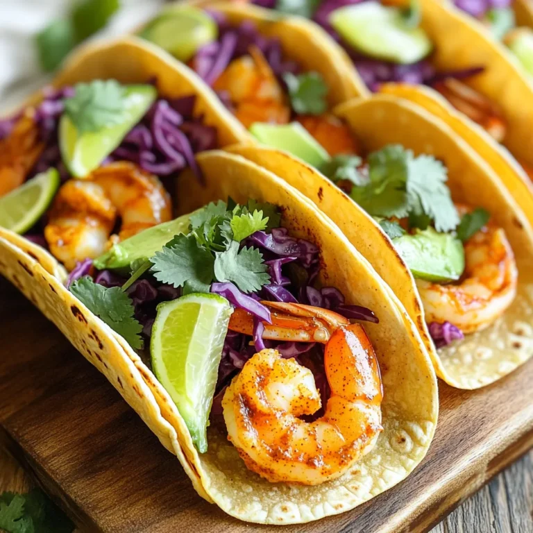 To make these tasty tacos, gather the following items: - 1 pound shrimp, peeled and deveined - 2 tablespoons olive oil - 2 teaspoons chili powder - 1 teaspoon ground cumin - 1 teaspoon garlic powder - 1 teaspoon smoked paprika - Zest and juice of 2 juicy limes - Salt and freshly ground black pepper, to taste - 8 small corn or flour tortillas - 1 cup red cabbage, finely shredded - 1 ripe avocado, sliced - Fresh cilantro, finely chopped, for garnish - Lime wedges, for serving These ingredients create a flavor bomb that shines in every bite. You can jazz up your tacos with these toppings: - Sliced jalapeños for heat - Crumbled feta or cotija cheese for creaminess - Sour cream or Greek yogurt for a tangy touch - Fresh lime slices for extra zing Add any of these to make your tacos even more delightful! You may not have all the ingredients, and that's okay! Here are some swaps: - Use chicken or tofu instead of shrimp for a different protein. - Swap lime juice with lemon juice for a slight twist. - Try purple cabbage instead of red cabbage for color. - Use whole wheat tortillas for a healthier option. These substitutions keep the spirit of the dish while making it easier for you. Enjoy experimenting! Start by preheating your oven to 400°F (200°C). This temperature helps the shrimp cook quickly and evenly. Next, grab a large baking sheet and line it with parchment paper. This makes cleanup easy later. Now, take your pound of shrimp and make sure they are peeled and deveined. In a mixing bowl, combine the shrimp with olive oil, chili powder, ground cumin, garlic powder, smoked paprika, lime zest, lime juice, and a pinch of salt and pepper. Mix well, so each shrimp gets covered in the spices. Spread the shrimp on the lined baking sheet. Make sure they are in a single layer. This step is key; if they are too crowded, they won’t cook right. Place the baking sheet in the oven and bake for about 8 to 10 minutes. Halfway through, stir the shrimp to cook them evenly. Look for them to turn pink and opaque. This means they are done! While the shrimp bake, it’s time to warm your tortillas. You can pop them in the oven for a few minutes or heat them in a skillet until soft. To build the tacos, take a warm tortilla and add a handful of shredded red cabbage in the center. Then, top it with several pieces of baked chili lime shrimp. Add a few slices of creamy avocado on top. Finally, sprinkle fresh cilantro and squeeze some lime juice for extra flavor. Your tacos are now ready to enjoy! To get the best shrimp, start with fresh shrimp. Look for shrimp that is firm and smells like the ocean. When mixing, coat each shrimp well with the spice mix. Spread them out on the pan. Overcrowding can make them steam instead of bake. Bake until they turn pink and opaque. This usually takes about 8 to 10 minutes. If you want a bit of crisp, broil them for the last minute. Warm tortillas can make a big difference. You can heat them in the oven while the shrimp cooks. Just place them on the oven rack for about 2-3 minutes. If you prefer a skillet, heat it over medium heat. Add the tortillas and cook for about 30 seconds on each side. Warm tortillas are soft and easy to fold. For a great look, serve tacos on a wooden platter. This adds a rustic touch. Arrange the tacos neatly, and add lime wedges on the side. A sprinkle of chopped cilantro on top gives a fresh look. Use colorful red cabbage to catch the eye. The bright green avocado slices add creaminess and color. Presenting well makes the meal more fun! {{image_4}} You can change the protein in these tacos. If you prefer chicken, use diced breast instead of shrimp. Season it the same way with chili powder and lime. For a beef option, try ground beef or steak strips. Cook it until browned and tender. Fish is another great choice. Use flaky white fish like tilapia or cod. Just season and bake like the shrimp. Switching up the flavors can create new tacos. For a spicy kick, add more chili powder or diced jalapeños. You can also use taco seasoning for a different taste. To make it sweet, add a bit of honey or mango salsa. If you like fresh herbs, try adding mint or dill. Each option changes the taste while keeping it fun! If you want a meatless meal, there are tasty options. Use black beans or chickpeas as the base. Season them the same way as the shrimp. Roasted veggies, like bell peppers and zucchini, work well too. Just toss them with olive oil and spices before baking. For a fresh touch, add guacamole or a tangy lime sauce. These options are healthy and still full of flavor! To store leftover shrimp, let them cool down first. Place the shrimp in an airtight container. Store it in the fridge for up to three days. Make sure to keep them away from other foods to avoid mixing flavors. Reheat the shrimp in a skillet over medium heat. This method keeps the shrimp juicy and tasty. Stir them often, so they heat evenly. You can also use the microwave. If you do, cover the dish to keep the moisture in. Heat in short bursts, checking often to prevent overcooking. For long-term storage, freeze the shrimp. Place them in a freezer-safe bag or container. Remove as much air as possible to prevent freezer burn. Label the bag with the date. The shrimp can last in the freezer for up to three months. When ready to use, thaw them overnight in the fridge for the best texture. Yes, you can use frozen shrimp. Just make sure to thaw them first. You can place them in cold water for about 15 to 20 minutes. Once thawed, peel and devein them if needed. Then, follow the same steps in the recipe. This will save you time and make cooking easy. These tacos have a mild to medium spice level. The chili powder adds warmth, but it’s not too hot. If you prefer more heat, you can add cayenne pepper or jalapeños. Adjusting the spice lets you enjoy the flavor without overwhelming your taste buds. Great sides for these tacos include: - Mexican rice - Black beans - Grilled corn on the cob - A fresh salad with lime dressing These sides complement the tacos and add variety to your meal. Enjoy mixing and matching to find your favorites! This blog post covered everything you need to make amazing shrimp tacos. We went over the ingredients, from what you must have to some fun toppings. You learned the step-by-step process, from prep to baking and assembling. I shared tips for perfect texture, warm tortillas, and great presentation. We explored variations, perfect for every taste. Lastly, I provided storage info and answered common questions. Dive in, have fun, and enjoy your delicious shrimp tacos!