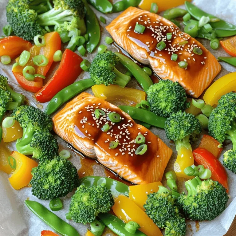- 4 salmon fillets (approximately 6 ounces each) - 2 cups broccoli florets - 1 bell pepper (choose red or yellow), sliced into strips - 1 cup snap peas, trimmed of ends - 1/4 cup teriyaki sauce - 2 tablespoons olive oil - 2 cloves garlic, finely minced - 1 teaspoon fresh ginger, grated - Sesame seeds - Chopped green onions - Salt and freshly ground black pepper to taste Gather these ingredients to create a bright and tasty dish. The salmon fillets are the star, providing rich flavor. Fresh vegetables like broccoli, bell pepper, and snap peas add color and crunch. Teriyaki sauce gives a sweet and savory taste. Olive oil keeps everything moist. Garlic and ginger bring warmth and depth to the dish. Don’t forget the garnishes! Sesame seeds and green onions add a nice touch. Salt and pepper bring out the flavors even more. With these ingredients ready, you’ll be set to make a delicious meal in no time. - Preheating the oven: Start by preheating your oven to 400°F (200°C). A hot oven helps cook the salmon and veggies just right. - Lining the baking sheet: Line a large baking sheet with parchment paper. This makes cleanup easy and helps prevent sticking. - Combining ingredients: In a small bowl, mix together the teriyaki sauce, olive oil, minced garlic, and grated ginger. Stir it well so all the flavors blend together. - Setting aside the sauce: Set this sauce aside for later. It adds a delicious flavor to the salmon and veggies. - Placing salmon and vegetables on the sheet pan: Place the salmon fillets in the center of the baking sheet. Surround them with broccoli florets, sliced bell pepper, and snap peas. This makes a colorful dish. - Drizzling with teriyaki sauce: Drizzle half of the teriyaki sauce over the salmon and vegetables. Make sure everything gets some of that tasty sauce. - Baking time and techniques: Put the baking sheet in the oven. Bake for about 15-20 minutes. The salmon should be flaky, and the veggies should stay crisp. - Adding final sauces and garnishing: In the last 5 minutes, drizzle the rest of the teriyaki sauce over the salmon. After baking, sprinkle sesame seeds and chopped green onions on top for a nice finish. For the best flavor, marinate the salmon for at least 30 minutes. This helps the fish soak up the teriyaki sauce. If you want to add more taste, try adding lime juice or sesame oil to the mix. These will give the salmon a fresh twist. When prepping vegetables, cut them into similar sizes. This ensures they cook evenly. For this recipe, I like to use broccoli, bell pepper, and snap peas. Each adds a unique crunch and color. You can also mix in carrots or zucchini for extra variety. To ensure perfect doneness, bake the salmon until it flakes easily. This usually takes about 15 to 20 minutes in a preheated oven. To keep your vegetables crisp, don’t overcrowd the pan. This allows hot air to circulate and cook everything evenly. {{image_4}} You can switch out salmon for other proteins. Chicken is a great choice. Use boneless, skinless chicken breasts for a lean option. If you prefer plant-based meals, try tofu. Firm tofu absorbs flavors well and gives a nice texture. Feel free to mix in different vegetables. Carrots, zucchini, or bell peppers add color and crunch. You can also use asparagus or green beans for a fresh touch. Just make sure to cut them into similar sizes for even cooking. You can make homemade teriyaki sauce easily. Combine soy sauce, honey, and rice vinegar for a simple mix. For a twist, add pineapple juice for sweetness. Want more spice? Add sriracha or chili flakes to the sauce. Each change gives a new flavor to your dish! To keep your leftover teriyaki salmon and broccoli fresh, use proper refrigeration. Place the cooled dish in an airtight container. This helps keep moisture in and air out. Store the container in the fridge. Your leftovers will be good for 2 to 3 days. If you want to keep them longer, consider freezing instead. To reheat, use the oven for the best results. Preheat your oven to 350°F (175°C). Place the salmon and veggies on a baking sheet. Cover them with foil to keep moisture in. Heat for about 10 to 15 minutes, or until warmed through. You can also use a microwave, but this may make the fish less tender. For freezing, let the dish cool completely. Then, wrap it tightly in plastic wrap. Place the wrapped dish in a freezer-safe bag or container. This will prevent freezer burn. When you want to eat it, move the dish to the fridge to thaw overnight. For best quality, consume within 1 to 2 months. You should cook salmon in the oven for 15-20 minutes at 400°F. The salmon will be done when it flakes easily with a fork. Keep an eye on it to avoid overcooking. If you want to be sure, use a meat thermometer. The internal temperature should reach 145°F for safe eating. This ensures a moist and tender bite. Yes, you can prepare this dish in advance! To save time, chop your vegetables the night before. You can also marinate the salmon in the teriyaki sauce for an hour or overnight in the fridge. Just remember to let it come to room temperature before cooking. This helps with even cooking. You can bake it fresh when you're ready to eat. Many sides complement teriyaki salmon well. Here are a few ideas: - Steamed rice or jasmine rice for a classic pairing - Quinoa for a healthier grain option - Asian-style slaw for a crunchy contrast - Pickled vegetables for a tangy touch - Sautéed bok choy for a nice color and flavor These sides enhance the meal and provide a balanced plate. This blog post covered how to make a tasty teriyaki salmon dish. We explored the main ingredients, step-by-step instructions, and helpful tips. I shared various variations and storage tips to keep your meal fresh. You can even customize it to suit your taste. Try this recipe for a fun and healthy meal. Cooking can be easy and satisfying! Enjoy the flavors and share them with others.
