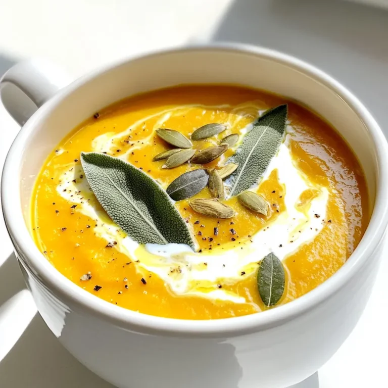 Butternut squash soup is simple and tasty. Here’s what you need: - 1 medium butternut squash, peeled, seeded, and cut into 1-inch cubes - 1 large onion, finely chopped - 2 cloves of garlic, minced - 3 cups vegetable broth (preferably low-sodium) - 1 cup creamy coconut milk - 1 tablespoon fresh sage, finely chopped (or 1 teaspoon dried sage) - 1 tablespoon extra virgin olive oil - Salt, to taste - Freshly ground black pepper, to taste - A pinch of freshly grated nutmeg (optional, for added warmth) - Toasted pumpkin seeds, for garnish Each ingredient plays a role in building flavors and texture. The butternut squash gives the soup its rich base. The onion and garlic add depth. The vegetable broth is key for a tasty liquid. Coconut milk creates a creamy texture that feels luxurious. Fresh sage brightens the soup with its earthy note. Finally, the seasonings bring everything together and add warmth. The toasted pumpkin seeds give a nice crunch on top. 1. Heat a large pot on medium heat. Add one tablespoon of extra virgin olive oil. 2. Once the oil is hot, add one finely chopped onion. Sauté for about five minutes. 3. The onion should become soft and fragrant. This step builds a great flavor base. 4. Next, add two minced garlic cloves. Stir and cook for one more minute. 5. Be careful! Stir often to prevent the garlic from burning. 6. Now, add one medium butternut squash, cut into one-inch cubes. Stir well for three to four minutes. 7. This allows the squash to soak up the flavors from the onion and garlic. 1. Pour in three cups of vegetable broth. Make sure the squash is covered. 2. Increase the heat to high and bring it to a boil. 3. Once boiling, reduce the heat to low. Let it simmer uncovered for about 20 minutes. 4. Cook until the squash is tender enough to pierce with a fork. 1. After the squash is tender, use an immersion blender to blend the soup. 2. Blend until it is smooth and creamy. If you don’t have an immersion blender, transfer it in batches to a countertop blender. 3. Return the soup to the pot and set the heat to low. 4. Stir in one cup of creamy coconut milk and one tablespoon of finely chopped sage. 5. Mix well until heated through, allowing the flavors to combine. 6. Season with salt and freshly ground black pepper. 7. You can also add a pinch of freshly grated nutmeg for warmth. 8. Taste and adjust the seasoning to your liking before serving. To make your butternut squash sage soup rich and creamy, start by using the right blend of ingredients. The key is creamy coconut milk. It adds a sweet, smooth taste that mixes well with the squash. When you blend the soup, choose an immersion blender. It lets you blend directly in the pot, which saves time and mess. If you use a regular blender, do it in small batches. This keeps steam from building up and helps avoid spills. For extra flavor, consider adding spices like cinnamon or cayenne pepper. They give the soup warmth and depth. You can also try a dash of smoked paprika for a unique twist. If you want to change the herbs, fresh thyme or rosemary work well too. They add a different taste profile while still keeping the soup comforting. Don't skip the fresh sage; it’s a must for that classic flavor! {{image_4}} If you want a vegan version of this soup, you can replace the coconut milk. Use almond milk or cashew cream for a lighter option. These choices keep the soup creamy without dairy. You can also try using oat milk for a mild taste. Each milk will add its own flavor, so pick what you like best. Feel free to add more veggies or protein to your soup. Carrots or sweet potatoes will blend well with the squash. For protein, try adding cooked lentils or chickpeas. They make the soup heartier. You can also toss in spices like cumin or paprika for a kick. A little cayenne pepper adds warmth without overpowering the squash flavor. These variations let you create your own perfect bowl of butternut squash sage soup. To keep your butternut squash sage soup fresh, use airtight containers. Glass containers work great. They don’t keep odors and are safe for reheating. Fill the containers with cooled soup. Leave some space at the top for expansion if freezing. You can also use freezer-safe bags. Just push out as much air as possible before sealing. For freezing, this soup does well. It stays good for up to three months in the freezer. Make sure to label your containers with the date. This way, you know how long they’ve been stored. To reheat the soup, you have a few good options. The stove is best for even heating. Pour the soup into a pot and heat over medium. Stir often to prevent sticking. You can also use the microwave. Place soup in a microwave-safe bowl. Heat in short bursts, stirring in between. To keep the flavor and texture, add a splash of coconut milk when reheating. This helps restore creaminess. If the soup thickens too much, add a little broth or water. Stir well to blend everything back together. Enjoy your warm, rich soup! To peel a butternut squash, I find using a sharp vegetable peeler works best. First, cut off both ends of the squash. This gives you a stable base. Then, hold the squash upright and peel downwards. Remove the skin in strips. After peeling, slice it in half lengthwise and scoop out the seeds. Cut the flesh into 1-inch cubes. This size helps the squash cook evenly in your soup. Yes, you can make this soup ahead of time. Prepare the soup, then let it cool completely. Store it in an airtight container in the fridge for up to three days. To reheat, pour the soup in a pot over low heat. Stir occasionally until hot. If it thickens too much, add a bit of water or broth to thin it out. You can also freeze the soup for up to three months. This soup is easy to adapt. It is already gluten-free, which is great for those with gluten sensitivities. To make it dairy-free, stick with the coconut milk as the main cream. If you want a nut-free option, you can skip the garnish of pumpkin seeds. For a protein boost, consider adding cooked lentils or chickpeas. These changes can make the soup fit a variety of dietary needs while keeping it delicious. This soup is easy to make and full of flavor. We covered the key ingredients, step-by-step prep, and tips for a creamy texture. You can try variations for different diets or add extra veggies. Storing and reheating leftovers is straightforward too. Remember, this recipe is flexible. Use it as a base and make it your own. Enjoy each warm bowl!