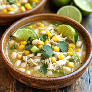 - 2 pounds boneless, skinless chicken breasts - 1 can (15 oz) white beans, drained and rinsed - 1 cup frozen sweet corn - 1 medium onion, finely diced - 2 cloves garlic, minced - 1 green bell pepper, diced - 1 jalapeño, seeded and minced (optional for added heat) - 4 cups chicken broth - 1 teaspoon ground cumin - 1 teaspoon chili powder - 1/2 teaspoon smoked paprika - Salt and pepper, to taste - 1/2 cup sour cream (optional for extra creaminess) - Fresh cilantro, chopped (for garnish) - Lime wedges (for serving) - Consider adding more spices like oregano or coriander for depth. - You can mix in diced tomatoes for added sweetness and texture. - Avocado slices make a great creamy topping on your chili. This recipe serves 6-8 people. Each serving has about: - Calories: 320 - Protein: 30g - Carbohydrates: 30g - Dietary Fiber: 5g - Fat: 10g This chili is a balanced meal packed with flavor and nutrients. You get protein from chicken and beans, healthy carbs from corn, and vitamins from the veggies. Enjoy it as a filling lunch or dinner! Start by placing the boneless, skinless chicken breasts in the slow cooker. Spread them out evenly. This is the base for your chili. The chicken will cook down and add great flavor. Next, add the diced onion, minced garlic, green bell pepper, and jalapeño (if you like heat). Then, toss in the frozen sweet corn. These veggies add color and taste to the dish. In a bowl, mix the rinsed white beans, chicken broth, ground cumin, chili powder, and smoked paprika. Add a pinch of salt and pepper. Stir well until everything blends nicely. This mix is key for flavor. Carefully pour the bean and broth mixture over the chicken and veggies. Make sure the chicken is submerged in the liquid. This helps it cook evenly and soak up all the great flavors. Cover the slow cooker with its lid. Set it to low for 6-8 hours or high for 3-4 hours. Cook until the chicken is tender and fully cooked. This slow cooking melds all the flavors together. About 30 minutes before serving, take the chicken out. Use two forks to shred it into smaller pieces. Return the shredded chicken to the pot. Mix it in with the chili for even distribution. For extra creaminess, stir in 1/2 cup of sour cream. Mix it well until smooth. This gives the chili a rich texture that makes it more comforting. Taste your chili and add more salt and pepper if needed. Let it cook for another 15-20 minutes. This ensures everything is hot and flavors blend well. When ready, serve the chili in bowls. Garnish with fresh cilantro and lime wedges for a zesty touch. To get the best flavor in your white chicken chili, use fresh ingredients. Fresh onions, garlic, and peppers make a big difference. I love adding a jalapeño for heat, but it’s optional. To boost flavor, use high-quality chicken broth. Homemade broth is best, but store-bought works too. Don't skip the spices! Ground cumin, chili powder, and smoked paprika give warmth and depth. Also, let the chili cook low and slow. This allows all the flavors to blend well. If you can, cook the chili overnight. The next day, your dish will be even better. If your chili is too thick, just add more broth. If it's too thin, you can thicken it with a slurry of cornstarch and water. Taste your chili often. If it lacks flavor, try adding salt or more spices. If you find it too spicy, add more sour cream. It cools down the heat and adds creaminess. Finally, remember to shred the chicken well. This helps it soak up more flavor and makes it easier to eat. Making chili for a crowd? Just double the recipe! Use a larger slow cooker or two. Keep the cooking time the same, but check for doneness. Consider serving toppings like cheese, avocado, or crispy tortilla strips. This allows guests to personalize their bowls. Set up a chili bar to make it fun! {{image_4}} You can change the beans in this chili for fun. Use black beans or pinto beans. These beans bring unique flavors and textures. If you like a creamier chili, try using cannellini beans. They blend well with the chicken and corn. If you want more heat, add more jalapeños or use a spicier pepper. You can also sprinkle in cayenne pepper to boost the spice. For a milder option, skip the jalapeño entirely. Adding sweet bell peppers gives flavor without heat. To make this chili vegetarian or vegan, swap the chicken for chickpeas or lentils. Use vegetable broth instead of chicken broth. You can add more veggies like zucchini or carrots for texture. For creaminess, use coconut cream or cashew cream instead of sour cream. This makes a tasty, plant-based meal everyone will love. After enjoying your white chicken chili, store any extras in an airtight container. Let the chili cool to room temperature before sealing it. This helps prevent moisture build-up. You can keep the leftovers in the fridge for up to four days. Always label the container with the date to track freshness. If you want to save your chili for later, freezing is a great option. Divide the cooled chili into smaller portions. Use freezer-safe bags or containers for easy storage. Make sure to leave some space in the container for expansion. You can freeze it for up to three months. To help with thawing, write the date on each bag. When you’re ready to enjoy your frozen chili, thaw it in the fridge overnight. Reheat it on the stove over medium heat. Stir often to avoid burning. If using a microwave, heat in 1-minute intervals, stirring in between. Add a splash of chicken broth if it seems too thick. Always make sure it’s heated through before serving. Yes, you can use fresh corn. Just cut it from the cob. Fresh corn will add a nice crunch and sweetness. However, using frozen corn is easier and saves time. For a substitute, try turkey or tofu. You can also use canned beans for a meat-free option. This will keep the chili hearty and filling. Most of the ingredients are gluten-free. Just make sure the chicken broth is gluten-free. Check the labels on your spices too, to ensure they are safe. Yes, you can. Sauté the veggies and chicken in a pot first. Then add the beans and broth. Simmer for about 30-40 minutes until everything is cooked through. Stir often to stop it from sticking. In this post, we explored the ingredients needed for a flavorful slow-cooked chili. We walked through each step, from prepping the chicken to adding creaminess. Tips and tricks helped you avoid common mistakes and cook for a crowd. We also covered variations for different tastes and how to store leftovers smartly. By following these steps, you can create a delicious meal for any occasion. Enjoy your cooking and feel free to experiment with flavors!