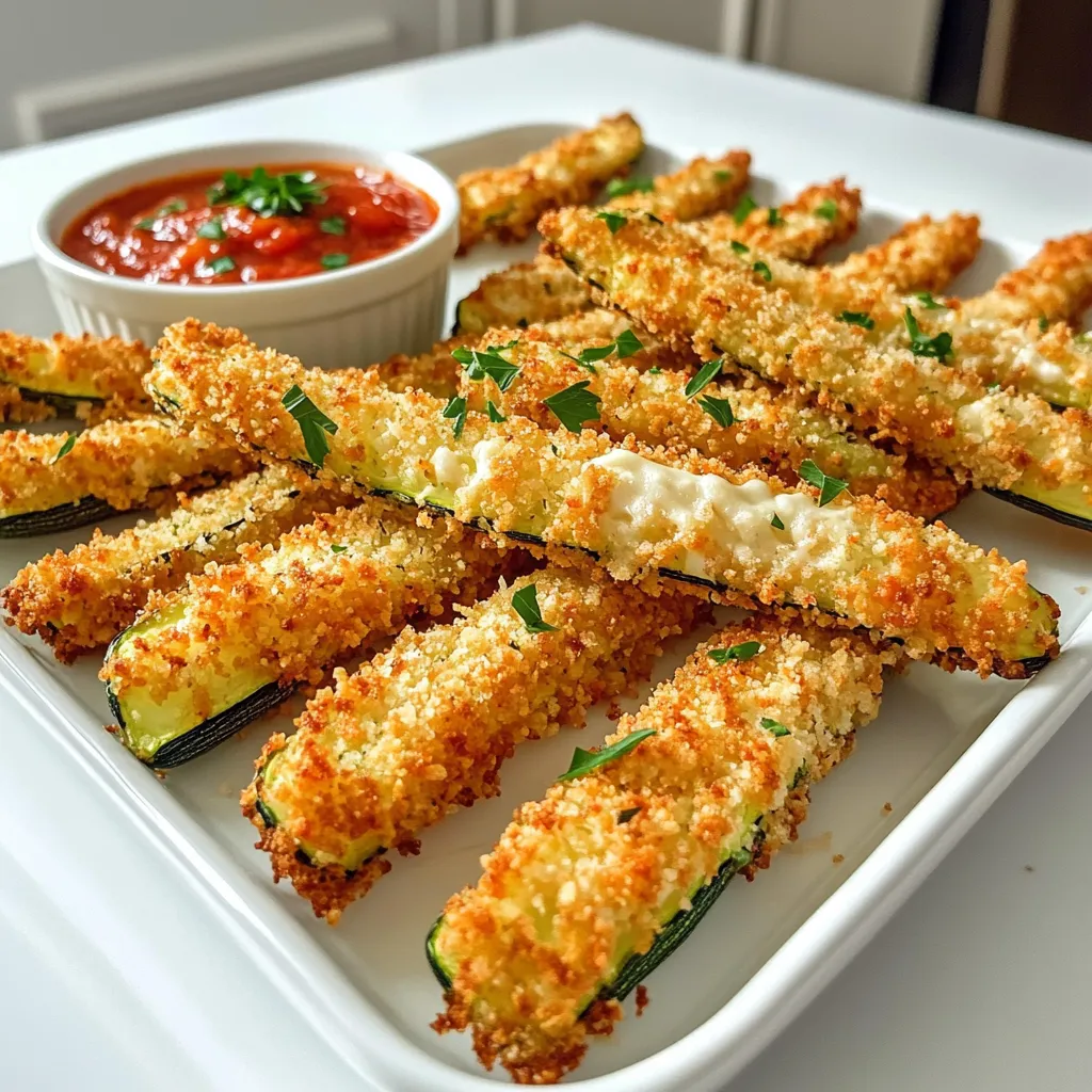- 2 medium zucchinis, sliced into fry shapes - 1/2 cup all-purpose flour - 2 large eggs, beaten until foamy - 1 cup panko breadcrumbs - 1/2 cup grated Parmesan cheese - 1 teaspoon garlic powder - 1 teaspoon onion powder - 1 teaspoon Italian seasoning - Salt and black pepper to taste - Olive oil spray The ingredients for crispy air fryer Parmesan zucchini fries are simple yet effective. First, you need zucchinis, which give the fries their delicious base. I recommend using medium zucchinis. They slice easily and cook well. Next, we have all-purpose flour. It helps the fries stick together. The beaten eggs create a great base for the coating. Make sure your eggs are nice and foamy. This will help the breadcrumbs adhere better. Panko breadcrumbs are the star of the show. They create that much-desired crunch. I suggest using panko over regular breadcrumbs for extra crispiness. Now, let’s add some flavor! Grated Parmesan cheese gives the fries a savory kick. Garlic and onion powder enhance the taste, while Italian seasoning adds a nice herbal note. Don't forget to season with salt and black pepper. Adjust to your taste. Finally, olive oil spray is essential. It gives the fries a golden color and crisp texture. This is a healthy way to add some fat without overdoing it. Gather these ingredients, and you are ready to make a tasty treat! - Preheat air fryer to 400°F (200°C). - Organize your breading station with three bowls. Start by getting your air fryer hot. This step is key for crispy fries. Set it to 400°F or 200°C. While it warms up, gather three shallow bowls. You will need one for flour, one for eggs, and one for breadcrumbs. - Dipping process: flour, egg, breadcrumbs. - Tips for ensuring full coverage. Now comes the fun part—breading! Take one zucchini fry. First, dip it into the flour. Make sure to shake off the extra flour. Next, dip it into the beaten eggs. Let any excess egg drip off. Finally, move it into the breadcrumb bowl. Press it gently into the crumbs for full coverage. This helps make your fries extra crispy. Repeat this for all the zucchini fries. - Arrange fries in air fryer basket. - Cooking time and temperature. - Shaking the basket for even cooking. Once all fries are breaded, lay them in a single layer in the air fryer basket. Don’t overcrowd them; this helps air flow. For extra crispiness, lightly spray the fries with olive oil. Cook them for about 10 to 12 minutes. They should turn golden brown and crispy. Remember to shake the basket halfway through cooking. This helps them cook evenly. Enjoy your crispy air fryer zucchini fries! To get your zucchini fries super crispy, use olive oil spray. This spray helps the coating brown nicely. A light coat is all you need. It makes a big difference in texture. Avoid overcrowding the air fryer basket. Lay the fries in a single layer. This allows hot air to flow freely around each fry. If you stack them, they won't cook evenly. Adjust the seasoning before serving. Taste a fry and see if it needs more salt or pepper. You can always add more, but you can’t take it away. For flavor variations, try adding spices. You can use cayenne for heat or smoked paprika for depth. Mixing in some herbs can also change the taste. For serving, present the fries on a large platter. This makes them look more inviting. Add a bowl of marinara sauce or ranch dressing for dipping. Garnish with chopped parsley or basil for a pop of color. Fresh herbs make the dish look nice and add flavor. Enjoy your crispy zucchini fries! {{image_4}} You can change the coating for your zucchini fries. If you want a gluten-free option, use almond flour. It gives a nice crunch too. You can add smoked paprika to your breadcrumb mix. This spice brings a warm, smoky flavor that pairs well with zucchini. Zucchini isn't the only veggie to fry. Try broccoli, eggplant, or sweet potatoes. They all work well in the air fryer. Just remember that cooking times may vary. For broccoli, cook for 8-10 minutes. Eggplant may take 12-14 minutes. Sweet potatoes need about 15-20 minutes for a nice crisp. Cheese lovers can mix it up! Add mozzarella or cheddar for a gooey texture. Adding different cheeses gives your fries a unique taste. You might also mix in spices like cumin or chili powder. This can add a fun twist to your cheesy fries. To keep your crispy air fryer Parmesan zucchini fries fresh, let them cool first. Place them in airtight containers. Glass or plastic containers with tight lids work best. This helps prevent moisture and keeps them crispy. The air fryer is your best friend for reheating. Set it to 350°F (175°C). Place the fries in the basket in a single layer. Heat for about 5 minutes. This method keeps them crispy and tasty. You can also use a regular oven. Just remember to use a baking sheet and cover them lightly with foil for even heating. Yes, you can freeze zucchini fries! First, place them on a baking sheet in a single layer. Freeze them for about 1-2 hours until solid. Then transfer the fries to a freezer bag. Squeeze out the air before sealing. To thaw, leave them in the fridge overnight. You can reheat them in the air fryer right from the freezer, adjusting the time slightly longer. Enjoy your crispy fries anytime! Air fryer zucchini fries take about 10 to 12 minutes to cook. Preheat your air fryer to 400°F (200°C) for best results. Cook until they are golden brown and crispy. Make sure to shake the basket halfway through cooking. This helps them cook evenly. Yes, you can use different cheeses! Parmesan adds a nice flavor, but other cheeses work too. Try mozzarella for a gooey texture or cheddar for a sharper taste. Just remember to adjust the amount based on how cheesy you want them. Zucchini fries pair well with many dips. Marinara sauce is a classic choice. You can also serve them with ranch dressing for a creamy touch. For a twist, try tzatziki or garlic aioli. Fresh herbs can add color and flavor. Yes, zucchini fries are quite healthy! Zucchini is low in calories and high in vitamins. They contain fiber, which is good for digestion. When cooked in an air fryer, you use less oil, making them a better choice than traditional fried snacks. To keep zucchini fries crispy, avoid overcrowding the air fryer. Lay them in a single layer. Lightly spray with olive oil for extra crunch. After cooking, let them cool briefly on a wire rack. This prevents steam from making them soggy. Zucchini fries are easy to make with few ingredients. We used zucchini, flour, eggs, and panko for crispiness. Adding Parmesan and spices gives great flavor. Follow our steps for the perfect fry in an air fryer. In the end, feel free to explore variations and try other veggies. Storing and reheating tips can help you enjoy them later. Zucchini fries are a tasty and healthier snack option to consider. Enjoy your cooking adventures!