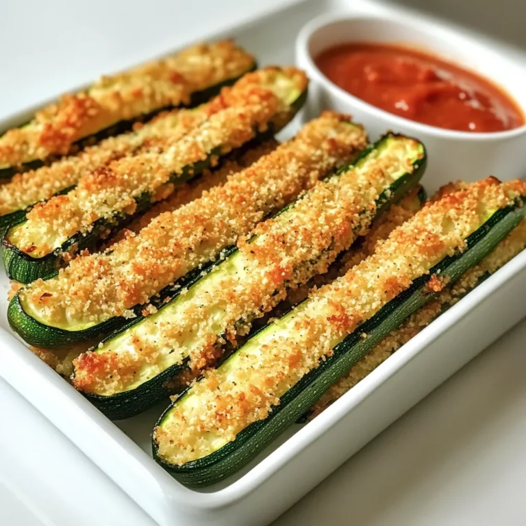 - 2 medium zucchinis - 1 cup breadcrumbs (preferably whole wheat) - ½ cup freshly grated Parmesan cheese - 1 teaspoon garlic powder - ½ teaspoon onion powder - ½ teaspoon smoked paprika - 2 large eggs - Salt and black pepper to taste - Cooking spray or olive oil I love using fresh zucchinis for these fries. They add a nice crunch and flavor. You can find medium zucchinis at most grocery stores. Whole wheat breadcrumbs give a great texture and taste. Freshly grated Parmesan cheese melts well and adds richness. Garlic powder and onion powder bring a savory kick. Smoked paprika gives a hint of smokiness that makes each bite special. For the coating, you'll need two large eggs. They help the breadcrumbs stick to the zucchini. Don't forget to season with salt and black pepper. These simple ingredients make a tasty snack or side dish. I recommend having all your ingredients ready before you start. It makes the process smoother and more fun. Preheat your air fryer to 400°F (200°C). This step is key for crispiness. A hot fryer helps the zucchini fries cook evenly. Rinse the zucchinis under cool water. Dry them with a kitchen towel. Slice each zucchini into fry-shaped sticks that are about ¼ inch thick. This size ensures they cook well and stay crisp. Mix the breadcrumb and seasoning mixture in a bowl. Combine 1 cup of breadcrumbs, ½ cup of grated Parmesan cheese, 1 teaspoon of garlic powder, ½ teaspoon of onion powder, ½ teaspoon of smoked paprika, salt, and black pepper. Stir until well blended. Next, prepare the egg wash. Crack 2 large eggs into another bowl and whisk them until mixed. This egg wash helps the coating stick to the zucchini fries. Now, coat the zucchini fries. Dip each fry into the egg wash first. Let any excess egg drip off. Then, transfer the fry to the breadcrumb mixture. Coat it well, pressing gently to ensure the crust sticks. Arrange the coated zucchini fries in a single layer in the air fryer basket. Avoid overcrowding, as this will affect crispiness. If needed, work in batches. To enhance crispiness, lightly mist the top of the fries with cooking spray or drizzle a little olive oil over them. This small step makes a big difference. Cook the fries for 10-12 minutes. They should turn golden brown and crispy. Shake the basket gently halfway through to help them cook evenly. Enjoy your crispy air fryer zucchini Parmesan fries! To get the best crispiness in your zucchini fries, you must preheat the air fryer. Set it to 400°F (200°C) before you start cooking. This hot air cooks the fries evenly and helps them turn golden brown. Avoid overcrowding the basket. If you fit too many fries at once, they won’t cook well. Each fry needs space for hot air to flow. If needed, cook in batches to ensure perfect crispiness every time. You can boost the flavor of your fries by adding herbs or spices. Try mixing in dried oregano or basil for an Italian twist. If you want heat, add a pinch of cayenne pepper to the breadcrumb mix. This little change can make a big difference! Dips are also a fun way to enhance taste. Marinara sauce is a classic choice. It adds a nice tang that pairs well with the fries. You can also serve tzatziki for a cool, creamy option. Both dips will make your zucchini fries even more enjoyable. For a beautiful presentation, serve your crispy zucchini fries on a rustic wooden board. Line it with parchment paper for a nice touch. This adds to the visual appeal and makes cleanup easier. Pair your fries with a small bowl of marinara or tzatziki. This not only looks great but also makes it easy for guests to dip. You can also serve these fries as a side dish with grilled chicken or fish. They make a tasty and healthy addition to any meal. {{image_4}} You can change the coating for your zucchini fries to fit your needs. For a gluten-free option, use almond flour or crushed cornflakes instead of regular breadcrumbs. These alternatives still give great crunch. You can also try different cheeses. Instead of Parmesan, use cheddar or mozzarella for a fun twist. Each cheese adds its unique flavor, enhancing your zucchini fries. Want some kick? Try adding cayenne pepper to your breadcrumb mix. Just a pinch can spice things up! You can also mix in other vegetables. Think about adding carrot sticks or sweet potato fries alongside your zucchini. This mix creates a colorful and tasty platter, appealing to both kids and adults. Zucchini fries can shine as either a snack or a side dish. Serve them with a dip like marinara or ranch for a fun snack. For a meal, pair them with grilled chicken or fish. Presentation matters! Use a rustic wooden board for serving, lined with parchment paper. It adds charm and makes your fries look even more enticing. To keep your crispy zucchini fries fresh, store them in an airtight container. Place a paper towel at the bottom. This helps absorb moisture. Refrigerate them for up to three days. If you want to store them longer, freeze the fries. Spread them in a single layer on a baking sheet. Freeze for about an hour. Once frozen, transfer them to a freezer bag. They can last up to three months in the freezer. To reheat your zucchini fries, use the air fryer. Set it to 350°F (175°C). Cook for about 5-7 minutes. This method helps keep them crispy. If you don’t have an air fryer, you can use an oven. Preheat the oven to 400°F (200°C). Place fries on a baking sheet and bake for 10-12 minutes. You can also use a microwave, but they may not stay crispy. To make zucchini fries crispier, follow these tips: - Cut zucchini into thin sticks, about ¼ inch wide. - Preheat your air fryer to 400°F (200°C) for even cooking. - Coat the fries well with the breadcrumb mixture. - Lightly spray the fries with cooking spray or drizzle olive oil. - Avoid crowding the basket; cook in batches if needed. These steps help create that perfect crunch you want. I do not recommend using frozen zucchini. Frozen zucchini tends to be mushy when cooked. Fresh zucchini gives you a better texture and taste. If you must use frozen, thaw it and drain excess water. Pat it dry before coating. This helps maintain some crispness. Crispy zucchini fries taste great with many dips. Here are some favorites: - Marinara sauce for a classic Italian touch. - Tzatziki sauce for a cool, refreshing flavor. - Ranch dressing for a creamy contrast. - Spicy sriracha mayo for those who like heat. These dips enhance the flavor and make each bite more fun. Leftovers can last about 2 to 3 days in the fridge. Make sure to store them in an airtight container. This keeps them fresh. If you want to keep them longer, consider freezing them. However, note that freezing may change their texture. Absolutely! You can mix the breadcrumb coating a day ahead. Store it in an airtight container at room temperature. This way, you save time when you are ready to cook. Just prepare the zucchini and coat them right before air frying. Zucchini fries are easy and delicious. This post covered the ingredients, steps, tips, and variations. Use whole wheat breadcrumbs and fresh cheese for great flavor. Remember to preheat the air fryer for crispiness. Don't overcrowd the basket when cooking. Feel free to experiment with seasonings and dip options. Leftovers can be stored easily, and reheating keeps them tasty. Enjoy your cooking and serving these snacks with friends and family!