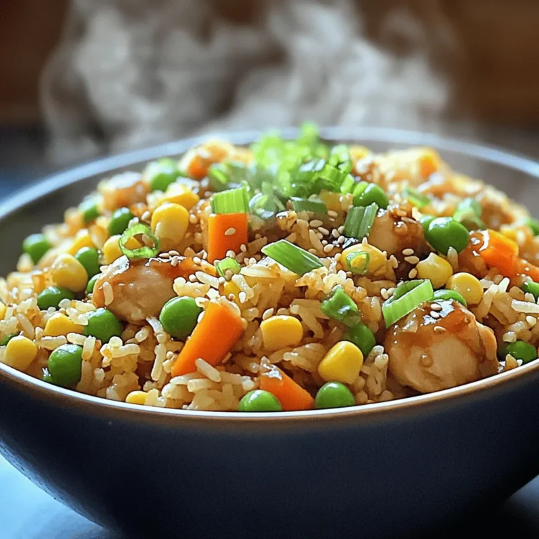 - 1 pound boneless, skinless chicken thighs, diced into bite-sized pieces - 2 cups cooked jasmine rice, ideally refrigerated overnight - 1 cup mixed vegetables (peas, carrots, and corn) - 3 green onions, finely chopped - 2 cloves garlic, minced - 2 tablespoons fresh ginger, finely grated - 2 large eggs, whisked until smooth - 4 tablespoons teriyaki sauce - 2 tablespoons soy sauce - 1 tablespoon sesame oil - 1 tablespoon vegetable oil - Salt and pepper to season - Sesame seeds for garnish - Additional chopped green onions for a fresh touch When making teriyaki chicken fried rice, I always choose fresh, quality ingredients. The chicken thighs add rich flavor and stay juicy. I like using jasmine rice because it has a lovely aroma. Cooked rice should be cold; this helps it fry better. I love adding mixed vegetables for color and nutrition. Garlic and ginger give the dish a warm, fragrant kick. For the sauces, teriyaki sauce is key for that sweet and savory taste. Soy sauce adds depth and saltiness. A little sesame oil gives a nutty finish. Don't forget to season with salt and pepper, as it makes all the flavors pop. For garnishes, I use sesame seeds. They add a nice crunch. Chopped green onions brighten the dish. You can also drizzle more teriyaki sauce on top for extra flavor. Enjoy creating this tasty meal! Start by heating vegetable oil in a large skillet over medium-high heat. Once hot, add the diced chicken thighs. Season them with salt and pepper. Cook for 5 to 7 minutes. You want the chicken to turn brown and lose its pink color. This shows it is fully cooked. Once the chicken is ready, push it to one side of the skillet. This creates space for the eggs. Pour the whisked eggs into that space. Scramble them until they are fully cooked. Then mix the eggs with the chicken. Add minced garlic and grated ginger next. Sauté this mixture for about 1 minute. It should smell great! Next, stir in the mixed vegetables. Cook them for another 2 to 3 minutes until they are warm. Now, add the cold jasmine rice. Break apart any clumps with a spatula. Pour teriyaki sauce and soy sauce over the rice. Stir well so everything is coated. Allow this to cook for 3 to 4 minutes. You want the rice to get a little crispy at the bottom. Finally, fold in chopped green onions and drizzle with sesame oil. Mix everything thoroughly. Taste it and adjust seasoning if needed. When finished, garnish with sesame seeds before serving. Start with cold, cooked rice. This helps the grains stay separate. Use leftover rice if you can. Heat your skillet or wok until it's very hot. This adds a nice crispiness to the rice. Always keep the rice moving in the pan to avoid burning. For the best texture, use a mix of high heat and stirring. Stir-frying quickly helps to keep the rice dry. When you add the sauces, mix them well. This ensures that every grain gets coated. You want a slight crunch from the rice, so don’t overcook it. Avoid using fresh rice straight from the pot. It can get mushy. Don’t overcrowd the pan; this will trap moisture. Make sure to season the chicken well to boost flavor. Lastly, don’t skip the garnishes! They add flavor and color to your dish. {{image_4}} You can easily make teriyaki chicken fried rice meat-free. To do this, replace the chicken with tofu. Firm tofu works best. Cut it into small cubes and pan-fry until golden. Use vegetable broth instead of chicken broth for added flavor. You can also add a bit more teriyaki sauce for a bolder taste. For a vegan option, ensure your teriyaki sauce is free from animal products. If you want different proteins, there are many tasty choices. Shrimp, beef, or pork are great options. Just follow the same cooking steps as you would for chicken. For seafood, cook it until it turns opaque. For beef or pork, ensure it’s browned and cooked through. These variations keep the recipe exciting and flavorful. You can also customize the veggies in this dish. While peas, carrots, and corn are classic choices, feel free to get creative. Bell peppers, broccoli, or snap peas work well too. Just chop them small so they cook quickly. The key is to use fresh or frozen vegetables that you enjoy. This helps you create a dish that fits your taste buds perfectly. To store leftover fried rice, let it cool first. Place it in an airtight container. Make sure to cover it tightly. This keeps the rice fresh and helps it last longer. Store it in the fridge for up to three days. If you want to keep it longer, consider freezing it. When you're ready to eat, reheat the fried rice in a skillet. Add a splash of water or oil to help it steam. Heat it over medium-low heat, stirring often. This helps the rice warm up evenly. You can also use a microwave. Place the rice in a microwave-safe bowl and cover it. Heat for one to two minutes, checking halfway through. To freeze fried rice, divide it into smaller portions. Use freezer-safe bags or containers. Remove as much air as possible. This prevents freezer burn. Label each bag with the date. Fried rice can last for up to three months in the freezer. When you’re ready to eat, thaw the rice overnight in the fridge before reheating. Yes, you can use brown rice instead of jasmine rice. Brown rice has a nuttier flavor and a chewier texture. It also takes longer to cook. Use 1.5 cups of cooked brown rice for every 1 cup of jasmine rice. Ensure it is fully cooked and cooled before adding it to the dish. To make this dish gluten-free, choose a gluten-free teriyaki sauce. Brands like San-J and Kikkoman offer gluten-free options. Replace soy sauce with tamari, which is gluten-free. Check all ingredient labels to ensure they meet your dietary needs. The best teriyaki sauce depends on your taste. Look for sauces with natural ingredients and no added preservatives. I prefer homemade teriyaki sauce for fresh flavors. Combine soy sauce, honey, ginger, and garlic for a quick and tasty mix. To prevent mushy rice, use cold, day-old jasmine rice. Refrigerating the rice helps dry it out and firm it up. When cooking, stir gently. Avoid overcooking, and allow the rice to fry for a few minutes for a nice texture. Teriyaki chicken fried rice is easy to make with the right steps. You learned about main ingredients, essential seasonings, and tasty toppings. I shared tips for perfect texture and common mistakes to avoid. Remember, you can customize this dish with veggies or proteins you like. Store leftovers properly for later enjoyment. In the end, this dish is delicious and fun to make. Enjoy your cooking and share this recipe with friends!
