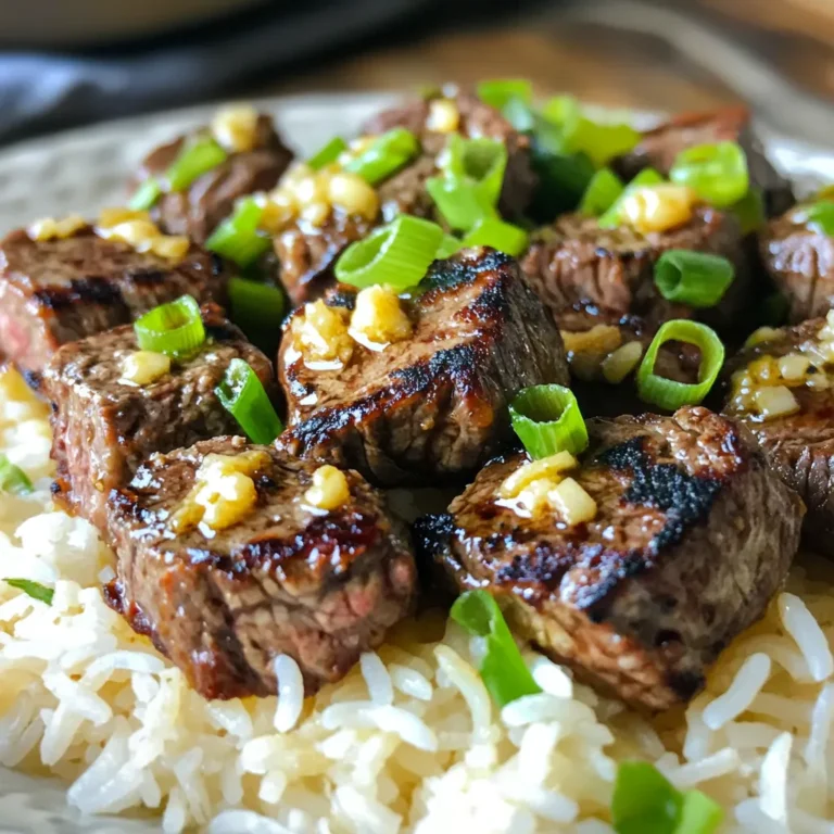 - 1 lb (450g) sirloin steak - 4 tablespoons unsalted butter - 4 cloves garlic - Smoked paprika - Dried thyme - Soy sauce (optional) - 2 cups cooked jasmine rice - Green onions for garnish - Salt and pepper For this dish, I use sirloin steak for its rich flavor and tenderness. The butter adds a creamy touch, while minced garlic gives that robust kick. You can adjust the amount of garlic to fit your taste. I love using smoked paprika because it adds depth without heat. Dried thyme brings a fresh, herbaceous note that complements the steak well. When it comes to serving, I always opt for jasmine rice. It’s fluffy and pairs perfectly with the buttery sauce. The green onions add a nice crunch and a pop of color on top. If you like a bit more umami, drizzle some soy sauce over the steak bites before serving. Remember, seasoning your steak well is key. A little salt and freshly ground black pepper go a long way. Make sure to coat those steak cubes evenly. This ensures each bite bursts with flavor. Enjoy cooking and savoring this delicious meal! First, we start with the sirloin steak. Cut it into 1-inch cubes. Place the cubes in a mixing bowl. Season them well with smoked paprika, dried thyme, salt, and freshly ground black pepper. Make sure each cube gets a good coat of seasoning. This step is key for great flavor. Next, grab a large skillet and set it over medium-high heat. Add 2 tablespoons of unsalted butter to the pan. Wait for the butter to melt and foam up a bit. This means it’s hot and ready. Carefully place the seasoned steak cubes in the pan. Do not overcrowd them; this helps them sear well. Cook each side for 2-3 minutes. You want a nice golden-brown crust. For the best taste, aim for medium-rare. After the steak reaches your desired doneness, lower the heat to medium-low. Push the steak to one side of the skillet. On the other side, add the remaining 2 tablespoons of butter and minced garlic. Sauté the garlic for about 30 seconds. You want it fragrant and lightly golden but not burned. Gently mix the steak cubes into the garlic butter. If you like, drizzle soy sauce over the top for extra flavor. Now, it’s time to serve! Create a bed of warm jasmine rice on each plate. Spoon the garlic butter steak bites over the rice. Don’t forget the buttery sauce from the skillet! Finally, sprinkle sliced green onions on top. This adds a fresh touch that brightens the dish. Enjoy your meal! To get the perfect sear on your steak bites, start with a hot pan. Heat your skillet over medium-high heat. Add two tablespoons of butter and let it bubble. The butter should sizzle when you add the steak. This sound means it is hot enough. Cook the steak cubes in one layer. Avoid crowding the pan to achieve that golden crust. For doneness, I recommend medium-rare. This keeps the meat tender and juicy. Use a meat thermometer to check the internal temperature. Aim for about 130°F (54°C) for medium-rare. Let the steak rest a few minutes after cooking. This helps lock in the juices. To boost the flavor, try adding spices. A pinch of chili flakes can add heat. You can also mix in some cumin for a warm taste. Experiment with smoked paprika to give it depth. Fresh herbs can really elevate your dish. Try adding chopped parsley or cilantro right before serving. This adds a fresh touch and brightens the flavors. For a beautiful plate, use shallow bowls. Start with a mound of fluffy jasmine rice. Spoon the garlic butter steak on top. Drizzle some melted butter around the edge for an elegant look. Garnish with sliced green onions for color. You can also add lime wedges on the side. This adds brightness and a zesty kick. A sprinkle of chili flakes can add a pop of color as well. This makes your meal not only tasty but also visually appealing. {{image_4}} You can easily swap the sirloin with chicken or shrimp. Chicken thighs work great due to their juicy texture. Simply cut them into bite-sized pieces and season them like the steak. For shrimp, use peeled, deveined ones. Cook them for about 2-3 minutes until they turn pink. If you prefer a vegetarian option, try using mushrooms or tofu. Portobello mushrooms make a hearty substitute. Cut them into cubes and follow the same cooking steps. Tofu can be pressed and cubed, then sautéed until golden. Want to add some kick? Sprinkle in chili flakes while cooking. Start with a pinch and adjust to your taste. You can also try different marinades. A soy sauce and ginger mix adds a nice Asian twist. Let your protein marinate for 30 minutes before cooking for deeper flavor. Another option is to use herbs like rosemary or oregano instead of thyme. Each herb brings its own unique taste. Feel free to mix and match to find your favorite combination. While jasmine rice is fluffy, you can switch it out for other grains. Brown rice adds a nutty flavor and is more filling. Quinoa is another great choice; it’s packed with protein and cooks quickly. You can also add vegetables to your rice. Stir in peas, carrots, or bell peppers while it cooks. You can steam them or sauté them beforehand. This not only adds color but boosts nutrition too. To store your leftover steak bites, let them cool first. Place them in an airtight container. This keeps moisture in and prevents drying out. You can keep them in the fridge for up to three days. When reheating, use a skillet over medium heat. Add a little butter to keep them juicy. Stir occasionally until heated through. You can freeze steak bites for up to three months. Place them in a single layer on a baking sheet. Freeze them for about an hour, then transfer to a freezer-safe bag. This method helps keep them from sticking together. When it's time to eat, thaw them overnight in the fridge. Reheat in a pan for the best texture and flavor. In the fridge, steak bites last about three days. If you notice any off smells, or a slimy texture, it's time to toss them. Always trust your senses. Proper storage keeps your meal safe and tasty. Enjoy every bite while it's fresh! To cook steak to medium-rare, you need to focus on time and heat. First, heat your skillet to medium-high. Add the steak cubes and sear them for about 2-3 minutes on each side. Use a meat thermometer to check the internal temperature. It should be around 130°F (54°C) for perfect medium-rare. Remember, the steak will continue to cook a bit after you take it off the heat. So, if you want it tender, don't overcook it. Yes, you can use other steak cuts for this dish. Good options include ribeye, tenderloin, or flank steak. Each cut brings its own flavor and texture. Ribeye has great marbling, making it juicy. Tenderloin is lean and very tender. Flank steak is flavorful and works well if sliced thinly against the grain. Choose the cut you like best for your garlic butter steak bites. You can serve many side dishes with garlic butter steak bites. Steamed broccoli or green beans add a nice crunch and color. A simple salad with mixed greens pairs well, too. For a heartier option, try mashed potatoes or baked potatoes. As for drinks, a glass of red wine complements the flavors nicely. You can also serve iced tea or lemonade for a refreshing touch. This blog post guided you through cooking garlic butter steak bites. We covered important ingredients, step-by-step cooking, and helpful tips. Remember to season your steak well and choose the right doneness for the best taste. Explore flavor variations and enjoy trying different proteins or rice types. Don’t forget proper storage for any leftovers. Enjoy delicious meals with a bit of creativity! With these tips, you can easily impress your guests or family with a great dish. Cooking can be fun and satisfying when you know what to do.