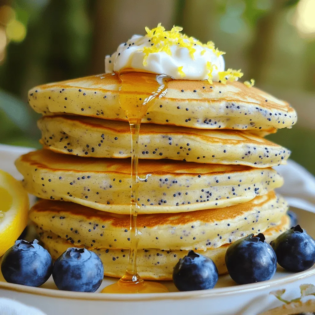 To make these lemon poppy seed yogurt pancakes, you will need: - 1 cup all-purpose flour - 2 tablespoons poppy seeds - 1 tablespoon baking powder - 1/2 teaspoon baking soda - 1/4 teaspoon salt - 1 cup plain yogurt (Greek or regular) - 1 large egg - 1/4 cup milk (or almond milk) - Zest of 1 fresh lemon - 2 tablespoons fresh lemon juice - 2 tablespoons honey or maple syrup (optional for sweetness) - Butter or oil for cooking These ingredients bring together a bright flavor and moist texture. Each one plays a role in creating fluffy, delicious pancakes. If you want to sweeten your pancakes, you have a few choices: - Honey: Adds a floral note and pairs well with lemon. - Maple Syrup: Gives a rich, earthy flavor. - Agave Nectar: A lighter sweetener that blends well. - Stevia: A sugar-free option for a sweet touch without calories. Feel free to adjust the sweetness to your liking. A little goes a long way! To make these pancakes, gather the following tools: - Mixing bowls: One large and one medium. - Whisk: For mixing the wet ingredients and dry ingredients. - Spatula: To gently fold the batter and flip the pancakes. - Non-stick skillet or griddle: For cooking the pancakes. - Measuring cups and spoons: To measure the ingredients accurately. Having the right equipment makes the process smooth and fun. You can enjoy cooking and create a tasty breakfast! Start with a large mixing bowl. Add 1 cup of all-purpose flour, 2 tablespoons of poppy seeds, 1 tablespoon of baking powder, 1/2 teaspoon of baking soda, and 1/4 teaspoon of salt. Use a whisk to blend these dry ingredients well. Make sure there are no lumps. This step sets the base for your pancakes. In a medium bowl, mix together 1 cup of plain yogurt, 1 large egg, and 1/4 cup of milk. You can use almond milk if you prefer. Then add the zest of 1 fresh lemon and 2 tablespoons of fresh lemon juice. If you like it sweet, add 2 tablespoons of honey or maple syrup. Whisk until the mix is smooth and creamy. Now, carefully pour the wet mix into the bowl of dry ingredients. Use a spatula to stir gently. It’s okay if the batter has a few lumps. Do not overmix! This keeps your pancakes light and fluffy. Preheat a non-stick skillet or griddle over medium heat. Add a small amount of butter or oil to coat the surface. For each pancake, pour 1/4 cup of batter onto the skillet. Cook for about 2-3 minutes. You’ll see bubbles form on the surface, and the edges should look set. Flip the pancakes with a spatula and cook for another 1-2 minutes until they are golden brown. Repeat with the rest of the batter, adding more butter or oil as needed. Serve warm with honey or maple syrup, and enjoy! For fluffy pancakes, do not overmix the batter. You want some lumps. They help keep the pancakes light. Use room temperature ingredients. This makes it easier to mix and enhances the rise. Also, try adding a little more yogurt if your batter seems too thick. If your pancakes stick to the pan, ensure it’s hot enough. You can test by dropping a bit of water; it should sizzle. If they burn quickly, lower the heat. For dense pancakes, check your baking powder. It should be fresh for the best results. Cook your pancakes on medium heat. This gives them time to rise and brown nicely. Too high and they burn. Too low and they become soggy. Use a non-stick skillet for easy flipping. Add a little butter or oil each time you cook a new pancake. This keeps them from sticking and adds flavor. {{image_4}} You can change the flour type to make these pancakes even better. Try whole wheat flour for extra fiber. It gives a nice nutty taste. You can also use almond flour for a gluten-free option. Just remember, almond flour makes the pancakes denser. If you want lighter pancakes, use oat flour. Oat flour is easy to make by blending rolled oats. Adding fruits can take these pancakes to the next level. Blueberries are a classic choice. They burst with flavor and add sweetness. You can toss in sliced bananas for a creamy texture. Or, try diced apples for a crunchy bite. If you like tropical flavors, add crushed pineapple. Just make sure to drain any extra juice to keep the batter thick. You can easily make these pancakes vegan. Replace the egg with a flax egg. To make a flax egg, mix one tablespoon of ground flaxseed with three tablespoons of water. Let it sit for a few minutes until it thickens. Use plant-based yogurt instead of regular yogurt. Almond or coconut yogurt works well. For milk, use almond milk or oat milk. This way, everyone can enjoy these tasty pancakes! To store leftover pancakes, let them cool down. Once cool, stack them on a plate. Place parchment paper between each pancake to keep them from sticking. Cover the stack with plastic wrap or foil. You can also place them in an airtight container. They will stay fresh in the fridge for about three days. To reheat your pancakes, you have a few options. The microwave is quick and easy. Place a couple of pancakes on a microwave-safe plate. Heat them for about 20-30 seconds. You can also use a skillet. Heat the skillet on medium and cook each pancake for about one minute on both sides. This method gives them a nice crisp outside. Freezing is a great way to keep pancakes for longer! Start by cooling them completely. Then, layer the pancakes with parchment paper in a freezer-safe bag. Squeeze out any extra air before sealing. You can freeze them for up to two months. To enjoy, just reheat them directly from the freezer using the microwave or skillet method. Yes, you can make these pancakes ahead of time. To do this, cook the pancakes and let them cool. Place them in an airtight container. You can store them in the fridge for up to three days. When you want to eat them, reheat in the microwave or toaster. This keeps them tasty and fresh! If you do not have yogurt, you can use buttermilk or sour cream. Both options keep the pancakes moist and tasty. You can also try dairy-free yogurt if you prefer a vegan option. Just ensure it has a similar thickness to regular yogurt for the best results. To make pancakes fluffier, try these tips: - Use fresh baking powder. This helps pancakes rise better. - Do not overmix the batter. Stir until just combined for a lighter texture. - Let the batter sit for a few minutes before cooking. This can help with fluffiness too. By following these tips, you will enjoy light and fluffy pancakes every time! You learned about making great pancakes, from ingredients to storage. We covered sweetener options, essential equipment, and step-by-step cooking. Tips to perfect texture and troubleshoot issues help you succeed. You can try variations with different flours or fruits too. Remember to store and reheat pancakes for future meals. Enjoy your pancake journey! Be creative and have fun with each batch you make.