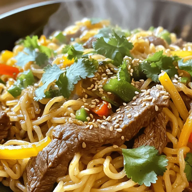 To make Garlic Sesame Beef Noodles, you need some key items. Here’s the list: - 8 oz (225g) rice noodles - 8 oz (225g) flank steak, thinly sliced against the grain - 3 tablespoons soy sauce, divided - 2 tablespoons sesame oil, divided - 4 cloves garlic, minced - 1 tablespoon fresh ginger, grated - 2 green onions, chopped (white and green parts separated) - 1 bell pepper, julienned (red or yellow adds color) - 1 tablespoon sesame seeds (toasted for flavor) - Salt and pepper to taste - Fresh cilantro leaves, for garnish Each ingredient plays a role. The rice noodles serve as the base. Flank steak brings protein. Soy sauce adds umami, while sesame oil gives depth. Garlic and ginger provide strong flavors. Green onions and bell pepper add crunch and color. You can add a few garnishes to make your dish shine. Here are some suggestions: - Extra green onions, chopped - More sesame seeds, toasted - Red pepper flakes for heat - Lime wedges for a zesty kick These garnishes enhance taste and make your dish look great. They also add freshness. Having the right tools helps you cook better. Here’s what you need: - Large pot for boiling noodles - Large skillet or wok for stir-frying - Mixing bowl for marinating beef - Cutting board and knife for chopping - Tongs or spatula for stirring These tools make the cooking process smooth. They help you create a delicious meal without fuss. To start, boil a large pot of water. Once it bubbles, add 8 oz of rice noodles. Cook them by the package guide until they are al dente. This usually takes about 4 to 6 minutes. Drain the noodles and rinse them under cold water. This stops the cooking and helps keep them firm. Set the noodles aside to use later. Next, take 8 oz of flank steak and slice it thinly against the grain. In a mixing bowl, combine the beef with 2 tablespoons of soy sauce, 1 tablespoon of sesame oil, and a pinch of salt and pepper. Mix it well. Let this sit for at least 15 minutes. This gives the beef time to soak up the flavors. Now, heat 1 tablespoon of sesame oil in a large skillet over medium-high heat. Once hot, add 4 cloves of minced garlic and 1 tablespoon of grated ginger. Stir them constantly for about 30 seconds. You want them fragrant but not burnt. Next, add the marinated beef to the skillet. Cook it for 3-4 minutes, stirring often, until the beef is browned. Once done, take the beef out and set it aside. In the same skillet, without cleaning it, add 1 julienned bell pepper and the white parts of 2 chopped green onions. Stir-fry for 2-3 minutes. You want the bell pepper tender yet crisp. This keeps the dish colorful and fresh. Return the cooked beef to the skillet. Pour in the remaining 1 tablespoon of soy sauce and add the cooked noodles. Toss everything together for about 2 minutes. This warms up the dish and blends all the flavors nicely. Once mixed, sprinkle toasted sesame seeds over the dish. Garnish with fresh cilantro leaves. Serve the noodles in deep bowls. Arrange them to show off the bright colors of the veggies. Enjoy with chopsticks for a fun touch. This dish is not just tasty; it looks great too! To cook the rice noodles just right, start with boiling water. Once it bubbles, add the noodles. Check the package for cooking time. They should be al dente, not mushy. After cooking, drain the noodles and rinse them under cold water. This stops the cooking process and keeps them firm. You can boost the flavor with a few simple swaps. Try adding chili flakes for heat. If you prefer a sweeter taste, mix in a splash of honey or sugar. You can also swap the flank steak for chicken or tofu. For a different taste, use coconut aminos instead of soy sauce. This keeps it soy-free and adds a unique flavor. Slicing beef correctly makes a big difference. Always slice against the grain. This keeps it tender and easy to chew. Use a sharp knife for clean cuts. Aim for thin slices, about 1/4 inch thick. This helps the beef cook quickly and evenly. Marinating the beef also helps make it soft and flavorful. {{image_4}} You can easily make this dish vegetarian or vegan. Swap the flank steak for tofu or tempeh. Both options soak up flavor well. Use the same marinade for these proteins. Cook them until golden brown for a nice texture. Replace the soy sauce with a gluten-free version if needed. You can also add mushrooms for a meaty flavor. If you want to change the protein, try chicken or shrimp. Thinly slice chicken breast and follow the same steps as the beef. For shrimp, use peeled and deveined shrimp. Cook them until they turn pink. Each protein gives a new taste to the dish. You can even mix proteins for a fun twist! Get creative with your veggies! You can add broccoli, snap peas, or carrots. Just chop them into bite-sized pieces. Stir-fry them for a few minutes before adding the beef. You can even toss in some baby corn or bok choy for variety. This way, you can enjoy a colorful and healthy meal. After enjoying your Garlic Sesame Beef Noodles, you may have some left. To keep them fresh, let the dish cool down first. Store it in an airtight container. Place it in the fridge if you plan to eat it within the next few days. This method helps the flavors stay vibrant. When it's time to eat again, you can easily reheat your noodles. Use a microwave-safe bowl. Add a splash of water to prevent them from drying out. Heat in short bursts, stirring in between. If you prefer, you can reheat in a skillet. Add a bit of oil, toss in the noodles, and stir until warm. If you want to save the dish for later, you can freeze it. Place cooled noodles in a freezer-safe bag. Squeeze out as much air as possible before sealing. When you're ready to eat, take them out of the freezer. Let them thaw in the fridge overnight. Heat them as mentioned above for a quick meal. Enjoying this dish later can be just as tasty! Yes, you can use different noodles. Rice noodles work great for this dish. You can also try egg noodles or udon for a different bite. Each type adds a unique flavor and texture. Just remember to adjust the cooking time based on the noodles you choose. This dish is not very spicy. You can easily adjust the heat. If you like it spicy, add some red pepper flakes or a drizzle of hot sauce. You can also use spicy soy sauce for an extra kick. Start with a little, taste, and add more if needed. Garlic Sesame Beef Noodles pair well with many sides. Try a fresh salad with crunchy veggies. Steamed broccoli or bok choy also makes a good match. If you want more flavor, serve these noodles with some sesame cucumber salad. It adds a nice crunch and coolness! In this post, we explored how to make Garlic Sesame Beef Noodles. We covered the main ingredients, cooking steps, and tips for perfect results. You can choose from various proteins and veggie options. Proper storage helps keep leftovers fresh. This dish offers great flavor and is easy to customize. Enjoy your cooking experience and make it your own!