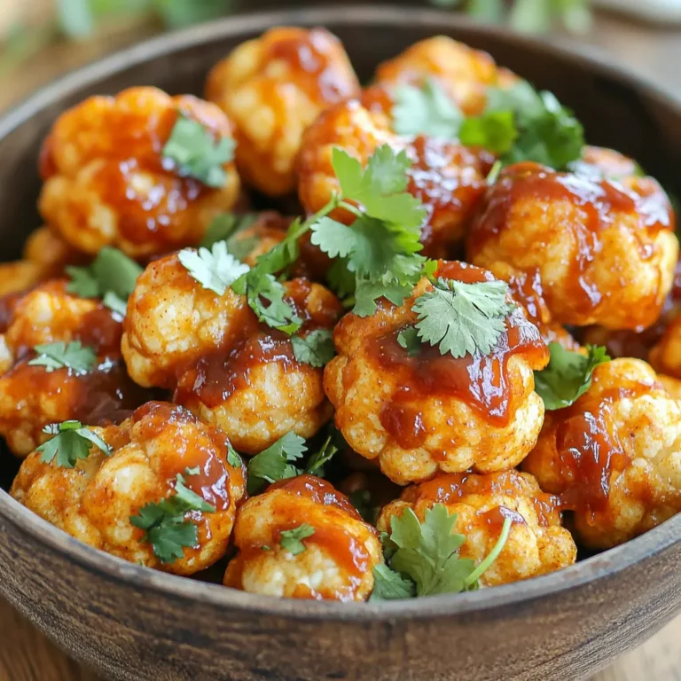 - Cauliflower florets - All-purpose flour (or gluten-free option) - Unsweetened plant-based milk Cauliflower is the star of this dish. Choose a medium head for the best bite-sized florets. All-purpose flour helps create a crispy coating. If gluten is a concern, use a gluten-free flour. The unsweetened plant-based milk helps the batter stick and keeps it tasty. - Garlic powder - Onion powder - Paprika and smoked paprika - Salt and black pepper Seasoning makes all the difference. Garlic powder and onion powder add depth of flavor. Paprika gives a nice color and a hint of sweetness. Smoked paprika brings a rich, smoky taste. Salt and black pepper enhance the overall flavor and balance it out. - BBQ sauce - Olive oil for coating and spraying - Fresh herbs for garnish BBQ sauce is what makes these wings shine. Choose your favorite brand or homemade sauce. Olive oil helps the wings crisp up nicely in the air fryer. Fresh herbs, like cilantro or parsley, add a pop of color and freshness. They make the dish look and taste even better. First, preheat your air fryer to 400°F (200°C). This step is key for great results. Preheating helps the wings cook evenly. It takes about 5 minutes, so plan accordingly. Next, we will prepare the coating. In a large bowl, mix together these dry ingredients: - 1 cup all-purpose flour (or gluten-free flour) - 1 teaspoon garlic powder - 1 teaspoon onion powder - 1 teaspoon paprika - 1 teaspoon smoked paprika - ½ teaspoon salt - ½ teaspoon black pepper Whisk them well until they blend into one mixture. Now, slowly add 1 cup of unsweetened plant-based milk. Stir until you get a smooth batter. The right thickness is important; it should cling to the florets without dripping. Now for the fun part! Take each cauliflower floret and dip it into the batter. Make sure it gets fully coated. Shake off any extra batter. This keeps the wings from being too thick. Place the coated florets in the air fryer basket. Make sure to leave space between them. This allows hot air to circulate and makes them crispy. Depending on your air fryer, you may need to cook in batches. Before you start air frying, lightly spray the wings with olive oil. This helps them crisp up even more. Set the timer for 12 to 15 minutes. Remember to shake the basket halfway through. This helps them brown evenly. Once they turn golden brown, take them out. Now, place them in a large bowl and pour your favorite BBQ sauce over them. Toss gently to coat every piece. For the final touch, return the wings to the air fryer for another 3 to 5 minutes. This helps the BBQ sauce caramelize and adds more flavor. After that, you can serve these crispy delights hot and enjoy their amazing taste! To get those tasty, crispy wings, use olive oil spray. This spray helps the batter crisp up nicely. Just a light mist will do. Another key point is shaking the basket while cooking. This step spreads the heat evenly and makes sure all sides get crispy. Give the basket a shake halfway through cooking. BBQ sauce can change the whole taste. I suggest trying a sweet BBQ for a rich flavor. If you like heat, go for a spicy version. You can also mix in some honey or hot sauce to your BBQ sauce for a twist. For an extra kick, add more garlic or onion powder to the batter. This lets you make the flavor your own. A common mistake is overcrowding the air fryer basket. If you pack in too many florets, they won’t cook evenly. It’s best to cook in batches. Another mistake is not getting the batter right. If it’s too thick, it won’t stick. If it’s too thin, it won’t coat well. Aim for a smooth consistency that clings to the cauliflower. {{image_4}} To make your BBQ cauliflower wings even more exciting, try different seasonings. You can swap out the spices for a zesty kick. Here are a few ideas: - Cajun Seasoning: Adds heat and a bold flavor. - Buffalo Sauce: For a spicy twist, use this instead of BBQ sauce. - Italian Herbs: Mix in oregano and basil for a fresh taste. You can also explore sauces beyond BBQ. Here are some fun options: - Honey Mustard: Sweet and tangy for a unique flavor. - Teriyaki Sauce: A sweet glaze that adds an Asian flair. - Ranch Dressing: Drizzle after cooking for a creamy finish. If you need gluten-free options, swap all-purpose flour for gluten-free flour. This simple change keeps the wings crispy and delicious. For those following a vegan diet, ensure your BBQ sauce is plant-based. It’s easy to find great options in stores. For low-carb choices, use almond flour instead of regular flour. This keeps the wings crunchy while lowering carbs. You can also skip the batter and roast the florets with your favorite spices. This keeps it simple and still tasty. When it comes to pairing sides, think about crunchy veggies or fresh salads. Here are some perfect companions: - Carrot Sticks: They add crunch and a refreshing taste. - Celery Sticks: A classic choice that pairs well with wings. - Coleslaw: Creamy and tangy, it balances the flavors. You can serve these cauliflower wings as a snack or appetizer. Try putting them in a taco with fresh veggies. They also go great on a platter with dips. This way, everyone can enjoy them at parties or game nights. To store cooked cauliflower wings, let them cool first. Place them in an airtight container. You can keep them in the fridge for up to 3 days. To maintain texture, try not to stack the wings. This helps keep them crispy. For best results, reheat in the air fryer. Set it to 350°F (175°C) and air fry for about 5-7 minutes. This method helps restore the crispiness. If you don’t have an air fryer, you can use an oven. Preheat the oven to 350°F (175°C) and bake for 10-15 minutes until heated through. You can freeze both uncooked and cooked cauliflower wings. For uncooked wings, place them in a single layer on a baking sheet. Freeze until solid, then transfer to a freezer bag. For cooked wings, let them cool and place them in an airtight bag. To thaw, leave them in the fridge overnight. Reheat in the air fryer or oven as mentioned above. I recommend air frying cauliflower wings for 12-15 minutes. This timing gives you a nice, crispy texture. Make sure to shake the basket halfway through. This helps them cook evenly. If you like them extra crispy, you can add a few more minutes. Just keep an eye on them. Yes, you can cook frozen cauliflower wings in the air fryer! Start by preheating the air fryer. Set it to 400°F (200°C). Cook for about 15-20 minutes. You may need to shake the basket a couple of times. This ensures they cook through. Frozen wings may take a little longer than fresh ones, so be patient. I love serving BBQ cauliflower wings with a variety of dips. Here are a few great options: - Ranch dressing for a creamy touch - Blue cheese dressing for bold flavor - A spicy aioli for some heat - Hummus for a healthy twist Try different sauces to find your favorite pairing! This blog post covered the essentials for making delicious cauliflower wings in the air fryer. You learned about the main ingredients, seasonings, and finishing touches you need. I shared step-by-step instructions for prep and cooking, along with tips for achieving that perfect crisp. Don’t forget the variations you can try to customize flavors. Storing and reheating tips were also included to keep your wings fresh. Enjoy experimenting with different flavors and techniques for tasty, healthy snacks!