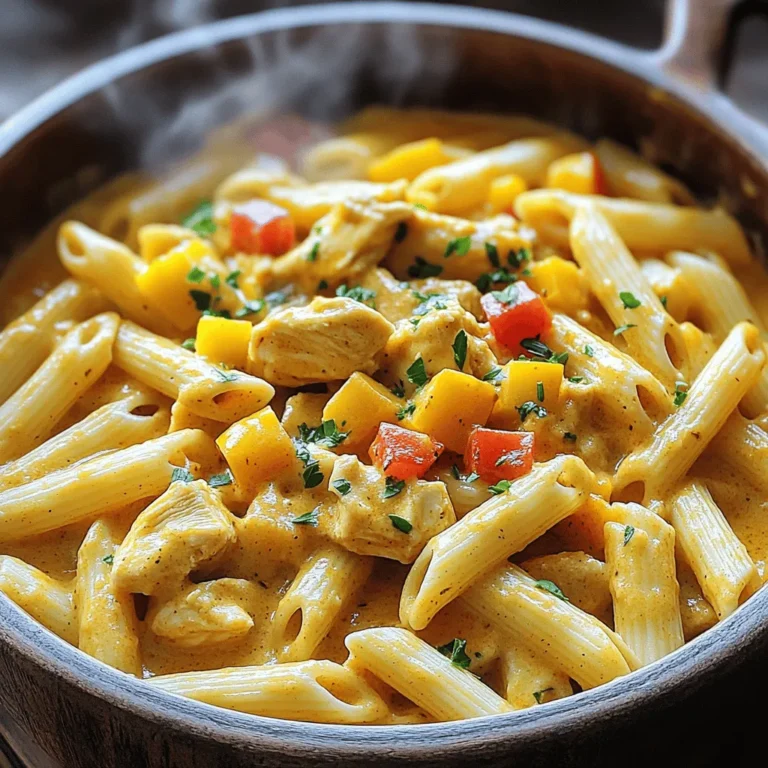- 450 g diced chicken breast - 225 g penne pasta - 950 ml chicken broth - 240 ml heavy cream - 100 g grated Parmesan cheese - 2 tablespoons olive oil - 1 teaspoon Cajun seasoning - 1 bell pepper (red or yellow), diced - 1 small onion, finely chopped - 3 garlic cloves, minced - Salt and pepper to taste - Fresh parsley for garnish To create a One Pot Creamy Cajun Chicken Pasta, you need some key ingredients. First, the chicken. I use 450 g of diced chicken breast. This tender meat cooks well and absorbs the Cajun flavors. Next, we need 225 g of penne pasta. Penne holds the sauce well, making every bite tasty. For the base, I rely on 950 ml of chicken broth. It adds rich flavor and moisture to our dish. For creaminess, I use 240 ml of heavy cream. This gives the pasta a rich texture and a smooth finish. Don't forget the 100 g of grated Parmesan cheese. It melts beautifully, adding depth to the flavors. Now, let’s talk about seasonings and veggies. I start with 2 tablespoons of olive oil for sautéing. Then, I add 1 teaspoon of Cajun seasoning for that kick. A diced bell pepper, either red or yellow, adds color and sweetness. I also include 1 small onion, finely chopped, for a savory base. Three minced garlic cloves will give us that aromatic boost. Finally, I season with salt and pepper to taste. Fresh parsley serves as a lovely garnish, bringing brightness to the dish. Each ingredient plays a role in crafting this flavorful delight. - Heat 2 tablespoons of olive oil in a large pot over medium-high heat. - Season 450 g of diced chicken breast with 1 teaspoon of Cajun seasoning, salt, and pepper. - Add the chicken to the pot and sauté for 5-7 minutes. - Cook until the chicken turns golden brown. - Once the chicken is done, remove it and set it aside. - In the same pot, add 1 diced bell pepper, 1 small finely chopped onion, and 3 minced garlic cloves. - Sauté the vegetables for about 3-4 minutes until they soften. - Add 225 g of penne pasta and 950 ml of chicken broth to the pot. - Stir well and bring the mixture to a boil. - Once boiling, cover the pot and reduce the heat. Let it simmer for 10 minutes, stirring occasionally. - When the pasta is al dente, stir in 240 ml of heavy cream. - Return the cooked chicken to the pot. - Gradually mix in 100 g of grated Parmesan cheese until the dish is creamy and well blended. - Taste and adjust seasoning if needed. This dish combines bold flavors with simple steps, making it fun to prepare. Enjoy each bite of this creamy delight! To make your One Pot Creamy Cajun Chicken Pasta even better, consider these tips: - Add a pinch of cayenne pepper for extra heat. - Try adding smoked paprika for a deep flavor. - A dash of hot sauce can give it a kick. You can adjust the seasoning to your taste. If you want more spice, add more Cajun seasoning. Taste it as you go. This way, you get the perfect flavor. For garnishes, fresh parsley adds a great touch. You can also sprinkle more Parmesan cheese on top. This makes your dish look nice and taste better. Pair this pasta with a simple green salad. A side of garlic bread also complements the meal well. If you like, serve it with some roasted vegetables for added nutrition. You can use any pasta you like for this dish. Penne works well, but farfalle or fusilli are great too. Just adjust the cooking time based on the pasta type. To make this in a slow cooker, cook the chicken first. Then add the other ingredients. Let it cook on low for about 4 hours. If you use an Instant Pot, cook for 5 minutes on high pressure. Quick-release the steam, then stir in the cream and cheese. This gives you a creamy and delicious meal in no time. {{image_4}} You can switch the chicken for shrimp or sausage. Shrimp cooks fast, so add it near the end. Sausage needs more time, so cook it first. If you prefer a vegetarian meal, use chickpeas or tofu. Trim cooking time for these proteins as they need less time to cook. Try adding seasonal veggies like zucchini or spinach. These add color and nutrition. Chop them and toss them in with the chicken. You can also stir them in during the last few minutes of cooking. This way, they stay bright and fresh. You can use different cheeses, like mozzarella or feta. This changes the flavor and texture. If you want a lighter dish, swap heavy cream for almond or coconut milk. These dairy-free options work well and keep the dish creamy. To keep your One Pot Creamy Cajun Chicken Pasta fresh, store it in the fridge. Use airtight containers for best results. This dish lasts about 3 to 4 days in the fridge. If you need to keep it longer, freezing is a great option. Place the pasta in freezer-safe bags and remove as much air as possible. It can last up to 3 months in the freezer. When it's time to enjoy leftovers, reheating is easy. You can use the stove or microwave. If using the stove, place the pasta in a pan with a splash of chicken broth. Heat over low heat, stirring gently. If using the microwave, cover the dish with a damp paper towel. Heat it in short bursts, stirring in between. To keep the creaminess intact, add a little extra cream or broth while reheating. This helps restore the dish's smooth texture. Avoid high heat; it can make the sauce separate. Enjoy every bite, just like the first time! To make this dish gluten-free, use gluten-free penne pasta. Many brands offer great options. Check the cooking time, as it may differ from regular pasta. You can also check labels on chicken broth to ensure it's gluten-free. Yes, you can add more heat! Use extra Cajun seasoning for a bolder taste. You can also add red pepper flakes or diced jalapeños while cooking. If you want it really hot, try using a spicy sausage instead of chicken. If you need a substitute for heavy cream, use half-and-half or whole milk mixed with a bit of cornstarch. Coconut milk is a good option too. Each choice will slightly change the flavor but will still give a creamy texture. This recipe makes about four servings. Each serving is filling and perfect for a family meal. You can easily adjust the recipe for more people by doubling the ingredients. This article guides you through making a delicious One Pot Creamy Cajun Chicken Pasta. You learned about key ingredients, cooking steps, and tips for flavor and storage. I encourage you to try different proteins and veggies for your personal touch. Remember, every meal can be an adventure in flavor. Enjoy your cooking journey!