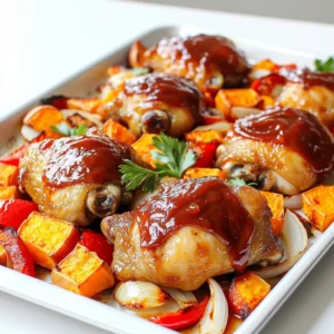 - 4 chicken thighs, bone-in and skin-on - 2 large sweet potatoes, peeled and cut into 1-inch cubes - 1 red bell pepper, thinly sliced - 1 yellow onion, thinly sliced To make this dish, I love using chicken thighs. They stay juicy and flavorful. Sweet potatoes bring a natural sweetness and creaminess. The red bell pepper and yellow onion add vibrant color and crunch. Together, they create a beautiful and hearty meal. - 1 cup of your favorite BBQ sauce (more for glazing) - 2 tablespoons extra virgin olive oil - 1 teaspoon garlic powder - 1 teaspoon onion powder - 1 teaspoon smoked paprika - Salt and freshly ground black pepper, to taste The BBQ sauce gives the chicken a rich, smoky flavor. I use olive oil to help the spices stick. Garlic powder and onion powder add depth to the taste. Smoked paprika brings warmth and a slight kick. Salt and pepper help enhance all the flavors. - Fresh parsley, chopped, for garnish (optional) I love to add fresh parsley as a garnish. It adds a pop of green and freshness. It makes the dish look appealing and brightens the flavor. You can skip it if you prefer, but it’s a nice touch! Preheating the Oven Start by setting your oven to 425°F (220°C). This temperature helps the chicken and sweet potatoes cook evenly. Preheating is key for great roasting. Preparing the Vegetables Grab a large bowl and add two cubed sweet potatoes, one sliced red bell pepper, and one sliced yellow onion. Drizzle 2 tablespoons of extra virgin olive oil over the veggies. Sprinkle in salt, pepper, garlic powder, onion powder, and smoked paprika. Mix well until all pieces are coated. This will add great flavor to your dish. Coating the Chicken In the same mixing bowl, place four bone-in, skin-on chicken thighs. Pour in most of your favorite BBQ sauce. Save a bit for glazing later. Make sure the chicken is well-coated in the sauce. This step adds a smoky taste and keeps the chicken juicy. Arranging on the Sheet Pan Spread the seasoned vegetables evenly on a large baking sheet. Next, nestle the coated chicken thighs among the veggies. Make sure not to overcrowd the pan. This helps everything roast nicely. Cooking Time and Temperature Put the sheet pan in the preheated oven. Bake for 25-30 minutes. Check that the chicken reaches an internal temperature of 165°F (74°C). The sweet potatoes should be fork-tender. Glazing the Chicken About five minutes before the cooking time ends, take the pan out of the oven. Brush the chicken with the reserved BBQ sauce. This creates a delicious caramelized finish that adds depth to the dish. Once cooked, let everything rest for a few minutes before serving. Enjoy your meal! Avoiding Overcrowding When making sheet-pan BBQ chicken, space is key. If you pack the pan too tight, the heat can't flow. This means your chicken and veggies might not cook evenly. To prevent this, spread the sweet potatoes, bell peppers, and onions out in a single layer. Give them room to breathe. If you need to make more, use a second pan. Checking for Doneness Always check if the chicken is done. The best way is to use a meat thermometer. Insert it into the thickest part of the chicken. It should read 165°F (74°C). The sweet potatoes should be fork-tender. If they are soft and the chicken is golden, you are good to go! Recommended BBQ Sauces For the best flavor, choose a BBQ sauce you love. You can go for sweet, spicy, or smoky. Some favorites are hickory, honey BBQ, or even a spicy chipotle. Feel free to mix and match sauces for a unique taste. Additional Seasonings Add extra spices for more flavor. A pinch of cayenne can add heat. You can also toss in some dried herbs like thyme or oregano. Experiment with flavors that you enjoy. Each tweak can give your dish a new twist! Serving Suggestions Serve your chicken and sweet potatoes on a large platter. This makes it look nice and inviting. You can drizzle a bit more BBQ sauce over the top for extra flavor. Add a sprinkle of fresh parsley for color. This makes your meal pop! Arranging for Visual Appeal When you arrange the food, think about colors and shapes. Place the chicken in the center and surround it with the veggies. This way, it looks balanced. Use contrasting colors like bright peppers against the orange sweet potatoes. A well-arranged dish makes everyone excited to eat! {{image_4}} Different Proteins You can change the chicken thighs for other meats. Try chicken breast for a leaner option. Pork chops also work well. If you prefer beef, use flank steak. For seafood lovers, shrimp can be a tasty choice. Alternative Vegetables Feel free to swap out the sweet potatoes and bell peppers. Carrots or zucchini can add a new flavor. Broccoli or Brussels sprouts are great choices for a different twist. Use what you have on hand for easy meal prep. Adding Heat Want some spice? Add jalapeños or red pepper flakes to the mix. Hot BBQ sauce can kick up the flavor. A dash of cayenne pepper also works wonders. Smoky Flavor Options To enhance the smoky taste, try adding liquid smoke to your BBQ sauce. You can also use smoked salt for a deeper flavor. Smoked paprika is already in the recipe, but feel free to add more if you love that taste. Gluten-Free Substitutions For a gluten-free version, make sure your BBQ sauce is gluten-free. You can also use gluten-free soy sauce if you want a different flavor. Always check labels for hidden gluten in ingredients. Vegan Options For a vegan meal, swap chicken for tofu or tempeh. Use a plant-based BBQ sauce for the best results. You can also add more veggies to make it hearty and filling. How to Store Leftovers After your meal, let the chicken and sweet potatoes cool. Transfer the leftovers to an airtight container. This keeps them fresh longer. Shelf Life in the Fridge You can store the leftovers in the fridge for up to four days. Make sure to check for any signs of spoilage before enjoying them again. Best Practices for Freezing To freeze, place the cooled chicken and sweet potatoes in freezer-safe bags. Remove as much air as possible before sealing. Label the bags with the date. Reheating Instructions When ready to eat, thaw the meal in the fridge overnight. You can reheat it in the oven at 350°F (175°C) until warm. This helps maintain the flavors and textures. Making Ahead for Busy Days You can prepare the chicken and sweet potatoes ahead of time. Cook them fully and store them in the fridge. This way, you can grab them for quick meals. Portioning for Easy Meals Divide the leftovers into single servings. Use small containers for easy grab-and-go meals. This makes it simple to enjoy your delicious dish throughout the week. Can I use chicken breast instead of thighs? Yes, you can use chicken breast. It may cook faster than thighs. Adjust the cooking time to about 20-25 minutes. Always check for doneness with a meat thermometer. How do I know when the chicken is fully cooked? The chicken is ready when it reaches an internal temperature of 165°F (74°C). Use a meat thermometer for accuracy. The juices should run clear, not pink. Can I substitute other vegetables? Absolutely! You can use any vegetables you like. Try carrots, zucchini, or broccoli. Just ensure they are cut to a similar size for even cooking. How to adjust cooking times for smaller pieces? If you cut the chicken or vegetables smaller, reduce the cooking time. Check them at 15-20 minutes to avoid overcooking. Always ensure they are cooked through. Can I use a different sauce? Yes, feel free to use other sauces. Teriyaki or honey mustard can add a nice twist. Just make sure it pairs well with the chicken. Is this recipe suitable for outdoor grilling? Yes, you can grill the chicken and vegetables. Just use a grill basket for the veggies. Cook the chicken until it reaches the safe temperature, about 15-20 minutes. This blog post covered how to make a delicious meal with chicken thighs, sweet potatoes, and bell peppers. I shared key steps, tips for perfect roasting, and ideas for variations. Finally, remember that tweaking ingredients can add even more flair. Store leftovers safely for later meals. Enjoy creating tasty dishes that suit your taste!