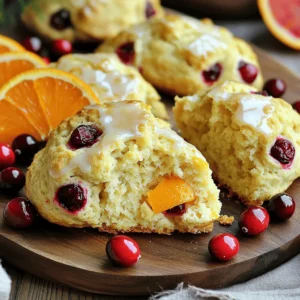- 2 cups all-purpose flour - 1/2 cup granulated sugar - 1 tablespoon baking powder - 1/2 teaspoon salt - 1/2 cup unsalted butter, chilled and cut into small cubes - 1 cup fresh cranberries, halved - Zest of 1 large orange - 1/2 cup heavy cream - 1 large egg, at room temperature - 1 teaspoon vanilla extract To make perfect cranberry orange scones, you need a few key items. First, use all-purpose flour, granulated sugar, baking powder, and salt. These dry items form the base of your scones. Next, chilled unsalted butter is a must. Cut it into small cubes to keep it cold. This helps create a flaky texture. Fresh cranberries add a burst of flavor and color. Halving them lets their juices mix well in the dough. Don't forget the zest of one large orange. It gives a bright taste that pairs perfectly with the cranberries. Finally, for the wet ingredients, heavy cream and a large room temperature egg help bind everything. A teaspoon of vanilla extract adds depth to the flavor. - 1 cup powdered sugar, sifted - 2 tablespoons freshly squeezed orange juice - Zest of 1/2 orange For the glaze, you need powdered sugar, freshly squeezed orange juice, and some zest from half an orange. Sifting the sugar avoids lumps, making the glaze smooth. The juice adds sweetness and tang. The extra zest boosts the flavor even more. - Fresh cranberries - Mint sprigs For a pretty presentation, consider fresh cranberries and mint sprigs. They make your scones look special and festive. Arrange them on a platter to impress your guests. First, preheat your oven to 400°F (200°C). This step is crucial for baking scones. Line a baking sheet with parchment paper. This keeps the scones from sticking and makes cleanup easy. In a large mixing bowl, combine 2 cups of all-purpose flour, 1/2 cup of granulated sugar, 1 tablespoon of baking powder, and 1/2 teaspoon of salt. Whisk these together until they are fully mixed with no lumps. Next, take 1/2 cup of chilled unsalted butter, cut into small cubes. Add this butter to the dry mix. Use your fingers or a pastry cutter to blend it in. You want the mix to look like coarse crumbs, about the size of peas. Keep the butter cold; this helps your scones be flaky. In a small bowl, combine 1/2 cup of heavy cream, 1 large egg, and 1 teaspoon of vanilla extract. Whisk this until it's smooth and combined. Now, fold in 1 cup of halved fresh cranberries and the zest of 1 large orange into the dry mix. Be gentle; you want to avoid overmixing. This keeps the scones tender. Pour your cream mixture into the bowl with the dry ingredients. Stir just until everything is moistened. The dough should look a bit rough but hold together nicely. Transfer your dough to a lightly floured surface. Pat it into a circular disk, about 1 inch thick. Using a sharp knife, cut this disk into 8 equal wedges. Place these wedges on your prepared baking sheet, leaving space between them. Bake the scones for 18 to 20 minutes. They should turn golden brown. To check if they are done, insert a toothpick into the center. It should come out clean. While the scones bake, prepare the glaze. Mix 1 cup of sifted powdered sugar, 2 tablespoons of fresh orange juice, and the zest of 1/2 orange in a small bowl. Whisk until smooth and free of lumps. Once your scones are ready, let them cool for about 5 minutes on the baking sheet. Finally, drizzle the glaze over the warm scones for a tasty finish. Keep your butter chilled. This step is key for flaky scones. If the butter warms, the scones may turn dense. Cut the butter into small cubes and work fast. Avoid overmixing the dough. Mix it until just combined. Overmixing makes the scones tough. You want a light and crumbly texture that is soft inside. Use fresh cranberries for the best taste. Fresh berries offer a tartness that shines in every bite. If you use frozen cranberries, thaw them first. This helps them mix better in the dough. Experiment with different citrus zests. The zest adds a bright flavor. Try lemon or lime for a twist. Each citrus brings its own unique taste and aroma. Achieving the right consistency for the glaze is important. It should be smooth and pourable, not too thick. Adjust with more juice or sugar as needed. Explore flavor variations for the glaze. You can add vanilla or almond extract. A dash of cinnamon can also warm up the flavor. These tweaks can make your scones even more special. {{image_4}} You can switch up the cranberries in this recipe. Blueberries or raspberries work great too. These fruits add a sweet twist. You can also mix in nuts like walnuts or pecans for a crunchy texture. Chocolate chips are another fun option. They add a rich flavor that pairs well with the orange. If you want a healthier scone, try using whole wheat flour. This adds fiber and a nutty taste. You can also cut back on sugar. This change still keeps the scones tasty while being better for you. Want to make vegan scones? Replace the butter and cream with plant-based options. Coconut oil or vegan butter are good choices. For the egg, you can use a flaxseed meal mix. Just mix one tablespoon of flaxseed meal with three tablespoons of water and let it sit. This mixture acts like an egg in the dough. Enjoy your vegan version just as much! To keep your scones fresh, place them in an airtight container. This helps prevent drying out. You can use a plastic container or a zip-top bag. Store them at room temperature for up to three days. For longer storage, put them in the fridge. Just be sure to seal them well to avoid moisture. To reheat your scones, preheat your oven to 350°F (175°C). Place the scones on a baking sheet and warm them for about 5 to 10 minutes. This method keeps them crispy. Avoid using the microwave, as it can make them soggy. If you must use the microwave, heat them for only a few seconds. You can freeze scones both before and after baking. For uncooked scones, shape the dough and place them on a baking sheet. Freeze them until solid, then transfer to a bag. To bake, just add a few extra minutes to the cooking time. If you freeze baked scones, let them cool completely first. Wrap them tightly in foil or plastic wrap. When ready to eat, thaw them in the fridge overnight, then reheat in the oven. This keeps them from getting soggy. Yes, you can use frozen cranberries! First, thaw them in the fridge overnight. This helps keep them juicy. After thawing, drain any excess liquid. Then, fold the cranberries into the dough as usual. This method ensures great flavor and texture. To tell if your scones are done, look for a few signs. The tops should turn a lovely golden brown. Insert a toothpick into the center of a scone; it should come out clean. If you see any wet batter, bake for a few more minutes. Trust your eyes and the toothpick test! Yes, you can make the dough ahead of time. Prepare the dough and shape it into a disk. Wrap it tightly in plastic wrap. Store it in the fridge for up to 24 hours. When you're ready to bake, just cut and bake as usual. This saves time and adds convenience! This blog post covered how to make delicious scones with cranberries and orange zest. You learned the key ingredients and steps to prepare, shape, and bake them perfectly. We shared tips to achieve flaky texture and glaze options, plus variations for health and flavor. Remember, the joy of baking lies in experimenting and making it your own. Enjoy your homemade scones and the smiles they bring!