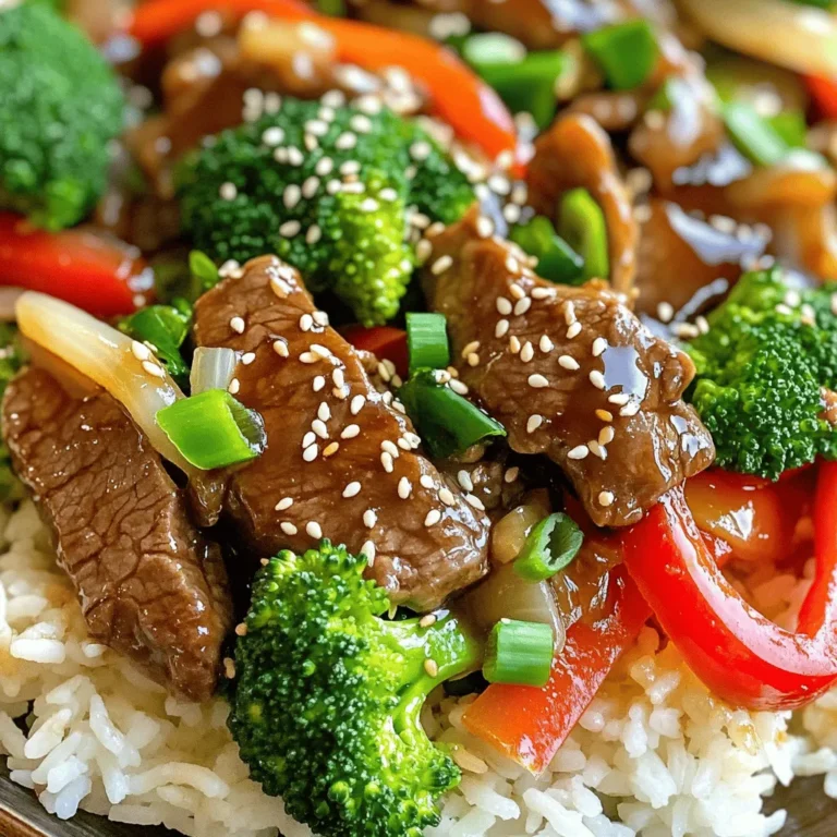 - 1 pound flank steak, thinly sliced against the grain - 2 cups fresh broccoli florets - 1 bell pepper (choose red or yellow), sliced into thin strips - 1 medium onion, sliced into half-moons - 3 cloves garlic, finely minced - 1 inch fresh ginger, grated - 2 tablespoons soy sauce - 1/4 cup honey or maple syrup (your choice) - 1/4 cup low-sodium soy sauce - 1 tablespoon rice vinegar - 1 tablespoon cornstarch mixed with 2 tablespoons water - 1 tablespoon sesame oil - 2 tablespoons vegetable oil - Sesame seeds for garnish - Chopped green onions for garnish This dish shines with its fresh ingredients. The flank steak gives a rich flavor, while the vegetables add crunch and color. I love using fresh garlic and ginger for that aromatic boost. You can choose honey or maple syrup based on your taste. The sesame oil adds a nutty hint, making each bite special. When you gather these ingredients, remember to slice the steak against the grain. This method keeps the meat tender and easy to chew. The colors from the bell pepper and broccoli create a feast for the eyes, too. Don't skip the garnishes! They add a nice finish. The sesame seeds give a little crunch, and the green onions bring a fresh taste that brightens the dish. With these ingredients, you’ll create a Teriyaki Beef Stir-Fry that is not just better than takeout but also a joy to prepare and share! In a bowl, mix the flank steak with 2 tablespoons of soy sauce, 1 tablespoon of sesame oil, and 1 tablespoon of cornstarch. Stir well until the beef is coated. Let it sit for 15 minutes at room temperature. This step is key for flavor. Heat 1 tablespoon of vegetable oil in a large skillet over medium-high heat. Once hot, add the marinated beef in a single layer. Stir-fry for about 3 to 4 minutes until it's browned and cooked through. Remove the beef and set it aside on a plate. This keeps the meat juicy. Using the same skillet, add another tablespoon of vegetable oil. Toss in sliced onion, bell pepper, and broccoli. Cook for about 4 to 5 minutes until the veggies are tender but crisp. Then, add minced garlic and grated ginger. Stir-fry for 30 seconds to bring out their amazing flavors. In a small bowl, whisk together honey or maple syrup, 1/4 cup of low-sodium soy sauce, and rice vinegar. Pour this sauce over the stir-fried veggies. Let it simmer gently. This will create a nice, sweet base for your dish. In another bowl, mix 1 tablespoon of cornstarch with 2 tablespoons of water. Add this slurry to the skillet and stir until the sauce thickens, about 1 to 2 minutes. A thicker sauce clings to the beef and veggies better. Add the cooked beef back to the skillet. Toss it well with the vegetables and thickened sauce. Stir until everything is coated and heated through. Serve your Teriyaki Beef Stir-Fry hot, topped with sesame seeds and chopped green onions. Enjoy a meal that's better than takeout! Use flank steak for this dish. It has a great flavor and tender texture. Other cuts, like sirloin or ribeye, can work too, but flank steak is best. Slice the beef against the grain. This means cutting across the fibers, which helps make it tender. If you cut with the grain, it can be chewy and tough. Cook at high heat for the best stir-fry. A hot skillet ensures quick cooking. This keeps the beef juicy. For the veggies, stir-fry until they are tender, but still crisp. Aim for about 4 to 5 minutes. This way, your broccoli and bell peppers stay bright and colorful. Add more garlic or ginger for a punch of flavor. You can also try adding red pepper flakes for heat. Balancing sweetness and saltiness is key. Use honey or maple syrup to sweeten, but don’t overdo it. Taste as you go. Adjust the soy sauce for saltiness. This way, you get a well-rounded flavor that sings! {{image_4}} You can switch the beef for chicken. For chicken teriyaki, use thin slices of boneless chicken breast. Cook it the same way as the beef. This option is tasty and light. If you prefer a vegetarian dish, try tofu. Press and drain the tofu first. Cut it into cubes and marinate like the beef. Sauté the tofu until golden. This gives a great texture and flavor. Feel free to use seasonal veggies. Snap peas, carrots, or bok choy work well. They add color and crunch to your dish. Want some heat? Add sliced jalapeños or red pepper flakes. This brings a nice kick to the stir-fry. Adjust the amount based on your spice level. You can make this dish ahead of time. Cook the beef and veggies, then cool them quickly. Store in an airtight container in the fridge. It lasts for about three days. For longer storage, freeze it. Place the stir-fry in a freezer-safe bag. Press out the air and seal it. When ready to eat, thaw in the fridge overnight. Reheat in a pan until hot. Enjoy your quick, homemade meal! To keep your Teriyaki Beef Stir-Fry fresh, store leftovers right away. Use airtight containers to prevent air from getting in. Glass or plastic containers work well. If you have a lot left, divide it into smaller portions. This helps it cool down faster and makes it easy to grab later. If you want to freeze your stir-fry, first let it cool down. Once it's cool, place it in freezer-safe bags. Squeeze out as much air as you can before sealing. This helps avoid freezer burn. When ready to eat, take it out and thaw it in the fridge overnight. Reheat in a skillet over medium heat until hot. In the fridge, your Teriyaki Beef Stir-Fry will last for about 3 to 4 days. Look for any off smells or changes in color to check for spoilage. If it looks slimy or has an odd smell, it’s best to toss it. Always trust your senses; they guide you well in the kitchen! Yes, you can make this dish gluten-free. Use tamari instead of regular soy sauce. Tamari is a gluten-free soy sauce. For cornstarch, it is already gluten-free, so no changes are needed there. You have many options for side dishes. I recommend pairing it with: - Steamed jasmine rice - Quinoa - Fried rice - Noodles - Spring rolls These sides will complement the flavors of the stir-fry. If you like heat, add sriracha or chili flakes. Start with a small amount and taste. You can always add more, but you can't take it out! To prep this dish ahead, follow these steps: 1. Marinate the beef and store it in the fridge for up to 24 hours. 2. Chop the veggies and keep them in a container in the fridge. 3. Cook the stir-fry just before serving for the best taste. 4. If you have leftovers, store them in an airtight container in the fridge for 3-4 days. This blog post guides you through making a great Teriyaki Beef Stir-Fry. From marinating flank steak to perfecting the sauce, each step brings rich flavor. Remember to balance sweetness and saltiness for the best taste. You can switch proteins and veggies for variety. Store or freeze leftovers wisely to keep them fresh. With these tips, you’ll create a delicious meal every time. Enjoy your cooking adventure!