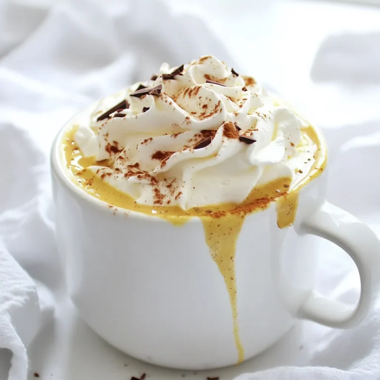 - 2 cups milk (or plant-based options) - 1 cup white chocolate chips - 1/2 cup pumpkin puree - 1 teaspoon vanilla extract - 1/2 teaspoon ground cinnamon - 1/4 teaspoon freshly grated nutmeg - A pinch of salt - Whipped cream for topping - Ground cinnamon and chocolate shavings for garnish To make this cozy pumpkin white hot chocolate, you need a few simple ingredients. Start with milk, which can be dairy or plant-based. I love almond or oat milk for a nutty flavor. Next, grab white chocolate chips. They melt beautifully and give this drink its creamy richness. Pumpkin puree adds that lovely autumn taste. You can use canned or make your own from fresh pumpkins. Vanilla extract gives a nice depth of flavor. Don’t forget the spices! Ground cinnamon and freshly grated nutmeg are essential. They warm up the drink and make it smell amazing. A pinch of salt helps balance the sweetness. Finally, you will need whipped cream. It makes everything better! For the finishing touch, sprinkle ground cinnamon and chocolate shavings on top. This simple garnish looks pretty and tastes great. With these ingredients ready, you can create a delightful treat that warms the heart. To start, pour 2 cups of milk into a medium saucepan. Heat it over medium heat. Avoid boiling the milk; it can curdle. To prevent this, keep stirring the milk frequently. You want the milk to steam gently, not bubble away. This step sets a creamy base for your hot chocolate. Once your milk is heated, add 1 cup of white chocolate chips. Stir continuously to achieve a smooth texture. The chips will melt into the warm milk, creating a velvety mixture. If you stop stirring, the chocolate can clump up, so keep mixing until it blends perfectly. Now, add 1/2 cup of pumpkin puree to the chocolate mixture. Pour in 1 teaspoon of vanilla extract, followed by 1/2 teaspoon of ground cinnamon, 1/4 teaspoon of freshly grated nutmeg, and a pinch of salt. Stir well to combine everything. This mix brings warmth and spice, making your drink cozy and inviting. Heat for about 3 to 5 minutes, ensuring it’s all well blended. Once it’s warm and fragrant, take the saucepan off the heat. Let it cool for a minute to avoid burns. Carefully pour the hot chocolate into two beautiful mugs. You’ll see steam rising, and it will smell amazing. Top each mug with a generous swirl of whipped cream. For an elegant touch, sprinkle ground cinnamon and chocolate shavings on top. This not only looks great but adds a sweet finish to your cozy pumpkin white hot chocolate. To get a velvety consistency, heat the milk gently. Stir it often to keep it smooth. If you let it boil, the milk can curdle. When you add the white chocolate chips, keep stirring until they melt. This makes the drink rich and creamy. For flavor adjustments, try adding more spices or sweeteners. You can add more cinnamon or even some ginger for a kick. If you like it sweeter, consider adding a bit of sugar or maple syrup. Each tweak can make the drink feel new and exciting. For a creative serving idea, use a small cinnamon stick in each mug. It adds charm and aroma. You can also pair the drink with baked treats like cookies or muffins. This makes a cozy snack that warms your heart. A sprinkle of ground cinnamon and chocolate shavings on top makes it look fancy. The whipped cream adds a fluffy mountain that is hard to resist. These small touches make your cozy pumpkin white hot chocolate a delightful treat to share. {{image_4}} If you want a dairy-free treat, there are great alternatives. You can use almond milk, oat milk, or coconut milk. Each option brings its own flavor and creaminess. Almond milk adds a nutty taste, while oat milk creates a smooth blend. Coconut milk gives a tropical twist. All these choices work well with the pumpkin and chocolate. Spices can change the whole flavor of your hot chocolate. Besides cinnamon and nutmeg, try adding ginger for warmth. Cloves bring a nice kick, while allspice offers a unique blend. You could even add a dash of cardamom for a sweet, floral note. Experiment with these spices to find your favorite mix. Sweetness is key in hot chocolate. If you like it sweeter, add more white chocolate chips. You can also use honey, maple syrup, or agave nectar. For less sweetness, cut back on the chocolate. Tasting as you go helps you find the level just right for you. Enjoy making it your own! You can store leftovers of cozy pumpkin white hot chocolate in the fridge for up to three days. Make sure to put it in an airtight container. This keeps it fresh and tasty. To warm your drink, use a saucepan on low heat. Stir it gently as it heats. You can also use a microwave. Heat it in short bursts of 30 seconds. Stir between each burst to avoid hot spots. Yes, you can freeze this hot chocolate! Pour it into freezer-safe containers. It can last about one month in the freezer. When you're ready to enjoy it, thaw it in the fridge overnight and reheat as needed. You can use several tasty options instead of white chocolate chips. Here are a few: - Coconut cream: This option gives a rich, creamy taste with a hint of coconut. - Caramel sauce: This adds a sweet, buttery flavor that pairs well with pumpkin. - Milk chocolate chips: If you want a bolder taste, milk chocolate works great. - Dark chocolate chips: For a rich flavor, dark chocolate balances well with pumpkin. Each option changes the flavor. For coconut cream, you may need to adjust the milk to keep it smooth. Yes! You can easily make this cozy pumpkin white hot chocolate vegan. Here’s how: - Milk: Use almond, oat, or soy milk. - White chocolate chips: Look for dairy-free white chocolate chips. - Whipped cream: Use coconut whipped cream or a vegan alternative. These swaps keep it creamy and delicious while being plant-based. Curdled milk can spoil your drink. Here are some tips to keep it smooth: - Heat slowly: Warm the milk over medium heat. Do not let it boil. - Stir often: Keep stirring while heating to prevent hot spots. - Use fresh milk: Older milk can curdle more easily. Following these tips helps you maintain a velvety texture. Yes, you can easily make more servings! To adjust the recipe: - Double the ingredients: Use 4 cups of milk, 2 cups of white chocolate chips, and 1 cup of pumpkin puree. - Keep the same ratios: Maintain the same amount of spices and vanilla extract. - Use a larger pot: Make sure your pot can hold the extra volume. This way, you can share this cozy treat with friends and family! This post showed how to make a tasty white chocolate pumpkin hot chocolate. You learned about the key ingredients, steps to prepare it, and creative ideas for serving. Remember, you can try dairy-free options or mix in different spices to suit your taste. Enjoy your warm drink, and don't forget to have fun with garnishes. This recipe is great for any season. With a few simple tweaks, you can personalize it just for you. Happy sipping!