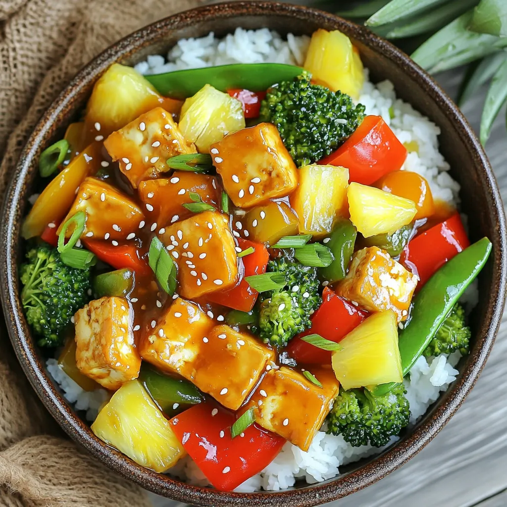 - 1 block (14 oz) firm tofu, well-drained and pressed - 2 tablespoons cornstarch - 2 tablespoons vegetable oil - 1 bell pepper, diced (choose your favorite color) - 1 cup broccoli florets - 1 cup snap peas - 1 cup pineapple chunks (fresh or canned, preferably in juice) The main ingredients create a great balance of flavors and textures. Tofu serves as the protein. It soaks up all the tasty sauce. The bell pepper adds a crisp bite. Broccoli and snap peas bring vibrant color and crunch. Pineapple adds a sweet twist to the dish. - 3 tablespoons soy sauce - 2 tablespoons rice vinegar - 3 tablespoons honey or maple syrup - 1 teaspoon garlic, finely minced - 1 tablespoon ginger, freshly grated The sauce is the heart of this meal. The soy sauce gives it depth. Rice vinegar adds tanginess. Honey or maple syrup brings sweetness. Garlic and ginger contribute warmth and spice. Together, they make a perfect coating for the tofu and veggies. - Sesame seeds - Green onions - Lime wedges Adding garnishes makes your dish pop! Sesame seeds give a nice crunch. Green onions add a fresh kick. Lime wedges provide a burst of brightness. These touches make your sweet and sour tofu bowls even more appealing. Start by cutting the pressed tofu into bite-sized cubes. Take a mixing bowl and place the tofu cubes inside. Sprinkle cornstarch over the tofu. Toss gently until each piece is coated. This coating gives the tofu a nice, crispy texture. In a large skillet, heat vegetable oil over medium heat. Once the oil is hot, add the tofu cubes in a single layer. Fry them for about 3 to 4 minutes on each side. You want them to turn golden brown and crispy. After frying, set the tofu aside on a plate. Using the same skillet, add the diced bell pepper, broccoli florets, and snap peas. Sauté the veggies for about 3 to 4 minutes. You want them tender but still crisp. This helps the vegetables keep their bright colors and nutrients. While the vegetables cook, prepare the sauce. In a small bowl, mix soy sauce, rice vinegar, honey or maple syrup, minced garlic, and grated ginger. Whisk everything until well combined. This sauce is key for flavor. Return the crispy tofu to the skillet with the sautéed vegetables. Pour the sauce over the mixture. Gently stir to coat everything evenly. Cook for an additional 2 to 3 minutes. This lets the sauce thicken and soak into the tofu and veggies. Now, gently fold in the pineapple chunks. Allow them to heat through for about 1 minute. This adds a sweet and refreshing twist to the dish. Spoon the sweet and sour tofu mixture over bowls of fluffy rice or quinoa. For a beautiful finish, sprinkle sesame seeds and chopped green onions on top. You can also add a lime wedge on the side for that extra zing! To get that perfect crispiness, start with firm tofu. Press it well to remove excess water. This step is key. Cut the tofu into bite-sized cubes. Then, coat each piece with cornstarch. This thin layer helps create a crunchy crust. Heat vegetable oil in a skillet. Add tofu cubes in a single layer. Fry them for 3-4 minutes on each side. Look for a golden brown color. This method locks in flavor and ensures a great texture. Want to adjust the flavor? You can easily swap ingredients. Use different veggies like carrots or zucchini for variety. If you like heat, add red pepper flakes or sriracha to the sauce. You can also switch honey with maple syrup for a vegan option. For a tangy twist, add a splash of lime juice. Each change can give your dish a new taste. Experiment with what you like! To save time, prep your ingredients ahead of cooking. Cut the tofu and veggies a day before. Store them in airtight containers in the fridge. You can also mix the sauce early. Just whisk together the soy sauce, vinegar, honey, garlic, and ginger. Keep it in a jar. This way, you can whip up your sweet and sour tofu bowl in no time. Meal prepping makes it easy to enjoy a healthy meal any day! {{image_4}} If tofu isn't your thing, try these options: - Tempeh: This fermented soy product has a nutty taste. Cut it into cubes like tofu and prepare it the same way. - Seitan: Made from wheat, seitan has a chewy texture. It absorbs flavors well, making it a great choice. - Chickpeas: For a plant-based protein boost, use canned chickpeas. Just rinse and toss them in the mix. - Shrimp or Chicken: If you eat meat, shrimp or chicken can add a nice twist. Cook them until golden before combining. Seasonal vegetables can change the flavor and look of your dish. Here are some ideas: - Zucchini: Slice it thin and add it to the skillet for a fresh taste. - Carrots: Shredded or sliced, they add crunch and sweetness. - Spinach: Toss in fresh spinach at the end for a nutrient boost. - Cauliflower: Use small florets instead of broccoli for a different texture. You can play with the sauce to find your perfect balance: - Citrus Twist: Add orange or lime juice for a zesty flavor. - Spicy Kick: Mix in some chili paste or sriracha for heat. - Sweet Variations: Try agave syrup or coconut sugar instead of honey for a unique twist. - Herb Infusion: Add fresh herbs like cilantro or basil to the sauce for extra freshness. Store leftover sweet and sour tofu bowls in an airtight container. Place them in the fridge. They stay fresh for about 3 to 4 days. If you can, separate the tofu from the rice or quinoa. This helps keep the textures nice. To reheat the bowls, use a skillet over low heat. Add a splash of water to keep the tofu moist. Stir gently until warm. You can also microwave them. Heat in short bursts, stirring in between. This way, you avoid soggy tofu. Yes, you can freeze sweet and sour tofu bowls! However, the texture of the tofu may change. To freeze, pack the leftovers in a freezer-safe container. Label and date it. They can last for about 2 to 3 months in the freezer. When you’re ready to eat, thaw in the fridge overnight. Reheat as mentioned above for the best results. You can use frozen tofu. It has a spongy texture, which some enjoy. The pros of frozen tofu include better absorption of flavors and a firmer bite. However, it can be tricky to press since it holds more water. Just remember to thaw the tofu completely and press it well for the best results. If you want a vegan option, use maple syrup or agave nectar instead of honey. Both sweeteners add a nice flavor. You can also try brown sugar or coconut sugar, but they may change the texture a bit. This recipe can be gluten-free with some swaps. Use tamari instead of soy sauce. Make sure to check the labels on your ingredients to avoid hidden gluten in sauces or seasonings. Most other ingredients are naturally gluten-free. To add heat, include red pepper flakes or sriracha in the sauce. You can also add sliced jalapeños or chili paste to the pan while cooking. Adjust the amount to suit your taste. Remember, a little goes a long way! This recipe offers a delightful mix of flavors and textures. You learned how to prepare crispy tofu, sauté vibrant veggies, and create a tasty sauce. I shared tips for meal prep and ingredient swaps to suit your needs. Remember, you can customize it with your favorite proteins and veggies. Whether for a weeknight meal or a special occasion, this dish is both fun and satisfying. Enjoy your cooking, and make it your own!