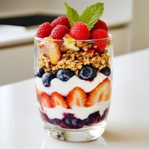 - 2 cups Greek yogurt (plain or flavored) - 1 cup mixed berries (strawberries, blueberries, raspberries) - 1 cup granola (honey-flavored recommended) - 2 tablespoons honey or maple syrup - 1 teaspoon vanilla extract - Fresh mint leaves for garnish Greek yogurt is the heart of this parfait. You can choose plain or flavored, depending on your taste. Mixed berries like strawberries, blueberries, and raspberries add freshness and color. Granola, especially honey-flavored, brings a nice crunch to each bite. Sweeteners like honey or maple syrup add natural sweetness. A touch of vanilla extract enhances the flavor beautifully. Finally, fresh mint leaves make for a lovely garnish, adding a pop of color and freshness. These ingredients come together to create a delightful and nutritious treat. You can mix and match to suit your taste. This flexibility makes the recipe fun and personal. Enjoy creating your perfect Greek yogurt berry parfait! First, grab a medium bowl. Add 2 cups of Greek yogurt. You can choose plain yogurt or a flavored one, depending on your taste. Then, pour in 1 teaspoon of vanilla extract and 2 tablespoons of honey or maple syrup. Use a whisk or a spoon to mix everything well. Keep stirring until the yogurt is smooth and creamy. This mixture will be the base of your parfait. Now, it’s time to prepare the berries. Rinse 1 cup of mixed berries under cold water. Make sure they are clean. If you use strawberries, cut off the green tops. Slice them into bite-sized pieces. This makes layering easy and fun. You can use blueberries and raspberries too. Keep the berries ready for the next step. Choose a clear glass or parfait dish for assembly. Start by adding a generous dollop of your yogurt mixture at the bottom. Next, add a colorful layer of your mixed berries on top of the yogurt. Be creative when arranging the berries; it makes your parfait look pretty! Now sprinkle 1 cup of granola over the berries. This adds a nice crunch. Continue to layer yogurt, berries, and granola until the glass is full. Try to end with a vibrant layer of berries and a final sprinkle of granola. For an extra touch, add a few fresh mint leaves on top. This adds a pop of green and freshness. Serve your parfaits right away for the best taste. If you want, you can chill them for up to one hour. Enjoy your Greek Yogurt Berry Parfait! Serve your Greek yogurt berry parfait right after you make it. This way, the texture stays creamy. If you want to chill it, do so for up to one hour. Use clear glass cups for serving. This lets everyone see the colorful layers. It looks inviting and fun! For a fancy touch, add a fresh mint leaf on top. This small detail adds a pop of color and freshness. You can switch up the toppings for your parfait. Try adding nuts, seeds, or even coconut flakes. Each adds a different taste and crunch. If you want to change the flavor of yogurt, try using flavored types. There are many options, like honey, vanilla, or even fruit-flavored yogurts. You can also use dairy-free yogurts if you prefer. Each change can make your parfait unique and delicious! {{image_4}} You can change the fruit in your parfait based on the season. Fresh strawberries, blueberries, and raspberries work well together. But you can also try blackberries or cherries for a twist. When bananas are ripe, slice them up for a creamy texture. Kiwi adds a fun color and tangy taste. Mix and match until you find your favorite combo! If you want a dairy-free or vegan parfait, you can use plant-based yogurt. Almond, coconut, or soy yogurts can replace Greek yogurt. They taste great and still feel creamy. For those who need gluten-free options, look for granola that is certified gluten-free. This way, everyone can enjoy this tasty treat without worry! To keep your Greek yogurt berry parfait fresh, store it in the refrigerator. The parfait stays good for about 1 to 2 days. Make sure to cover it with plastic wrap or a lid. This helps to keep the yogurt creamy and the berries fresh. If you notice any moisture on top, just give it a gentle stir before enjoying. Yes, you can freeze parfaits, but they may lose some texture. If you want to freeze them, layer the ingredients in an airtight container. Freeze for up to one month. To thaw, move the container to the fridge overnight. After thawing, reassemble the parfait in a glass with fresh layers of yogurt, berries, and granola. This will help bring back some of the original crunch and flavor. Enjoy your delicious Greek yogurt berry parfait, even after freezing! You can use other yogurts as substitutes. Here are a few options: - Regular yogurt: This is smooth and creamy but has less protein. - Skyr: An Icelandic yogurt, thicker and higher in protein. - Non-dairy yogurt: Almond, coconut, or soy yogurt works well for a dairy-free option. - Cottage cheese: Blend it for a creamy texture, though it will taste different. These alternatives can help you enjoy a parfait if you're out of Greek yogurt. Yes, you can prepare the parfait in advance. Here are some tips: - Layering: Assemble the yogurt and berries, but add granola just before serving. This keeps it crunchy. - Refrigeration: You can store prepared parfaits in the fridge for up to one hour. - Containers: Use clear jars or airtight containers for easy storage. Making it ahead saves time and still tastes great. There are simple ways to lower calories and sugar in your parfait: - Use plain yogurt: Choose plain Greek yogurt instead of sweetened varieties. - Fresh fruits: Opt for fresh berries instead of sugary fruit compotes. - Reduce sweeteners: Cut back on honey or maple syrup. Try adding more fruit for natural sweetness. - Granola: Choose a low-sugar granola or make your own. These tips help you enjoy a tasty parfait while keeping it nutritious. This blog post shared how to make delicious Greek yogurt parfaits. You learned the key ingredients, like Greek yogurt, mixed berries, and granola. I explained the steps to prepare the yogurt and layer it with the berries. We explored tips for serving and customizing your parfaits. Lastly, I covered storage options to keep them fresh. Use this simple recipe to enjoy a healthy treat. Experiment with flavors and enjoy every bite!