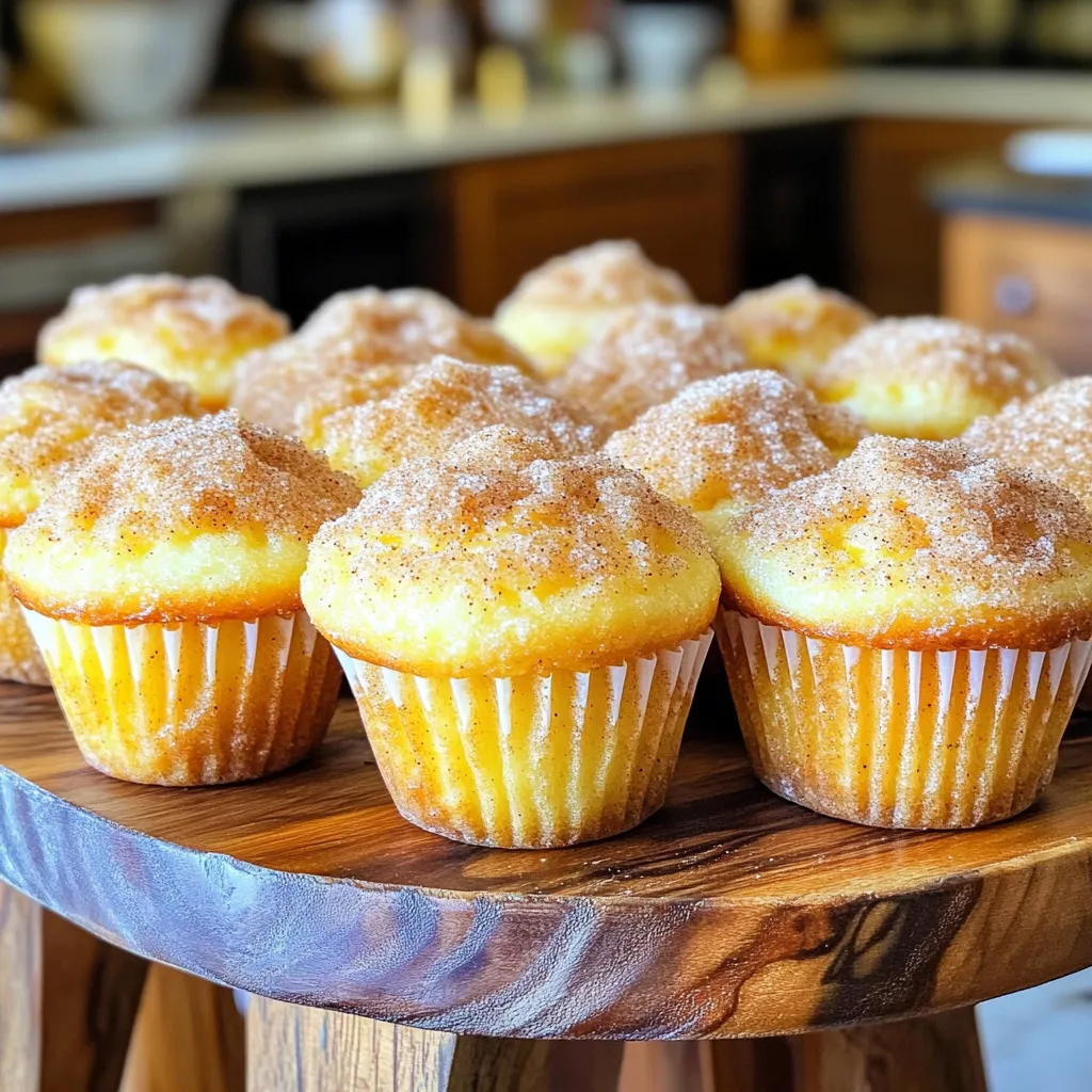 To make the cinnamon sugar donut muffins, you need these simple ingredients: - 1 ½ cups all-purpose flour - 1 cup granulated sugar - 2 teaspoons baking powder - ½ teaspoon baking soda - ½ teaspoon salt - 1 teaspoon ground cinnamon - ½ cup whole milk - ⅓ cup vegetable oil - 1 large egg - 1 teaspoon vanilla extract - ¼ cup unsalted butter, melted (for coating) - Additional cinnamon-sugar mixture: ½ cup granulated sugar + 2 tablespoons ground cinnamon Each ingredient plays a key role in this recipe. The flour provides structure, while the sugar adds sweetness. Baking powder and baking soda help the muffins rise. Salt enhances flavor, and cinnamon gives that warm, cozy touch. Whole milk keeps the muffins moist, and vegetable oil makes them tender. The egg binds everything together, and vanilla adds depth. Finally, the melted butter and cinnamon-sugar mixture create that tasty, crunchy topping. Gather these ingredients, and you are ready to bake! First, set your oven to 350°F (175°C). This heat is perfect for baking. Next, grab a standard muffin tin. You can use paper liners or spray it lightly with non-stick spray. This stops the muffins from sticking. Now, take a large mixing bowl. Add 1 ½ cups of all-purpose flour, 1 cup of granulated sugar, 2 teaspoons of baking powder, ½ teaspoon of baking soda, ½ teaspoon of salt, and 1 teaspoon of ground cinnamon. Use a whisk to combine everything well. You want no dry clumps in the mix. In another bowl, combine ½ cup of whole milk, ⅓ cup of vegetable oil, 1 large egg, and 1 teaspoon of vanilla extract. Whisk these ingredients together until they blend smoothly. This mixture brings moisture to your muffins. Gradually pour the wet mix into the dry ingredients. Use a spatula or wooden spoon to stir gently. Mix until just combined. It's okay if a few lumps remain. Overmixing can make the muffins tough. Spoon the batter into each muffin cup. Fill them about ¾ full. You should have enough for about 12 muffins. This will allow them to rise without overflowing. Place the muffin tin in your preheated oven. Bake for 18-20 minutes. To check if they are done, insert a toothpick into a muffin. If it comes out clean, they are ready. Let them cool in the tin for about 5 minutes. While the muffins cool, mix ½ cup of granulated sugar with 2 tablespoons of ground cinnamon in a small bowl. Stir until it looks uniform. This topping adds a sweet crunch. After cooling, take each muffin out of the tin. Dip the tops into ¼ cup of melted unsalted butter. Then roll them in the cinnamon-sugar mix. Make sure they are well coated. Place the muffins on a wire rack. This helps them cool slightly before serving. Enjoy your warm, tasty treats! To get a soft and fluffy muffin, focus on the right balance of ingredients. Use the correct amount of flour, as too much can make them dense. The combination of whole milk and oil adds moisture. This keeps your muffins tender and light. Remember, muffins should have a slightly crumbly texture, not too dry or wet. Accurate measurements matter. Use a dry measuring cup for flour and sugar. Spoon the flour into the cup instead of scooping it. This prevents packing the flour, which can lead to too much flour in your mix. Use a scale for precise amounts if you have one. It makes baking much easier. Mix your batter gently. Overmixing creates tough muffins. When you combine wet and dry ingredients, stir just until you see no dry flour. A few small lumps are okay. They will bake out and help keep your muffins soft. Use a standard muffin tin for this recipe. Silicone liners or parchment paper work well to prevent sticking. A whisk helps blend wet ingredients smoothly. A spatula is great for mixing without overmixing. Finally, keep a toothpick handy to check for doneness. It’s a simple but effective tool! {{image_4}} You can spice up your cinnamon sugar donut muffins easily. Here are some fun ideas: - Chocolate Chips: Add ½ cup of chocolate chips to the batter. - Nutmeg: Swap some cinnamon for nutmeg for a warm twist. - Fruit Zest: Try adding lemon or orange zest for a fresh flavor. - Nuts: Chopped walnuts or pecans give a nice crunch. If you need gluten-free muffins, use a gluten-free flour blend. This blend can replace regular flour in a 1:1 ratio. Make sure to check for a blend that includes xanthan gum. This adds structure to the muffins. To make these muffins dairy-free, swap whole milk for almond milk or oat milk. Use a dairy-free butter for coating the muffins. This keeps the texture rich and tasty without the dairy. Enjoy these delicious options! To keep your cinnamon sugar donut muffins fresh, store them in an airtight container. This helps keep them moist and soft. You can also use plastic wrap if you don't have a container. Place them at room temperature for up to three days. If you want them to last longer, consider freezing them. To freeze your muffins, first let them cool completely. Then, wrap each muffin tightly in plastic wrap. Place the wrapped muffins in a freezer-safe bag or container. They can stay frozen for about three months. When you want one, just take it out of the freezer. To reheat a muffin, you can use the microwave or the oven. For the microwave, place the muffin on a plate and heat it for 10-15 seconds. If you prefer using an oven, preheat it to 350°F (175°C). Then, wrap the muffin in aluminum foil and bake for about 5-10 minutes. This warms it up and keeps it soft. Enjoy your tasty treat! You can use melted coconut oil or canola oil. Both give a nice flavor and texture. Applesauce is another healthy option. It adds moisture without extra fat. Yes, you can use brown sugar. It will add a richer taste. The muffins may turn a bit darker too. Adjust the amount to your taste. Check for a toothpick test. Insert a toothpick in the center of a muffin. If it comes out clean, your muffins are ready. They should be lightly golden on top. Yes, you can. Use a flax egg or applesauce instead. Mix 1 tablespoon of flaxseed meal with 2.5 tablespoons of water. Let it sit for 5 minutes. This will bind your muffins well. These muffins stay fresh for about 2-3 days. Keep them in an airtight container at room temperature. For longer storage, you can freeze them for up to 3 months. You learned how to make delightful cinnamon sugar muffin donuts. We covered essential ingredients, clear steps, and helpful tips. You can explore fun variations to fit your needs. With storage and reheating tips, your muffins will stay fresh longer. Baking is meant to be enjoyable, so don’t stress! Try these muffins for a tasty treat, and share them with friends. You’ll love how simple and satisfying they are. Happy baking!
