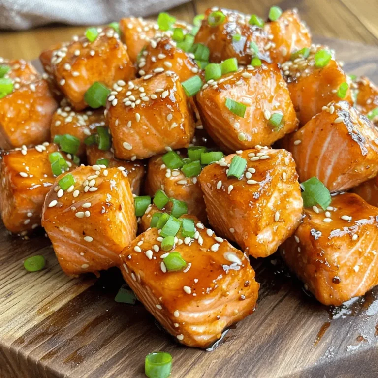 To make amazing teriyaki salmon bites, you need these simple ingredients: - 1 lb salmon fillet, skinless and boneless, cut into bite-sized cubes - 1/4 cup low-sodium soy sauce - 2 tablespoons honey - 2 tablespoons rice vinegar - 1 tablespoon sesame oil - 1 tablespoon freshly grated ginger - 3 cloves garlic, minced - 1 tablespoon cornstarch - 1 tablespoon sesame seeds, for garnish - Chopped green onions, for garnish Each ingredient plays a key role. The salmon is your main star, while the soy sauce adds salt and umami. Honey brings sweetness, and rice vinegar adds a bit of tang. Sesame oil gives a nutty flavor, while ginger and garlic add freshness and spice. When choosing soy sauce, consider these options: - Low-sodium soy sauce: This is the best choice for a balanced flavor without too much salt. - Tamari: A gluten-free option that offers similar taste. - Coconut aminos: A great soy-free alternative that is sweeter and milder. I prefer low-sodium soy sauce because it allows other flavors to shine. It keeps your dish tasty without being too salty. Garnishes can elevate your dish. Here are my top picks: - Sesame seeds: They add a crunchy texture and a nutty flavor. - Chopped green onions: Fresh and vibrant, they lend a nice crunch and color. - Lime wedges: A squeeze of lime can add a zesty finish. These garnishes make your teriyaki salmon bites look stunning and add layers of flavor. Enjoy experimenting with them! Start by grabbing a large mixing bowl. In this bowl, mix these ingredients: - 1/4 cup low-sodium soy sauce - 2 tablespoons honey - 2 tablespoons rice vinegar - 1 tablespoon sesame oil - 1 tablespoon freshly grated ginger - 3 cloves garlic, minced Whisk them together until well combined. This marinade is key for flavor. The soy sauce gives saltiness, while honey adds sweetness. Rice vinegar brightens the mix, and ginger plus garlic bring warmth. Next, take your salmon fillet. Cut it into bite-sized cubes. Place the salmon cubes into the bowl with the marinade. Make sure each piece is coated well. Cover the bowl and refrigerate it for at least 30 minutes. This time lets the flavors soak into the fish, making it taste amazing. After marinating, it’s time to cook! Preheat your air fryer to 400°F (200°C). This step is important for crispiness. Once preheated, take the salmon out of the marinade. Let any extra liquid drip off. Pat the salmon pieces dry with paper towels. This helps achieve that crunchy texture you want. Now, put 1 tablespoon of cornstarch in a bowl. Toss the dried salmon bites in the cornstarch until each piece is coated. This will give them a nice crunch. Then, arrange the coated salmon in a single layer in the air fryer basket. Avoid overcrowding; this helps them cook evenly. Cook for about 10 minutes. Halfway through, gently shake the basket. This helps the salmon crisp up on all sides. When done, the salmon should be golden and crispy. Carefully take the bites out and let them cool for a minute. For the final touch, sprinkle sesame seeds on top and add chopped green onions. This adds color and flavor. Enjoy your delicious air fryer crispy teriyaki salmon bites! To get your salmon bites extra crispy, start by drying them well. After marinating, use paper towels to remove moisture. This step helps the cornstarch stick better. Coat each piece evenly with cornstarch. This forms a crunchy layer when you air fry. Cook at 400°F (200°C) for the best results. Shake the basket halfway through cooking to ensure even crisping. Marinating is key for flavor. I recommend at least 30 minutes. If you have more time, marinate for up to 2 hours. This allows the teriyaki sauce to soak into the salmon. The longer you marinate, the more intense the flavor becomes. Just don’t go over 2 hours, as the fish can become too salty. Overcrowding the air fryer basket can lead to uneven cooking. Arrange the salmon bites in a single layer. Leave space between each piece so hot air can circulate. If you have too many bites, cook them in batches. This way, each piece gets enough heat to become crispy. {{image_4}} You can get creative with your marinades. If you want a twist, try using orange juice instead of rice vinegar. This gives a sweet citrus flavor. You can also add a splash of sriracha for heat. If you prefer a sweeter taste, maple syrup works great in place of honey. These changes keep the dish fresh and exciting. Not a fan of salmon? You can use other fish like cod, tilapia, or even shrimp. Cod works well and has a mild taste. Tilapia absorbs flavors nicely, making it a good choice. Shrimp cooks quickly and adds a fun texture. Just adjust cooking times based on the fish you pick. To boost flavor, consider adding fresh herbs. Chopped cilantro or basil adds brightness. You can also mix in some chili flakes for heat. For extra crunch, toss in crushed nuts like peanuts or cashews. These small changes can elevate your salmon bites and keep your meals exciting! To store your leftover salmon bites, place them in an airtight container. Make sure to let them cool first. This helps keep them fresh longer. You can store them in the fridge for up to three days. If you want to keep them longer, consider freezing. Reheating salmon bites is easy. For the best results, use your air fryer. Preheat it to 350°F (175°C). Place the salmon bites in the basket and heat for about 5 minutes. This will help them regain their crispiness. You can also use a microwave, but they might lose some crunch. If you want to freeze salmon bites, first let them cool completely. Then, arrange them in a single layer on a baking sheet. Freeze them for about an hour until firm. After that, transfer them to a freezer-safe bag. Remove as much air as possible before sealing. They can last up to three months in the freezer. When ready to eat, thaw them in the fridge overnight before reheating. Yes, you can use frozen salmon. Just make sure to thaw it first. Thawing helps the marinade soak in better. For best results, place the frozen salmon in the fridge overnight. If you're in a hurry, you can submerge it in cold water for about an hour. After thawing, cut it into bite-sized cubes and follow the recipe as usual. These teriyaki salmon bites pair well with various sides. Here are some great options: - Steamed rice - Quinoa - Fresh salad - Stir-fried vegetables - Noodles You can also drizzle some leftover marinade over the rice or salad for added flavor. Check the salmon for a few signs to know it's done. Cooked salmon should be opaque and flake easily with a fork. You can also use a meat thermometer. The internal temperature should reach 145°F (63°C). If you see a little white albumin on the surface, it’s normal. That means it’s cooking properly! In this post, we looked at making tasty teriyaki salmon bites. We covered the key ingredients, including soy sauce and garnish options. I shared step-by-step instructions for the marinade, marinating, and air frying. Tips on crispiness, marinating time, and avoiding overcrowding followed. We explored variations, storage tips, and answered common questions. Enjoy trying different flavors and tricks. You’ll find your perfect teriyaki salmon bites soon!