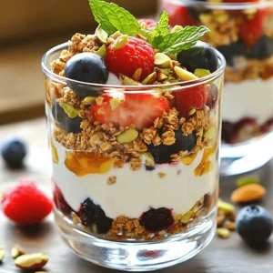 For these tasty parfaits, you will need: - 2 cups Greek yogurt (plain or vanilla) - 1 cup mixed berries (strawberries, blueberries, raspberries) - 1/4 cup honey or maple syrup - 1/2 cup granola (your favorite flavor) - 1/4 cup chopped nuts (almonds, walnuts, or pistachios) - 1 teaspoon vanilla extract (optional) - Fresh mint leaves (for garnish) These ingredients come together to create a delightful snack that is both satisfying and nutritious. If you want to mix things up, consider these options: - Chia seeds for extra fiber - Protein powder for added fuel - Coconut flakes for a tropical twist - Cinnamon for a warm flavor boost These add-ins enhance the nutrition and flavor of your parfaits. To make your parfait even more special, try these toppings: - More fresh berries for color - A drizzle of honey or maple syrup - A sprinkle of seeds for crunch - Whipped cream for a touch of luxury These toppings create a beautiful and tasty finish to your parfaits. Start by taking 2 cups of Greek yogurt. You can use plain or vanilla yogurt for some extra sweetness. In a medium bowl, add the yogurt. Whisk in 1/4 cup of honey or maple syrup. If you like, add 1 teaspoon of vanilla extract for more flavor. Mix until you get a smooth and creamy texture. This blend will be the star of your parfait. Choose a clear glass or parfait dish to show off your layers. Begin by adding a generous layer of the yogurt mixture at the bottom. This layer sets the stage for your beautiful parfait. Next, add 1 cup of mixed berries on top of the yogurt. Use strawberries, blueberries, and raspberries for a colorful look. Spread them evenly to make it appealing. Now, sprinkle 1/2 cup of granola over the berries. This will give your parfait a nice crunch. Repeat the layers: yogurt, berries, and granola. Keep going until your dish reaches the desired height. Finish with a final layer of yogurt on top. To make your parfait look stunning, sprinkle 1/4 cup of chopped nuts on the top layer of yogurt. Almonds, walnuts, or pistachios work great for this. Finally, add a few fresh mint leaves as a garnish. This adds a pop of color and a refreshing touch. Your Protein Greek Yogurt Berry Parfait is now ready to enjoy! For a smooth yogurt texture, start with high-quality Greek yogurt. Whisk it well to mix in honey or maple syrup. This step helps the yogurt become creamy and easy to layer. If you want it sweeter, add a little more honey. For extra flavor, a teaspoon of vanilla extract works wonders. Adjust the thickness by choosing full-fat or low-fat yogurt based on your preference. Mix up your flavors to keep things fun. Use plain yogurt for a tangy taste or vanilla for sweetness. Try adding a pinch of cinnamon for warmth. You can also swap honey for agave syrup if you want a different sweetener. Experiment with the fruits too. Strawberries, blueberries, and raspberries all add unique flavors. You might even mix in banana slices for a new twist! Use clear glass cups to show off your layers. Begin with yogurt, then layer on berries, and top with granola. Repeat these layers until the cup is full. For a stunning finish, sprinkle chopped nuts on top. Add fresh mint leaves to give a pop of color. This not only looks beautiful but also makes it more inviting. Enjoy each bite as a feast for the eyes and palate! {{image_4}} You can change the berries based on the season. In spring, try fresh strawberries. They add sweetness and a lovely color. In summer, use blueberries and raspberries for a tart kick. Fall brings blackberries, which are juicy and rich. Winter? Go for frozen berries; they work great, too! Just thaw them before adding to your parfait. If you want a dairy-free parfait, use coconut yogurt or almond yogurt. Both give a creamy texture and rich taste. Coconut yogurt adds a nice hint of tropical flavor. Almond yogurt has a mild taste that lets the fruit shine. Make sure to check for added sugars in these yogurts. For a nut-free parfait, skip the nuts and use seeds instead. Sunflower seeds or pumpkin seeds give a great crunch. They also pack a nice protein punch. If you want a different texture, try puffed quinoa. It’s light and adds some fun to your parfait. To keep your parfaits fresh, store them in the fridge. Use airtight containers for best results. This keeps the yogurt creamy and the berries fresh. You can also layer the ingredients in separate containers. This way, you can mix them right before serving. You don’t need to reheat these parfaits. They taste best cold. If you want to serve them warm, heat just the yogurt gently. Avoid boiling, as it changes the texture. When ready to eat, layer the yogurt, berries, and granola again for a fresh look. These parfaits stay fresh for up to three days in the fridge. After that, the berries may lose their crunch. If you use nuts, add them just before eating. Nuts can get soggy if stored too long. For best taste, enjoy them within two days for peak freshness. Yes, you can prepare these parfaits ahead of time. Just layer the yogurt, berries, and granola in a clear glass. Cover it tightly with plastic wrap or a lid. Store it in the fridge for up to two days. This helps save time for busy mornings. However, I suggest adding granola right before eating. This keeps it crunchy and fresh. To adjust the sweetness, you have a few options. Start with the honey or maple syrup. You can add more or less to match your taste. If you prefer a natural touch, use ripe bananas or applesauce. These fruits add sweetness without extra sugar. You can also choose vanilla Greek yogurt for added flavor. Test different combinations until you find your perfect mix. There are many healthy toppings to choose from. Here are some favorites: - Chia seeds for extra fiber - Coconut flakes for a tropical twist - Dark chocolate chips for a hint of sweetness - Fresh fruit slices for added color and flavor - Seeds like pumpkin or sunflower for crunch Feel free to mix and match these toppings. This adds fun and variety to your parfaits. This post covered how to make delicious parfaits step by step. We explored main ingredients, optional add-ins, and tasty toppings. You learned how to layer, present, and store parfaits for the best taste. We also shared tips for texture and flavor. Finally, I offered variations and answered common questions to tailor your parfait experience. With these tips, you can create beautiful, tasty parfaits that fit your tastes. Enjoy your parfait journey!