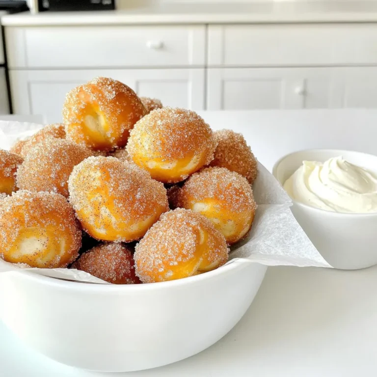 To make these yummy bites, gather the following: - 1 cup warm water (between 110°F - 115°F) - 2 tablespoons granulated sugar - 2 teaspoons active dry yeast - 2 ½ cups all-purpose flour - 1 teaspoon salt - ¼ cup baking soda - 1 large egg, beaten (for egg wash) - ½ cup unsalted butter, melted - ½ cup granulated sugar (for cinnamon sugar coating) - 2 teaspoons ground cinnamon These ingredients work together to create soft, sweet pretzel bites. The warm water helps activate the yeast. Sugar gives the dough a slight sweetness. The flour and salt form the base of the pretzel bites. Baking soda adds that classic pretzel flavor, while the melted butter makes them rich and tasty. For the perfect dip, you will need: - 4 oz cream cheese, softened to room temperature - ¼ cup powdered sugar - 2 tablespoons sour cream - 1 teaspoon pure vanilla extract - A pinch of salt This dip is simple but so good! Cream cheese creates a smooth base. Powdered sugar adds sweetness, while sour cream gives it a nice tang. Vanilla adds depth, and a pinch of salt balances all the flavors. To make these pretzel bites, you will need: - Mixing bowls - Whisk - Slotted spoon - Parchment paper - Baking sheet - Rolling pin - Knife Having the right tools helps you cook with ease. Mixing bowls are great for combining ingredients. A whisk mixes the dry and wet items well. A slotted spoon allows you to lift the bites from boiling water easily. Parchment paper ensures easy cleanup, while a baking sheet holds your pretzel bites in the oven. A rolling pin and knife help shape the dough for perfect bites. To start, grab a medium bowl. Combine 1 cup of warm water, 2 tablespoons of granulated sugar, and 2 teaspoons of active dry yeast. Stir it gently. Let it sit for about 5 minutes. It should become bubbly and frothy. This means the yeast is ready to work. Next, take a large mixing bowl. Whisk together 2 ½ cups of all-purpose flour and 1 teaspoon of salt. Pour the activated yeast mixture into the flour mix. Stir until it forms a dough. Then, place the dough on a lightly floured surface. Knead it for about 5 minutes until smooth. Put the dough in a greased bowl. Cover it with a damp cloth. Let it rise in a warm spot for about 1 hour. It should double in size. After the dough has risen, gently punch it down. Turn it out onto a floured surface and roll it into a log. Cut the log into 1-inch pieces for bite-sized pretzel bits. In a large pot, bring 10 cups of water to a boil. Carefully add ¼ cup of baking soda. The mixture will bubble, so watch out! Reduce the heat so it simmers. Drop 6 pretzel bites at a time into the water. Boil each batch for 30 seconds. Use a slotted spoon to remove them and place them on a baking sheet. Preheat your oven to 425°F (220°C). Brush the tops of the pretzel bites with a beaten egg. This gives them a nice golden color. Mix ½ cup granulated sugar and 2 teaspoons of ground cinnamon in a bowl. Sprinkle this cinnamon sugar over each pretzel bite. Bake them in the oven for 12-15 minutes until they are golden brown and smell amazing. While the pretzel bites bake, it's time for the cream cheese dip. In a bowl, beat together 4 oz of softened cream cheese, ¼ cup powdered sugar, 2 tablespoons sour cream, 1 teaspoon pure vanilla extract, and a pinch of salt. Mix until it's smooth and creamy. Now your warm pretzel bites and delicious cream cheese dip are ready to enjoy! To get the best texture for your pretzel bites, focus on the dough. Kneading is key. Knead the dough for about five minutes until it feels smooth and elastic. This helps develop the gluten, giving your bites that perfect chewy bite. Don't skip the boiling step! Boiling in a baking soda solution helps the bites achieve that classic pretzel crust. Bake them until golden brown for that delightful crunch. Cinnamon sugar pretzel bites are great for sharing! Serve them warm in a basket lined with parchment paper. Add a bowl of cream cheese dip in the center. This makes for a fun dip-and-enjoy experience. Create a pretzel bar with different dips, like caramel or chocolate, for even more fun. Guests will love the hands-on approach! For your cream cheese dip, a little garnish goes a long way. A light dusting of cinnamon on top adds visual appeal. You can also add some crushed nuts for crunch. Fresh fruit, like berries, can brighten the dish and add flavor. Arrange these garnishes neatly for a beautiful presentation. {{image_4}} You can switch up the flavor by changing the coating on your pretzel bites. Instead of cinnamon sugar, try using: - Chocolate: Melted dark or milk chocolate adds a rich taste. - Caramel: Drizzle warm caramel on top for a sweet twist. - Sprinkles: Use colorful sprinkles for a fun party treat. These variations let you create something new every time. If sweet isn't your thing, go savory! Consider these options: - Cheese: Sprinkle grated Parmesan or cheddar before baking. - Garlic: Toss crushed garlic with melted butter and brush over the bites. - Herbs: Mix dried herbs like oregano or rosemary into the dough for extra flavor. Savory pretzel bites are great for snacking or as an appetizer. You can enjoy your pretzel bites with more than just cream cheese dip. Here are some tasty options: - Mustard: A tangy mustard dip adds a nice kick. - Cheese Sauce: Warm cheese sauce is perfect for cheese lovers. - Yogurt Dip: Mix yogurt with herbs and spices for a fresh option. These dips enhance the pretzel experience and suit different tastes. To keep your pretzel bites fresh, let them cool completely first. Place them in an airtight container. You can also wrap them in plastic wrap. They will stay good on the counter for 2-3 days. If you want to keep them longer, consider freezing. When you’re ready to enjoy your leftover pretzel bites, reheating is key. Preheat your oven to 350°F. Place the bites on a baking sheet. Heat them for about 5-10 minutes. This helps them stay soft and warm. You can also use a microwave. Heat for about 15-20 seconds, but they may get chewy. Freezing is a great option if you made too many. Once the bites cool, place them in a single layer on a baking sheet. Freeze for about 1 hour. Then, transfer them to a freezer bag. They can last up to 3 months in the freezer. When you’re ready to eat, just bake them straight from the freezer. Enjoy the warm, fresh taste all over again! To make pretzel bites less chewy, you can adjust the kneading time. Knead the dough for just 3-4 minutes instead of 5. This keeps the gluten from forming too much. You can also use bread flour, which creates a chewier texture. Lastly, avoid over-boiling the bites. Boil them for only 30 seconds for a lighter texture. Yes, you can use instant yeast instead of active dry yeast. Instant yeast works faster and does not need to be activated. Just add it directly to the flour mixture. However, reduce the water slightly since instant yeast absorbs moisture better. You can keep the cream cheese dip for up to 5 days in the fridge. Store it in an airtight container to keep it fresh. If you notice any changes in smell or texture, it’s best to toss it out. If you need a substitute for sour cream, you can use Greek yogurt. It has a similar tangy flavor and creamy texture. You can also use buttermilk or plain yogurt as alternatives. Just make sure to adjust the amount to get the desired consistency. You learned how to make tasty cinnamon sugar pretzel bites and creamy dip. I shared tips to help you get great texture and tasty flavors. Don’t forget serving ideas and variations to impress friends. Storing and reheating can keep them fresh for later. Explore your options and have fun with this snack. Enjoy each bite and be creative with your twists!