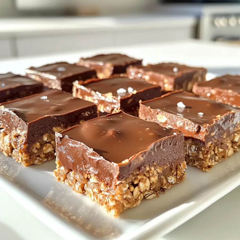 To make these delicious No-Bake Chocolate Peanut Butter Oat Bars, you need simple and wholesome ingredients. Here’s what you will need: - 2 cups rolled oats - 1 cup peanut butter (creamy or crunchy) - 1/2 cup honey or maple syrup - 1/2 cup dark chocolate chips - 1/4 cup unsweetened cocoa powder - 1 teaspoon vanilla extract - 1/4 teaspoon salt - Optional: 1/2 cup chopped nuts (like almonds or walnuts) or dried fruit (such as cranberries or raisins) Each ingredient plays an important role. The rolled oats give structure. Peanut butter adds creaminess and protein. Honey or maple syrup provides natural sweetness and helps bind the bars. The dark chocolate chips and cocoa powder give rich flavor. Vanilla extract enhances the taste, while salt balances the sweetness. Feel free to get creative! Adding nuts or dried fruit can give extra texture and flavor. The choice is yours, and that makes this recipe fun! First, grab a large mixing bowl. In it, combine 2 cups of rolled oats, 1/4 cup of unsweetened cocoa powder, and 1/4 teaspoon of salt. Stir until the oats and cocoa mix well. This step sets a strong base for the bars. The cocoa gives a rich flavor, while the salt balances the sweetness. Next, take a separate bowl. Blend 1 cup of peanut butter, 1/2 cup of honey (or maple syrup), and 1 teaspoon of vanilla extract. Stir until this mixture is smooth. This blend brings sweetness and creaminess to your bars. You can use creamy peanut butter for a smooth texture or crunchy for added bite. Now, pour the peanut butter mixture into the bowl with the oats. Mix everything well until the dry and wet ingredients are fully combined. If you want, fold in 1/2 cup of chopped nuts or dried fruit at this point. They add extra flavor and texture. Take an 8x8 inch baking dish and line it with parchment paper. Make sure the paper hangs over the sides. This will help you lift the bars out later. A lined dish makes it easier to cut your bars into nice squares. Transfer the combined mixture into your lined dish. Use your hands or a spatula to press it down firmly. Make sure it is even across the bottom. This step helps the bars hold together when you cut them. In a microwave-safe bowl, melt 1/2 cup of dark chocolate chips. Heat them in 30-second intervals, stirring well after each time. Keep heating until the chocolate is smooth. This melted chocolate will be the tasty layer on top. Pour the melted chocolate over the pressed oat mixture. Use a spatula to spread it evenly across the top. Place the dish in the refrigerator. Chill for at least 2 hours, or until the mixture sets firm. After chilling, lift the bars out using the parchment paper and cut them into squares or bars. Enjoy your delicious no-bake treats! For this recipe, you can choose between creamy or crunchy peanut butter. Creamy peanut butter gives a smooth texture. It blends well with oats and chocolate. Crunchy peanut butter adds a fun bite. It gives more texture and flavor. If you like a mix, consider half creamy and half crunchy. Experiment to find what you enjoy most! You can adjust the sweetness to fit your taste. Start with 1/2 cup of honey or maple syrup. If you want it sweeter, add a bit more. For less sweetness, use less syrup. Just remember, syrup also helps hold the bars together. So, find a balance that works for you! Garnishing can make your bars look fancy. After pouring melted chocolate on top, drizzle more chocolate over the bars. This adds a nice touch. You can also sprinkle sea salt for a sweet and salty mix. It enhances the flavor and makes it visually appealing. Try different styles to see what you like best! {{image_4}} You can make these bars even better by adding nuts. Chopped almonds, walnuts, or pecans work great. Just mix in about half a cup of your favorite nuts. They add a nice crunch and flavor. If you want, you can even try different nuts each time you make the bars. This keeps things fun and tasty. Plus, nuts are a healthy addition! Dried fruits can bring a sweet twist to your bars. I love adding cranberries or raisins. They add texture and a burst of flavor. You can mix in half a cup of your chosen dried fruits with the oats. The sweetness from the fruits pairs well with the chocolate and peanut butter. You can even use chopped dates or apricots for a different taste. If you need gluten-free options, use certified gluten-free oats. They work just as well in this recipe. For sweetness, you can swap honey for maple syrup or agave. These vegan sweeteners keep your bars plant-based. Make sure to check that your chocolate chips are dairy-free too. This way, everyone can enjoy these yummy treats! To keep your No-Bake Chocolate Peanut Butter Oat Bars fresh, store them in an airtight container. A glass or plastic container works well. Make sure to place parchment paper between layers if stacking the bars. This prevents them from sticking together. Keep the container in the fridge. These tasty bars can last up to one week in the fridge. They stay fresh and delicious for several days. Just check for any signs of spoilage, like changes in smell or texture. If they look good, they are good! For longer storage, freeze the bars. Wrap each bar in plastic wrap and then place them in a freezer-safe bag. This helps prevent freezer burn. They can last up to three months in the freezer. When you want to eat one, just take it out and let it thaw in the fridge for a few hours. Enjoy your bars whenever you want! To make your bars firmer, you can adjust a few ingredients. Try adding more rolled oats, about half a cup extra. This boosts the structure. You can also use less peanut butter or honey. This change reduces moisture. Lastly, let the bars chill longer in the fridge, at least three hours. The longer they chill, the firmer they get. Yes, you can swap peanut butter for other nut butters. Almond butter or cashew butter works well. Both provide a unique flavor. If you have nut allergies, try sunflower seed butter instead. It keeps the bars tasty while being nut-free. Each option adds its own twist, so feel free to experiment! Look for a few signs to know when the bars are ready. The top should look firm and shiny. You should be able to press lightly without it feeling sticky. If the edges pull away from the dish, they are set. If unsure, let them chill longer. Waiting is better than cutting too soon. Yes, these bars are healthy and full of good stuff. They contain rolled oats, which are high in fiber. Peanut butter adds protein and healthy fats. Dark chocolate provides antioxidants. Each bar has about 150 calories, making them a great snack. You can enjoy them without guilt, and they boost your energy, too! In this post, we explored making no-bake chocolate peanut butter oat bars. You learned about the key ingredients, easy steps, and helpful tips. Customizing the bars with nuts or fruits can add fun flavors. Proper storage keeps them fresh longer. For firmer bars, adjust your ingredients as needed. These tasty treats are not only easy to make but also pack some health benefits. Enjoy creating your own versions and delighting your taste buds!