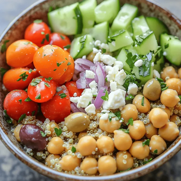 To create your Mediterranean Chickpea Quinoa Bowl, gather these fresh ingredients: - 1 cup quinoa, thoroughly rinsed - 2 cups vegetable broth or water - 1 can (15 oz) chickpeas, drained and rinsed - 1 cup cherry tomatoes, halved - 1 cucumber, diced into small pieces - 1/2 red onion, finely chopped - 1/4 cup Kalamata olives, pitted and sliced - 1/4 cup feta cheese, crumbled (optional) - 1/4 cup fresh parsley, chopped - 3 tablespoons extra-virgin olive oil - 2 tablespoons freshly squeezed lemon juice - 1 teaspoon dried oregano - Salt and freshly cracked pepper, to taste Each ingredient brings its own flavor and health benefits. Quinoa is a great source of protein. Chickpeas add fiber and make this bowl hearty. Cherry tomatoes provide sweetness. Cucumbers add crunch, and red onion gives a sharp bite. Kalamata olives introduce a briny taste, while feta cheese adds creaminess if you choose to include it. Fresh parsley brightens the dish. Olive oil and lemon juice create a zesty dressing, while oregano adds an earthy touch. Use these ingredients to make your bowl colorful and tasty. You can mix and match based on your preferences too! First, take one cup of quinoa and rinse it well. Rinsing helps remove the bitter taste. Next, add the quinoa to a medium pot with two cups of vegetable broth or water. Bring this mix to a boil over medium-high heat. Once it boils, lower the heat to a simmer. Cover the pot and let it cook for about 15 minutes. When all the liquid is gone, remove it from heat. Fluff the quinoa gently with a fork and let it cool. While the quinoa cooks, let’s make the dressing. In a small bowl, whisk together three tablespoons of extra-virgin olive oil and two tablespoons of freshly squeezed lemon juice. Add one teaspoon of dried oregano, a pinch of salt, and some cracked pepper. Taste it and adjust the salt and pepper to your liking. A good dressing adds life to your bowl. Now, grab a large mixing bowl. Add one can of drained chickpeas, one cup of halved cherry tomatoes, one diced cucumber, and half a finely chopped red onion. Toss in a quarter cup of sliced Kalamata olives and a quarter cup of chopped fresh parsley. Stir gently to mix everything. This mix adds great color and flavor to your bowl. Once the quinoa has cooled, add it to the bowl with the veggies and chickpeas. Carefully pour the dressing over the top. Use a spatula to toss everything together. Make sure the dressing coats all the ingredients well. This step is key for flavor! If you want to add feta cheese, sprinkle a quarter cup of crumbled cheese on top before serving. You can serve the bowls warm or chilled. For a nice touch, spoon the mixture into individual bowls. Garnish with extra parsley and olives for added color and flavor. Enjoy your healthy delight! To fluff quinoa, let it sit after cooking. Take a fork and gently stir the quinoa. This method separates the grains and makes it light. Fluffing helps each bite feel fresh and airy. It also improves the texture of your bowl. Taste the dressing before adding it to your salad. If you want more tang, add more lemon juice. For a richer flavor, increase olive oil or salt. Don’t be afraid to mix in herbs like basil or mint. This adds a personal touch to your meal. Store ingredients in airtight containers. This keeps them crisp and full of flavor. Use vegetables within a few days for the best taste. If you have leftover salad, keep it in the fridge. Just add fresh dressing before serving to keep it tasty. {{image_4}} If you want to switch up the protein, try adding grilled chicken or shrimp. Both pair well with the flavors in this bowl. You can also use tofu or tempeh for a veggie option. These proteins add great texture and taste. For a vegan twist, skip the feta cheese. You can add a sprinkle of nutritional yeast for a cheesy flavor. Try adding avocado for creaminess too. This will keep the dish plant-based while being very satisfying. Change up the veggies based on the season. In summer, add bell peppers or zucchini. In winter, roasted sweet potatoes or carrots work great. This keeps your bowl fresh and exciting all year long! To keep your Mediterranean chickpea quinoa bowls fresh, store them in an airtight container. They stay good in the fridge for up to four days. Make sure the bowls cool down before sealing. This prevents moisture, which can make your meal soggy. You can freeze these bowls for later. Portion them into freezer-safe containers. They last for up to three months in the freezer. When you are ready to eat, just take one out and let it thaw in the fridge overnight. To reheat, place the quinoa bowl in the microwave. Heat it for 1-2 minutes, stirring halfway through. Check if it's hot enough before eating. You can also warm it up in a saucepan over low heat. Adding a splash of olive oil or a bit of water helps to keep it moist. To make this recipe gluten-free, use gluten-free quinoa. Quinoa is naturally gluten-free. Always check labels on any broth you use. Some broths may have gluten. Yes, you can prepare the bowls in advance. Cook the quinoa and chop the veggies ahead of time. Store each part separately in airtight containers. This keeps everything fresh. If you want a substitute for feta cheese, try goat cheese or avocado. Both add creaminess. For a vegan option, use tofu or a vegan cheese. These bowls last about 3 to 5 days in the fridge. Store them in an airtight container. Check for freshness before eating. Yes, this dish is great for meal prep. It packs well for lunches or snacks. Just store the dressing separately to keep veggies crisp. This blog post covered a fresh quinoa salad recipe, highlighting ingredients, steps, and storage tips. You learned how to cook quinoa, prepare a tasty dressing, and combine ingredients for a bright salad. I shared useful tricks for keeping your salad fresh and variations to try. Remember, whether you stick to the basic recipe or explore the alternatives, this salad is fun and easy to make. Enjoy creating your own variations as you savor each bite!