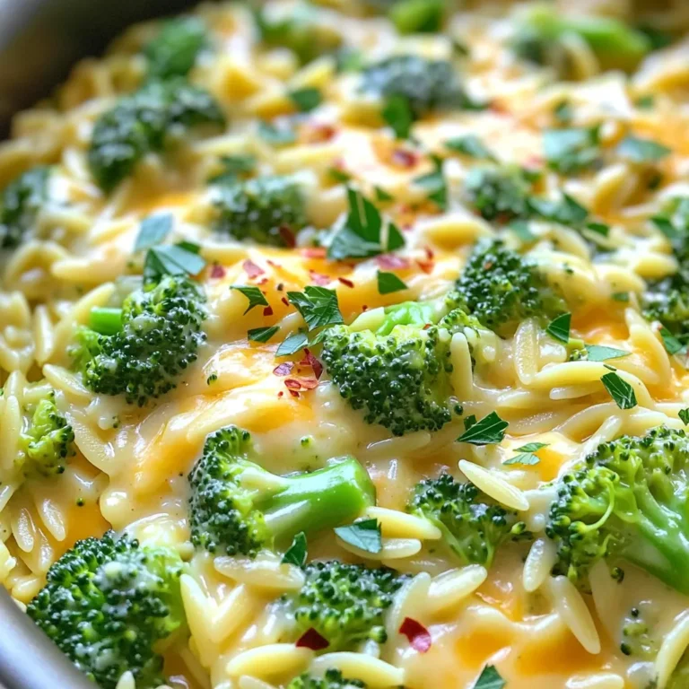 To make One Pot Broccoli Cheddar Orzo, you need a few key items. Here’s what you will need: - 1 cup of orzo pasta - 3 cups of vegetable broth - 2 cups of fresh broccoli florets - 1 cup of sharp cheddar cheese, shredded - 1 cup of milk (or almond milk for a dairy-free alternative) - 1 tablespoon of extra virgin olive oil - 1 small onion, finely chopped - 2 cloves of garlic, minced - 1 teaspoon of onion powder - Salt and freshly ground black pepper to taste - 1/4 teaspoon of red pepper flakes (optional for a spicy kick) - Fresh parsley, chopped, for garnish Gather these ingredients to create a rich and creamy meal. Using fresh broccoli adds a nice crunch and color. The sharp cheddar gives the dish its signature flavor. You can swap the milk for almond milk to keep it dairy-free, making this dish friendly for more diets. Each ingredient plays a role in building layers of taste. To start, heat one tablespoon of extra virgin olive oil in a large pot over medium heat. Once the oil is hot, add one small onion, finely chopped, and two minced garlic cloves. Sauté these for about three to four minutes. You want the onion to turn translucent and fragrant. This step builds a great flavor base. Next, add one cup of orzo pasta to the pot. Cook it for one to two minutes while stirring often. This toasting adds a nice nutty flavor to the pasta. Now, carefully pour in three cups of vegetable broth. Stir to combine, and bring this mixture to a gentle simmer. It's time to add two cups of fresh broccoli florets. Also, add one teaspoon of onion powder. Season with salt, freshly ground black pepper, and, if you like it spicy, add a pinch of red pepper flakes. Cover the pot with a lid. Allow it to cook for about ten to twelve minutes. Stir occasionally to ensure the orzo cooks evenly. This will make the orzo tender while absorbing the broth, creating a creamy texture. Once the orzo is cooked to your liking, reduce the heat to low. Stir in one cup of milk and one cup of shredded sharp cheddar cheese. Keep mixing until the cheese melts completely, making the dish creamy. Taste and adjust the seasoning if needed. After that, remove the pot from the heat. Let it sit for a couple of minutes. This resting time helps the orzo thicken, enhancing the creamy consistency. Finally, garnish your dish with chopped fresh parsley before serving. This adds a bright touch and makes it look beautiful! To boost flavor, use fresh spices. Onion powder adds a nice base. Fresh herbs like parsley give a vibrant touch. If you crave heat, sprinkle in red pepper flakes. Just a little bit can elevate your dish. For creaminess, stir in cheese slowly. Let it melt fully before serving. This gives you a smooth texture. Don't skip resting time. Letting it sit for a couple of minutes thickens the orzo. This makes every bite rich and satisfying. Fresh broccoli shines in this dish. Its crunch and color enhance the meal. If you're short on time, frozen broccoli works too. Just thaw and add it in towards the end. It cooks quickly and still tastes great. {{image_4}} For a tasty dairy-free meal, you can swap out the cheddar cheese. Use a plant-based cheese that melts well. Brands like Daiya or Violife work great for this. For milk, replace regular milk with almond milk or oat milk. These options keep the dish creamy and delicious without dairy. You can add protein to make this dish heartier. For meat lovers, cooked chicken works well. Just shred it and stir it in at the end. If you want a vegetarian option, use tofu. Cube the tofu and sauté it with the onion and garlic. This gives it a nice flavor before adding the orzo. Pair this creamy orzo with a fresh salad or some crusty bread. A simple green salad with lemon dressing adds a nice crunch. If you want to turn this dish into a casserole, pour it into a baking dish. Top it with extra cheese or breadcrumbs and bake until golden. This gives it a great crispy texture on top! To store your One Pot Broccoli Cheddar Orzo, place it in an airtight container. This helps keep the dish fresh. Make sure it cools completely before sealing. You can safely store it in the fridge for about 3 to 4 days. If you want to enjoy it later, just reheat small portions in the microwave or on the stovetop. If you want to freeze the orzo, use a freezer-safe container. Let it cool first to avoid forming ice crystals. It can stay fresh for up to 3 months in the freezer. When you’re ready to eat it, thaw it in the fridge overnight. Reheat on low heat, adding a splash of milk to keep it creamy. This helps bring back its delightful texture. Yes, you can! If you want to mix it up, try these cheese options: - Monterey Jack - Gouda - Cream cheese - Vegan cheese if you need a dairy-free choice These cheeses melt well and add a unique flavor to your dish. Experiment to find your favorite! Orzo is not gluten-free; it’s made from wheat. If you need a gluten-free option, try these: - Rice pasta - Quinoa pasta - Chickpea pasta Each of these alternatives cooks well in this recipe and keeps the creamy texture. To add some heat, try these tips: - Increase red pepper flakes to taste. - Add diced jalapeños or a dash of hot sauce. - Stir in a bit of cayenne pepper. These options will give your dish a tasty kick without overpowering the cheese flavor! This blog post covered a creamy orzo dish with broccoli and cheese. You learned the key ingredients, step-by-step instructions, and helpful tips. We explored tasty variations and smart storage options. Making this dish can be simple and fun. Whether you stick to the original recipe or experiment, you're sure to enjoy it. Cooking can bring joy and comfort. So grab those ingredients, and let’s get started!