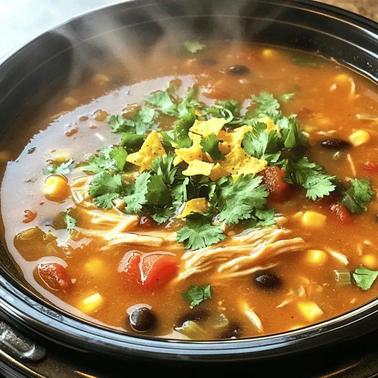 To make a tasty Slow Cooker Chicken Tortilla Soup, you need a few key items: - 1 lb boneless, skinless chicken breasts - 1 medium onion, finely chopped - 2 cloves garlic, finely minced - 1 can (14.5 oz) diced tomatoes with green chilies, undrained - 1 can (15 oz) black beans, thoroughly drained and rinsed - 1 can (15 oz) sweet corn, thoroughly drained - 4 cups low-sodium chicken broth These main ingredients form the heart of your soup. The chicken provides protein, while the beans and corn add texture and sweetness. The tomatoes give a nice zing. Flavor is key in this soup. Here’s what you’ll need: - 1 tablespoon ground cumin - 1 tablespoon chili powder - 1 teaspoon smoked paprika - Salt and freshly cracked black pepper to taste - Juice of 1 lime These spices add depth and warmth. The lime juice brightens the flavors and adds a fresh taste. Garnishing makes your soup look appealing. Use these: - Fresh cilantro, chopped (for garnish) - Tortilla chips (for serving) For a great presentation, serve the soup in rustic bowls. Add lime wedges on the side and let the tortilla chips stand upright in the soup. This adds a fun and crunchy element. To start, place the boneless, skinless chicken breasts in the bottom of your slow cooker. Spread them out evenly for the best cooking. Next, layer the chopped onion and minced garlic right on top of the chicken. This helps the flavors mix well as they cook together. After that, pour the can of diced tomatoes with green chilies over the onion and garlic. Then, add the drained black beans and sweet corn. This combination adds a great mix of textures and tastes. Now, it’s time to pour in the chicken broth. Make sure you cover all the ingredients well. This step is key for a rich soup base. Next, evenly sprinkle the spices: ground cumin, chili powder, smoked paprika, salt, and freshly cracked black pepper. This will give your soup a burst of flavor. With everything in the slow cooker, secure the lid. Set your cooker to low for 6-8 hours or high for 3-4 hours. The chicken should cook until tender and fully done. About 30 minutes before serving, shred the chicken right in the pot using two forks. This makes it easy to mix the chicken into the soup. After shredding, add the juice of one fresh lime. This will brighten the flavors. Taste the soup and adjust the seasonings if needed. Serve the hot soup in bowls, garnished with chopped cilantro and a handful of tortilla chips for crunch. Enjoy your hearty meal! To keep the chicken moist and tender, use boneless, skinless chicken breasts. They cook well and stay juicy. Layer the chicken at the bottom of the slow cooker. This helps it soak up all the flavors. Cooking time can vary based on your slow cooker model. If you have a newer model, it may cook faster. Check the chicken after 6 hours on low or 3 hours on high. If it shreds easily, it’s done. To boost flavor, consider adding spices. A pinch of cayenne can add a nice kick. You could also try adding dried oregano for an earthy note. For heat preference, adjust the chili powder. Use less for mild soup. If you like it spicy, add more chili powder or some sliced jalapeños. Garnishing makes your soup look special. Add fresh cilantro on top for color. A squeeze of lime adds a fresh flavor. Serve the soup in rustic bowls. Stack some tortilla chips on the side. You can also place them upright in the soup for a fun look. This adds texture and crunch! {{image_4}} You can switch up the protein in this soup. Try using turkey or lean beef instead of chicken. If you want a vegetarian option, use tofu or tempeh. For beans, black beans work well, but pinto or kidney beans add a nice twist. You can also mix in different veggies like bell peppers or zucchini. These changes keep the soup fresh and exciting. Traditional Mexican-style ingredients bring great flavor. Consider adding fresh jalapeños or a touch of queso fresco for an authentic taste. If you want a fusion twist, add coconut milk for a creamy Thai vibe or curry spices for an Indian flair. These small changes can create a whole new soup experience. To make the soup gluten-free, use certified gluten-free tortilla chips. Many chicken broths are gluten-free, but double-check the label. For low-sodium options, choose low-sodium broth and limit added salt. If you want a low-carb version, skip the corn and serve the soup without chips. These adjustments help meet various dietary needs while keeping the taste intact. To keep your soup fresh, place leftovers in an airtight container. This helps prevent spills and keeps the soup tasty. Store it in the fridge right after it cools down. Your soup will last for about 3 to 4 days in the fridge. Freezing your soup is a great way to save it for later. I suggest using freezer-safe containers or bags. Make sure to leave some space for the soup to expand when it freezes. To reheat, simply thaw it in the fridge overnight. Then, warm it on the stove or in the microwave until hot. Stir well to mix the flavors. You can get creative with leftover soup! Try using it as a base for a rice bowl. Just add some cooked rice and veggies for a new dish. You can also use it as a sauce for enchiladas. Another idea is to mix it with scrambled eggs for a tasty breakfast. The possibilities are endless, so don’t let any soup go to waste! To add heat, use more chili powder or smoked paprika. You can also add sliced jalapeños or a dash of hot sauce. If you want an extra kick, mix in some cayenne pepper. Start with a little and taste as you go. This way, you can find the right level of spice for your taste buds. Yes, you can use fresh ingredients instead of canned. Fresh vegetables can add great flavor. Use fresh tomatoes, bell peppers, and corn. Just chop them well and add them to the slow cooker. Fresh beans are a nice touch too, but they might need more cooking time. Canned goods save time and are handy. Use what you have on hand. You can serve this soup with many side dishes. Cornbread or quesadillas are good choices. You can also add a fresh salad to balance the meal. For a crunchy touch, serve with tortilla chips on the side. They make the soup even more fun to eat. Consider lime wedges for extra zing too! This article covered how to make a tasty Slow Cooker Chicken Tortilla Soup. We started with essential ingredients, including chicken, beans, and spices. Then, I shared step-by-step cooking instructions and helpful tips for flavor and presentation. You learned about variations and storage tips to keep leftovers fresh. In summary, this soup is versatile and easy to adapt. Enjoy sharing it with family and friends for a satisfying meal.