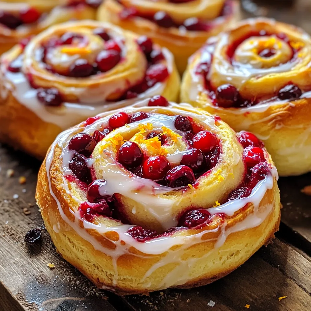 - 4 cups all-purpose flour - 1/4 cup granulated sugar - 1 packet (2 1/4 tsp) instant yeast - 1/2 teaspoon salt - 1/2 cup whole milk - 1/4 cup unsalted butter - 2 large eggs - Zest of 1 medium orange - 1 cup fresh cranberries - 1 teaspoon ground cinnamon - 1/4 cup fresh orange juice The main ingredients for Cranberry Orange Sweet Rolls are simple yet essential. First, all-purpose flour provides the base. It gives the rolls their soft structure. Granulated sugar adds sweetness, balancing the tartness of cranberries. Instant yeast helps the dough rise quickly. Salt enhances the flavors and controls fermentation. Warmed whole milk and melted butter enrich the dough. They add moisture and create a tender crumb. Two large eggs contribute to the dough's richness. The zest of one medium orange brings a bright, fresh flavor. Fresh cranberries give a burst of tartness, while ground cinnamon adds warmth. Finally, fresh orange juice ties the flavors together. - 1 cup powdered sugar - 2-3 tablespoons fresh orange juice - Zest of 1 medium orange For the glaze, start with powdered sugar. This gives a sweet and smooth finish. Fresh orange juice adds tang and brightness. Use orange zest for an extra flavor kick. The combination creates a perfect topping for the warm rolls. Each ingredient plays a key role in making these rolls soft and irresistible. The balance of flavors makes every bite delightful. First, gather your dry ingredients. In a large bowl, mix together: - 4 cups all-purpose flour - 1/4 cup granulated sugar - 1 packet (2 1/4 tsp) instant yeast - 1/2 teaspoon salt Make sure to mix these well so they blend perfectly. Now, in another bowl, blend the wet ingredients. Combine: - 1/2 cup whole milk (warmed to about 110°F) - 1/4 cup unsalted butter (melted) - 2 large eggs (at room temperature) - Zest of 1 medium orange Mix these until smooth. Then, slowly pour the wet mix into the dry mix. Stir with a wooden spoon until just combined. Gradually add the remaining flour, one cup at a time, until the dough feels a bit sticky but easy to handle. Next, it’s time to knead the dough. Dust your work surface with flour. Transfer the dough and knead it for about 5-7 minutes. It should feel smooth and elastic. After kneading, place the dough in a greased bowl. Cover it with a clean towel. Let it rise in a warm spot for about 1 hour, or until it doubles in size. After the first rise, gently punch the dough down to release the air. Roll it out on a floured surface into a rectangle of about 12x18 inches. In a small bowl, mix: - 1 cup fresh cranberries (finely chopped) - 1 teaspoon ground cinnamon - 1/4 cup fresh orange juice Spread this mixture evenly over the rolled-out dough. Starting from one long edge, roll the dough tightly into a log shape. Seal the seam by pinching it closed. Use a sharp knife to cut the log into 12 equal pieces. Place the pieces cut-side up in a greased baking dish, close together. Cover with a towel and let them rise for another 30 minutes. Now, preheat your oven to 350°F (175°C). While the oven heats, let the rolls complete their second rise. Once ready, bake the rolls for 25-30 minutes. They should puff up and turn golden brown on top. While the rolls bake, prepare the glaze. In a mixing bowl, whisk together: - 1 cup powdered sugar - 2-3 tablespoons fresh orange juice - Zest of 1 medium orange Adjust the juice for your desired thickness. Once the rolls are out of the oven, let them cool in the baking dish for about 10 minutes. Drizzle the glaze over the warm rolls for a sweet finish. Enjoy! To make soft rolls, you need the right dough texture. The dough should feel slightly sticky but not wet. Knead the dough until it is smooth and elastic. This helps develop gluten, which makes the rolls rise nicely. Using room temperature ingredients is key. Cold eggs or milk can slow down yeast activity. Warmed milk helps the yeast work better. Let your eggs sit out for a bit before starting. This simple step makes a big difference in the final product. Even baking is important for perfect rolls. Place your baking dish in the center of the oven. This ensures even heat around the rolls. If your oven has hot spots, rotate the dish halfway through baking. To check for doneness, look for a golden brown top. You can also tap the bottom of a roll; it should sound hollow. This means they are baked through. The glaze should be smooth and easy to drizzle. If it is too thick, add more orange juice. If too thin, add more powdered sugar. You can adjust to your liking. For a fun twist, try adding a splash of vanilla extract or almond extract to the glaze. This adds a nice layer of flavor that complements the rolls. {{image_4}} You can change the fruit in these rolls. Using dried cranberries gives a sweeter taste. Dried fruit also adds a chewy texture. If you prefer, you can add raisins or cherries. Both fruits pair nicely with the orange flavor. Cherries add a tartness that brightens the rolls. Feel free to mix and match to find your favorite combo! Glazes can give your rolls a special touch. You can try flavors like vanilla or almond extract. Both add a unique twist to the glaze. To make a vanilla glaze, just mix vanilla extract with the powdered sugar and orange juice. For an almond glaze, use almond extract instead. These flavors can change the whole feel of the rolls. Experiment and see what you enjoy best! If you need gluten-free rolls, you can adapt the recipe. Use a gluten-free flour blend instead of all-purpose flour. Look for blends that have xanthan gum in them. This helps give the dough the right texture. You might also want to add a bit more liquid. This ensures the rolls stay soft and moist. Remember to check your ingredients for hidden gluten. Enjoy your sweet rolls without worry! To keep your Cranberry Orange Sweet Rolls fresh, store them in an airtight container. This helps maintain their softness. You can also wrap them in plastic wrap for extra protection. For longer storage, freeze the rolls. Allow them to cool completely before wrapping each roll tightly in plastic wrap. Place the wrapped rolls in a freezer bag, removing as much air as possible. This will prevent freezer burn and keep them safe for up to three months. To reheat, simply take out the rolls and let them thaw in the fridge overnight. Once thawed, heat them in the oven at 350°F (175°C) for about 10 minutes. This will revive their soft texture. You can also microwave them for 15-20 seconds for a quick fix. Cranberry Orange Sweet Rolls last about 2-3 days at room temperature. Keep them in an airtight container to ensure freshness. If you refrigerate them, they can last up to a week. Frozen rolls can last for up to three months. After that, they may lose taste and texture. When stored properly, you can enjoy these sweet rolls for a long time! Yes, you can prepare the dough in advance. Make the dough and let it rise. After the first rise, cover it tightly with plastic wrap or foil. You can store it in the fridge overnight. The next day, let it come to room temperature before rolling and shaping. To make these rolls vegan, swap the eggs for flax eggs. Mix one tablespoon of ground flaxseed with three tablespoons of water. Let it sit for a few minutes to thicken. For milk, use almond milk or soy milk. Replace butter with coconut oil or vegan butter. These rolls pair well with many drinks and sides. Try serving them with hot tea or coffee. A nice orange juice is a great choice too. For sides, consider a light fruit salad or yogurt. These options complement the sweet and tart flavors. Yes, you can use dried cranberries. They will make the rolls sweeter and chewier. Dried cranberries also have a softer texture compared to fresh ones. If you choose dried, cut back on added sugar in the filling. This will balance the flavors nicely. These Cranberry Orange Sweet Rolls are a delightful treat to make and share. We covered the key ingredients, mixing steps, and baking tips. With a bit of practice, you can perfect the dough and glaze. Don’t hesitate to try different fruits or adjust the glaze to your taste. Enjoy these rolls fresh or store them for later. No matter how you enjoy them, they will surely brighten your day. Your kitchen will smell amazing, and each bite will be worth it. Happy baking!