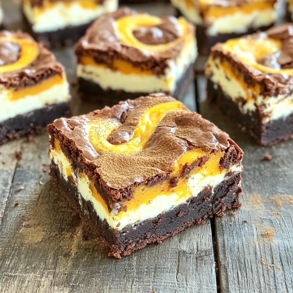 To make these tasty brownies, you need a few key items. Here’s what you will need: - 1 cup unsalted butter, melted - 2 cups granulated sugar - 1 cup packed brown sugar - 4 large eggs - 2 teaspoons pure vanilla extract - 1 cup all-purpose flour - 3/4 cup unsweetened cocoa powder - 1 teaspoon baking powder - 1/2 teaspoon salt - 1 cup pumpkin puree These ingredients create a rich, chocolatey base that pairs perfectly with the pumpkin. The cream cheese layer adds a delicious twist. You’ll need: - 8 oz cream cheese, softened - 1/2 cup powdered sugar - 1 teaspoon ground cinnamon - 1/2 teaspoon ground nutmeg This mixture is smooth and creamy, giving the brownies that perfect swirl. To make these brownies, you will need some tools. Here’s a list of what to gather: - Mixing bowls - Electric mixer - Baking pan (9x13 inch) Having the right tools makes the process easier and more fun! First, preheat your oven to 350°F (175°C). This makes sure the brownies bake evenly. Next, take a 9x13 inch baking pan and grease it well. You can use butter or cooking spray. Then, line the pan with parchment paper. Leave some paper hanging over the edges. This will help lift the brownies out later. In a large mixing bowl, add 1 cup of melted butter. Then, mix in 2 cups of granulated sugar and 1 cup of brown sugar. Whisk these together until smooth. Next, add in 4 large eggs, one at a time. Make sure to mix well after each egg. Now, stir in 2 teaspoons of pure vanilla extract until everything is well combined. In another bowl, sift together 1 cup of all-purpose flour, 3/4 cup of cocoa powder, 1 teaspoon of baking powder, and 1/2 teaspoon of salt. Gradually fold this dry mix into the wet mix. Stir gently until just combined. Don’t worry if you see a few flecks of flour. In a medium bowl, beat 8 oz of softened cream cheese with an electric mixer until smooth. Then, add in 1 cup of pumpkin puree, 1/2 cup of powdered sugar, 1 teaspoon of ground cinnamon, and 1/2 teaspoon of ground nutmeg. Mix everything until it’s creamy and well-blended. Pour about two-thirds of the brownie batter into your prepared pan. Spread it evenly. Then, spoon dollops of the pumpkin cream cheese mix on top. Take a knife or skewer and gently swirl the pumpkin mix into the brownie batter. This creates a marbled effect. Finally, pour the remaining brownie batter on top and swirl it again gently to combine slightly. Now, place the pan in your preheated oven. Bake for 35 to 40 minutes. To check if they are done, insert a toothpick into the center. It should come out with a few moist crumbs, not wet batter. Once baked, let the brownies cool in the pan for at least 30 minutes. This helps them set properly. Use the parchment paper overhang to lift them out and move them to a cutting board. Cut into squares and enjoy your delicious pumpkin cream cheese swirl brownies! To get a lovely marbled look, follow these steps: - Layer Wisely: Spread two-thirds of the brownie batter evenly in the pan. This gives a good base. - Dollop Carefully: Add spoonfuls of the pumpkin cream cheese mix on top of the brownie layer. - Swirl Gently: Use a knife or skewer to make gentle swirls. Too much mixing will blend the colors too much. Enhance your brownie experience with these ideas: - Dust with Powdered Sugar: A light sprinkle on top adds elegance. - Add a Dollop of Whipped Cream: This adds a creamy texture that pairs well. - Serve with Ice Cream: A scoop of vanilla ice cream brings a cool contrast to the warm brownies. Prevent issues with these tips: - Underbaking: Always check with a toothpick. It should have a few moist crumbs. - Overmixing the Batter: Mix just until combined. This keeps your brownies soft and fudgy. - Ignoring Cooling Time: Let them cool in the pan for at least 30 minutes. This helps them set and makes cutting easier. {{image_4}} You can boost the taste of these brownies with fun add-ins. Try adding nuts like walnuts or pecans for a crunch. You can also mix in chocolate chips for extra sweetness. Dark chocolate chips add a rich taste, while white chocolate chips give a nice contrast. Just fold these into the brownie batter before you layer it in the pan. If you want to swap sugars, there are tasty options. Coconut sugar adds a nice caramel taste. Maple syrup is another great choice; it gives a warm flavor. Honey can work too, but keep in mind it may change the texture. Use about three-quarters of the amount listed for granulated sugar if you choose one of these. To make these brownies gluten-free, simple swaps work well. Use almond flour or a gluten-free baking mix instead of all-purpose flour. These options keep the brownies soft and moist. Make sure to check that your baking powder is gluten-free too. Always read labels to ensure every ingredient meets your needs. To keep your brownies fresh, use an airtight container. Place a piece of parchment paper between layers to prevent sticking. Store them at room temperature for up to three days. If you want to keep them longer, refrigeration is an option. Just remember that cold can change the texture slightly. To freeze brownies, first, let them cool completely. Then, cut them into squares. Wrap each square in plastic wrap tightly. Place the wrapped brownies in a freezer bag. Be sure to remove as much air as possible before sealing. You can freeze them for up to three months. This way, you can enjoy a tasty treat anytime! When you're ready to enjoy your frozen brownies, take them out and let them thaw in the fridge overnight. For a warm treat, heat them in the microwave for about 10-15 seconds. This brings back their fudgy texture. You can also warm them in an oven set to 350°F for about 5-10 minutes. Enjoy them with a scoop of ice cream or a drizzle of chocolate sauce for an extra special touch! Yes, you can use fresh pumpkin. Start by roasting a pumpkin until it's soft. Then, scoop out the flesh and blend it until smooth. This will give you a fresh taste. However, canned pumpkin is convenient and consistent. It is also less work. I often recommend sticking with canned for ease. To check if the brownies are done, use a toothpick. Stick it in the center of the brownies. If it comes out with a few moist crumbs, they are ready. If it comes out with wet batter, bake them for a few more minutes. This simple test helps you avoid overbaking. To cut clean brownie squares, use a sharp knife. First, let the brownies cool completely. This keeps them firm. Dip the knife in hot water before each cut. Wipe the knife after each slice. This will give you neat, even squares without tearing. Yes, you can make these brownies ahead of time. Bake them a day or two before your event. Store them in an airtight container to keep them fresh. They taste great even after a couple of days. You can also freeze them for longer storage. Just thaw them before serving. This post covered ingredients, steps, and tips for perfect brownies. I shared how to mix the batter and create a tasty pumpkin cream cheese layer. You learned important techniques for layering and baking. I also included variations, storage tips, and answers to common questions. These brownies can impress everyone. Enjoy experimenting with flavors and serving ideas. With practice, you will perfect this recipe and create a treat that delights all!