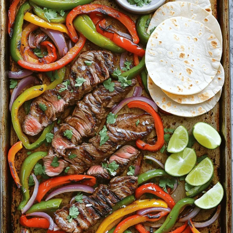 - 1 pound flank steak, thinly sliced against the grain - 2 bell peppers (1 red and 1 green), sliced into strips - 1 medium red onion, sliced into wedges - 4 cloves garlic, finely minced - 1/4 cup unsalted butter The flank steak gives a nice, tender bite. Bell peppers and onions add color and crunch. Garlic and butter bring rich flavor to the dish. - 2 tablespoons extra virgin olive oil - 2 teaspoons chili powder - 1 teaspoon ground cumin - 1 teaspoon smoked paprika - Salt and freshly cracked black pepper to taste These seasonings bring warmth and depth. Olive oil helps the flavors coat the steak and veggies well. Adding salt and pepper enhances every bite. - Fresh cilantro, chopped (for garnish) - Lime wedges (for serving) - Warm tortillas (flour or corn) Fresh cilantro adds brightness. Lime wedges offer a zesty kick. Warm tortillas are perfect for wrapping up the fajitas. Enjoy every bite! Start by preheating your oven to 400°F (200°C). This step is key for roasting the steak and veggies perfectly. A hot oven helps them get that nice caramelized look and taste. In a large bowl, mix the thinly sliced flank steak with the bell peppers and red onion. Make sure all the pieces are mixed well. This way, every bite gets the right flavor. Next, melt the unsalted butter in a small pan over medium heat. After it melts, add the minced garlic. Sauté for 1-2 minutes until it smells great. Don’t let it brown! Then, stir in chili powder, cumin, smoked paprika, salt, and pepper. This garlic butter mix is the magic for your fajitas. Drizzle the garlic butter mix over the steak and veggies in the bowl. Add the extra virgin olive oil too. Use tongs or your hands to toss everything together. Make sure each piece is coated well with the tasty spices and butter. Now, transfer the seasoned steak and vegetables to a large sheet pan. Spread them out in a single layer. Avoid crowding the pan; this helps them roast evenly and get nice and crispy. Place the sheet pan in the hot oven. Roast for about 15-20 minutes. Check for doneness halfway through and stir to ensure even cooking. Once done, take them out and let the fajitas rest for a few minutes. This helps the flavors come together. Serve them on warm tortillas, topped with fresh cilantro and lime wedges. Enjoy that burst of flavor! To make the best fajitas, avoid overcrowding the pan. When you spread the steak and veggies out, they roast better. This helps them caramelize and not steam. Stirring halfway through cooking is key. It helps everything cook evenly, so you get a nice texture. You can boost the taste by adding more spices or marinades. Try a splash of lime juice or some fresh herbs. Letting the fajitas rest for a few minutes after cooking is also smart. This resting time lets the flavors mix, making every bite more tasty. If you want to switch things up, try different cooking methods. You can grill the steak or use a stovetop skillet. High-heat roasting gives a nice char, while regular baking is more gentle. Both methods work, but high heat adds a fun crunch to the veggies. {{image_4}} You can switch up the protein in these fajitas. Chicken works great here. Just slice it thinly like the steak. Shrimp is another tasty option. Use medium-sized shrimp and cook them for a shorter time. For a vegetarian twist, try marinated tofu or tempeh. Both can soak up the garlic butter flavor well. Feel free to add more vegetables. Zucchini is a great choice. Slice it into half-moons and toss it in. Mushrooms bring a nice umami taste. You can use any type you like. Corn adds sweetness and color. Seasonal vegetables like asparagus or cherry tomatoes can also shine in this dish. Use what you find fresh at the market. Want it mild? Just skip the chili powder. You can also use sweet paprika instead. For heat, try fresh chilis. Jalapeños or serranos work well. If you love hot sauce, drizzle some on top before serving. This way, everyone can adjust the heat to their taste. To keep your fajitas fresh, store them in the fridge. Place them in airtight containers. This helps keep the flavors intact and stops them from drying out. Make sure to label the containers with the date. Use your leftovers within three days for the best taste. When it's time to enjoy leftovers, reheating is simple. You can use the microwave or a skillet. If using the microwave, heat in short bursts. Stir in between to ensure even heating. If using a skillet, add a bit of oil. Heat on medium until warm. This keeps the flavors fresh and tasty. You can also freeze your cooked fajitas. First, let them cool completely. Then, place them in freezer-safe bags or containers. Remove as much air as possible before sealing. This prevents freezer burn. When you're ready to eat, thaw them in the fridge overnight. Reheat them on the stove or in the microwave for a quick meal. Yes, you can use other cuts. Skirt steak works well too. Sirloin and ribeye are also good choices. Just slice them thinly against the grain for tenderness. Each cut adds a unique flavor to your fajitas. To spice up your fajitas, add fresh jalapeños. You can also use cayenne pepper or hot sauce. Mixing in a pinch of red pepper flakes boosts the heat, too. Experiment with spices to find your perfect kick. Steak fajitas pair great with rice or beans. A fresh salad adds crunch. Guacamole and sour cream are tasty toppings. Serve with warm tortillas for a full meal. Corn on the cob is another fun side. Check the steak's color. It should be brown on the outside. Use a meat thermometer for accuracy. Aim for 130°F for medium-rare and 145°F for medium. Let it rest for a few minutes before serving. Yes, you can make the garlic butter sauce ahead. Store it in the fridge for up to a week. Reheat it gently before using. This makes meal prep easier and saves you time! This article covered how to make delicious fajitas. You learned about the main ingredients like flank steak, bell peppers, and garlic butter. I shared steps for roasting, tips for perfect flavor, and variations to try. Remember, you can use different proteins or veggies for your own twist. Store leftovers properly and reheat for the best taste. Fajitas can easily fit your style and preferences, making them a fun meal to enjoy at home. Happy cooking!