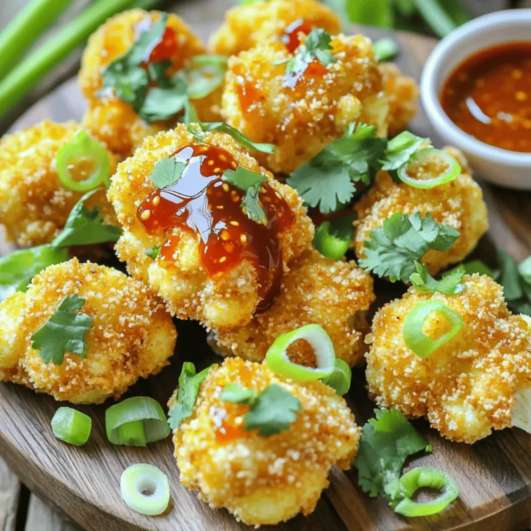 - 1 large head of cauliflower, trimmed and cut into bite-sized florets - 1 cup all-purpose flour - 1 cup plant-based milk (or regular milk) - 1 teaspoon garlic powder - 1 teaspoon onion powder - 1 teaspoon smoked paprika - 1/2 teaspoon salt - 1/2 teaspoon freshly ground black pepper - 1 cup panko breadcrumbs - 1/2 cup sweet chili sauce - 1 tablespoon olive oil - Fresh cilantro leaves or sliced green onions for garnish When you gather these ingredients, you set the stage for a tasty dish. The large head of cauliflower acts as the star, soaking up all the flavors. The flour and plant-based milk create a smooth batter that clings well. The garlic powder, onion powder, and smoked paprika add depth and warmth to the dish. Panko breadcrumbs give the wings their crunch. Sweet chili sauce brings a perfect balance of heat and sweetness. Finally, fresh herbs like cilantro or green onions brighten the dish and add a fresh kick. This combination ensures each bite bursts with flavor. The ingredients are simple yet powerful, making cooking fun and rewarding. When you have these items ready, you are just moments away from a delightful air-fried treat! To start, take your large head of cauliflower. Trim off the leaves and cut it into bite-sized florets. Aim for uniform pieces to ensure even cooking. Next, we’ll make the batter. In a big mixing bowl, combine: - 1 cup all-purpose flour - 1 cup plant-based milk (or regular milk) - 1 teaspoon garlic powder - 1 teaspoon onion powder - 1 teaspoon smoked paprika - 1/2 teaspoon salt - 1/2 teaspoon freshly ground black pepper Whisk these ingredients until smooth. The batter should be thick enough to coat the florets well. Now, take each floret and dip it into the batter. Make sure it’s fully covered but let any excess drip off back into the bowl. This way, you won’t have too much batter. After that, roll the battered cauliflower in panko breadcrumbs. Press gently to ensure a nice, even coat. This step is key for achieving that crunchy texture we all love. First, preheat your air fryer to 400°F (200°C). This step is essential for even cooking. Once it’s hot, lightly coat the air fryer basket with olive oil. You can use a spray or a brush for this. Next, arrange the coated cauliflower wings in a single layer. Avoid overcrowding the basket; this ensures proper air flow and crispiness. Air fry the wings for about 12-15 minutes. Halfway through, give the basket a shake. This helps cook them evenly. The wings should turn a golden brown color and feel crispy. After the initial frying, toss the wings in a bowl with 1/2 cup of sweet chili sauce. Make sure each piece is well-coated. Return the sauced wings to the air fryer for another 3-5 minutes. This helps caramelize the sauce, giving it a sticky glaze. When done, carefully remove the wings and garnish with fresh cilantro or sliced green onions. This adds a nice pop of color and flavor to your dish. To get great crunch, focus on your batter. A good batter sticks well to the cauliflower. Use the right ratio of flour to milk. This mix should be smooth, not too thick or thin. The panko breadcrumbs give extra crunch. Coat each floret well, pressing gently to stick. To keep your wings from sticking, spray the air fryer basket with olive oil. This step is key. You want each wing to come out easily. Arrange the florets in a single layer. If they crowd together, they won’t cook evenly. Want to spice things up? Try adding cayenne pepper or paprika to your batter. A little heat can make a big difference. You can also mix in some Italian herbs for a different taste. For sauces, you can swap sweet chili sauce with BBQ or buffalo sauce. Each sauce brings its own flavor. Experiment and find what you like best! Serving matters! Place the wings on a bright platter to catch the eye. A bowl of extra sweet chili sauce on the side is a great touch. It invites guests to dip their wings. Garnishes can elevate your dish. Fresh cilantro or sliced green onions add color and flavor. For a nutty taste, sprinkle sesame seeds on top just before serving. These small details make your dish look and taste gourmet! {{image_4}} You can add a spicy twist to your cauliflower wings. Just mix in extra chili flakes or hot sauce with the sweet chili sauce. This adds heat and a kick of flavor. If you prefer something sweet and smoky, try using barbecue sauce instead. It gives a rich, tangy taste, perfect for a summer vibe. If you need a gluten-free option, swap the all-purpose flour for almond flour or chickpea flour. These options work well and still give a nice texture. For a dairy-free choice, stick to plant-based milk. You can also use a gluten-free breadcrumb blend. This keeps the crunch while keeping things safe for your diet. These wings are great on their own or with sides. They pair well with a fresh salad or some crunchy veggies. You can also serve them with dips like ranch or extra sweet chili sauce. For meal prep, pack them in containers with your favorite sides. They make a tasty lunch or snack for later! To keep your cauliflower wings fresh, store them in an airtight container. Layer parchment paper between the wings to prevent sticking. They will stay good for about three days in the fridge. After that, they may lose crispness and flavor. For the best reheating method, use an air fryer or oven. Set the air fryer to 350°F (175°C) and reheat for about 5-7 minutes. This keeps the wings crispy. Avoid the microwave, as it can make them soggy. You can freeze cauliflower wings before or after cooking. If freezing before cooking, coat the wings and lay them on a tray. Freeze until firm, then transfer to a freezer bag. They last for about a month. If you freeze after cooking, reheat directly from frozen. Just add a few extra minutes to the cooking time. For the best results, thaw in the fridge overnight before reheating. To get crispy cauliflower wings, focus on the batter and the coating. Here are some tips: - Use panko breadcrumbs for extra crunch. They are lighter and crispier than regular breadcrumbs. - Make sure to coat each piece of cauliflower evenly in the batter. The batter should stick well without being too thick. - After coating in panko, gently press the breadcrumbs onto the cauliflower. This helps them stick better during cooking. - Avoid overcrowding the air fryer basket. This allows hot air to circulate around the wings, making them crispier. Yes, you can prepare these wings ahead of time. Here are some meal prep and storage options: - You can batter and coat the cauliflower a few hours in advance. Store them in the fridge until you are ready to air fry. - For longer storage, freeze the battered and coated wings. Place them in an airtight container. They can last up to a month in the freezer. - When you are ready to cook, there’s no need to thaw. Just air fry them for a few extra minutes. Sweet chili cauliflower wings pair well with many sides and dips. Here are some suggested options: - Serve with a fresh salad for a light meal. - Pair with carrot sticks and celery sticks for a crunchy side. - A small bowl of extra sweet chili sauce makes a great dip. - Ranch dressing or blue cheese dressing adds a creamy element. - Consider serving with some warm flatbreads or sliders for a fun twist. This post covered how to make crispy cauliflower wings, from selecting fresh ingredients to serving ideas. Remember to season well and coat evenly for the best crunch. Experiment with flavors to suit your taste, and don't forget to store or freeze leftovers properly. With these tips, you’ll master a dish that delights your taste buds and impresses your friends. Enjoy making your own flavorful wings!