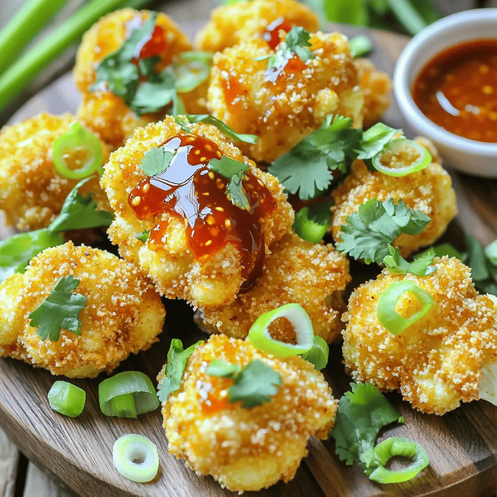 - 1 large head of cauliflower, trimmed and cut into bite-sized florets - 1 cup all-purpose flour - 1 cup plant-based milk (or regular milk) - 1 teaspoon garlic powder - 1 teaspoon onion powder - 1 teaspoon smoked paprika - 1/2 teaspoon salt - 1/2 teaspoon freshly ground black pepper - 1 cup panko breadcrumbs - 1/2 cup sweet chili sauce - 1 tablespoon olive oil - Fresh cilantro leaves or sliced green onions for garnish When you gather these ingredients, you set the stage for a tasty dish. The large head of cauliflower acts as the star, soaking up all the flavors. The flour and plant-based milk create a smooth batter that clings well. The garlic powder, onion powder, and smoked paprika add depth and warmth to the dish. Panko breadcrumbs give the wings their crunch. Sweet chili sauce brings a perfect balance of heat and sweetness. Finally, fresh herbs like cilantro or green onions brighten the dish and add a fresh kick. This combination ensures each bite bursts with flavor. The ingredients are simple yet powerful, making cooking fun and rewarding. When you have these items ready, you are just moments away from a delightful air-fried treat! To start, take your large head of cauliflower. Trim off the leaves and cut it into bite-sized florets. Aim for uniform pieces to ensure even cooking. Next, we’ll make the batter. In a big mixing bowl, combine: - 1 cup all-purpose flour - 1 cup plant-based milk (or regular milk) - 1 teaspoon garlic powder - 1 teaspoon onion powder - 1 teaspoon smoked paprika - 1/2 teaspoon salt - 1/2 teaspoon freshly ground black pepper Whisk these ingredients until smooth. The batter should be thick enough to coat the florets well. Now, take each floret and dip it into the batter. Make sure it’s fully covered but let any excess drip off back into the bowl. This way, you won’t have too much batter. After that, roll the battered cauliflower in panko breadcrumbs. Press gently to ensure a nice, even coat. This step is key for achieving that crunchy texture we all love. First, preheat your air fryer to 400°F (200°C). This step is essential for even cooking. Once it’s hot, lightly coat the air fryer basket with olive oil. You can use a spray or a brush for this. Next, arrange the coated cauliflower wings in a single layer. Avoid overcrowding the basket; this ensures proper air flow and crispiness. Air fry the wings for about 12-15 minutes. Halfway through, give the basket a shake. This helps cook them evenly. The wings should turn a golden brown color and feel crispy. After the initial frying, toss the wings in a bowl with 1/2 cup of sweet chili sauce. Make sure each piece is well-coated. Return the sauced wings to the air fryer for another 3-5 minutes. This helps caramelize the sauce, giving it a sticky glaze. When done, carefully remove the wings and garnish with fresh cilantro or sliced green onions. This adds a nice pop of color and flavor to your dish. To get great crunch, focus on your batter. A good batter sticks well to the cauliflower. Use the right ratio of flour to milk. This mix should be smooth, not too thick or thin. The panko breadcrumbs give extra crunch. Coat each floret well, pressing gently to stick. To keep your wings from sticking, spray the air fryer basket with olive oil. This step is key. You want each wing to come out easily. Arrange the florets in a single layer. If they crowd together, they won’t cook evenly. Want to spice things up? Try adding cayenne pepper or paprika to your batter. A little heat can make a big difference. You can also mix in some Italian herbs for a different taste. For sauces, you can swap sweet chili sauce with BBQ or buffalo sauce. Each sauce brings its own flavor. Experiment and find what you like best! Serving matters! Place the wings on a bright platter to catch the eye. A bowl of extra sweet chili sauce on the side is a great touch. It invites guests to dip their wings. Garnishes can elevate your dish. Fresh cilantro or sliced green onions add color and flavor. For a nutty taste, sprinkle sesame seeds on top just before serving. These small details make your dish look and taste gourmet! {{image_4}} You can add a spicy twist to your cauliflower wings. Just mix in extra chili flakes or hot sauce with the sweet chili sauce. This adds heat and a kick of flavor. If you prefer something sweet and smoky, try using barbecue sauce instead. It gives a rich, tangy taste, perfect for a summer vibe. If you need a gluten-free option, swap the all-purpose flour for almond flour or chickpea flour. These options work well and still give a nice texture. For a dairy-free choice, stick to plant-based milk. You can also use a gluten-free breadcrumb blend. This keeps the crunch while keeping things safe for your diet. These wings are great on their own or with sides. They pair well with a fresh salad or some crunchy veggies. You can also serve them with dips like ranch or extra sweet chili sauce. For meal prep, pack them in containers with your favorite sides. They make a tasty lunch or snack for later! To keep your cauliflower wings fresh, store them in an airtight container. Layer parchment paper between the wings to prevent sticking. They will stay good for about three days in the fridge. After that, they may lose crispness and flavor. For the best reheating method, use an air fryer or oven. Set the air fryer to 350°F (175°C) and reheat for about 5-7 minutes. This keeps the wings crispy. Avoid the microwave, as it can make them soggy. You can freeze cauliflower wings before or after cooking. If freezing before cooking, coat the wings and lay them on a tray. Freeze until firm, then transfer to a freezer bag. They last for about a month. If you freeze after cooking, reheat directly from frozen. Just add a few extra minutes to the cooking time. For the best results, thaw in the fridge overnight before reheating. To get crispy cauliflower wings, focus on the batter and the coating. Here are some tips: - Use panko breadcrumbs for extra crunch. They are lighter and crispier than regular breadcrumbs. - Make sure to coat each piece of cauliflower evenly in the batter. The batter should stick well without being too thick. - After coating in panko, gently press the breadcrumbs onto the cauliflower. This helps them stick better during cooking. - Avoid overcrowding the air fryer basket. This allows hot air to circulate around the wings, making them crispier. Yes, you can prepare these wings ahead of time. Here are some meal prep and storage options: - You can batter and coat the cauliflower a few hours in advance. Store them in the fridge until you are ready to air fry. - For longer storage, freeze the battered and coated wings. Place them in an airtight container. They can last up to a month in the freezer. - When you are ready to cook, there’s no need to thaw. Just air fry them for a few extra minutes. Sweet chili cauliflower wings pair well with many sides and dips. Here are some suggested options: - Serve with a fresh salad for a light meal. - Pair with carrot sticks and celery sticks for a crunchy side. - A small bowl of extra sweet chili sauce makes a great dip. - Ranch dressing or blue cheese dressing adds a creamy element. - Consider serving with some warm flatbreads or sliders for a fun twist. This post covered how to make crispy cauliflower wings, from selecting fresh ingredients to serving ideas. Remember to season well and coat evenly for the best crunch. Experiment with flavors to suit your taste, and don't forget to store or freeze leftovers properly. With these tips, you’ll master a dish that delights your taste buds and impresses your friends. Enjoy making your own flavorful wings!