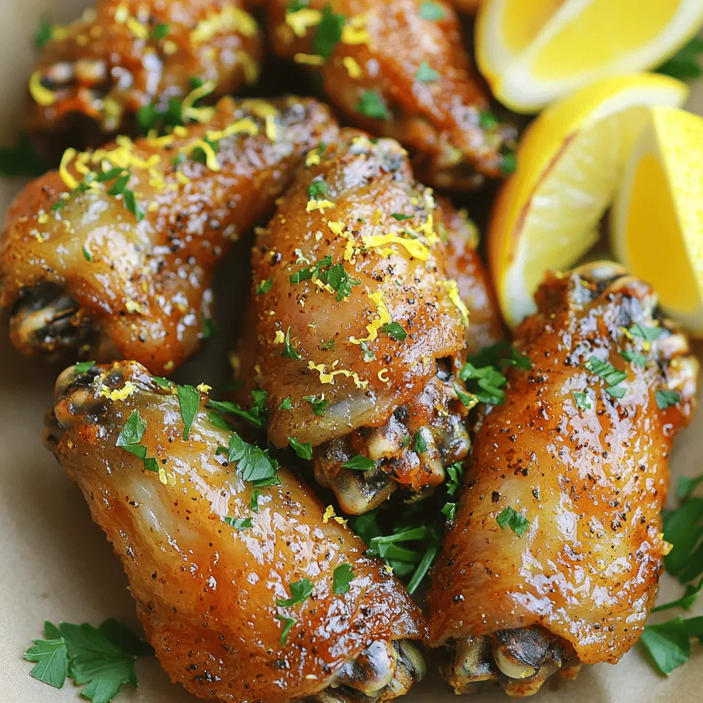 - 2 lbs chicken wings - 2 tablespoons extra virgin olive oil - 2 teaspoons lemon pepper seasoning - 1 teaspoon garlic powder - 1 teaspoon onion powder - 1 teaspoon smoked paprika - 1/2 teaspoon sea salt - 1/4 teaspoon freshly cracked black pepper - Zest of 1 large lemon - Fresh parsley, finely chopped (for garnish) - Lemon wedges (for serving) For a batch of crispy air fryer lemon pepper wings, I use 2 pounds of chicken wings. This amount serves about four people. The olive oil adds richness, while two tablespoons is just right. The lemon pepper adds that zing with two teaspoons. I also include one teaspoon each of garlic powder, onion powder, and smoked paprika. These spices bring depth and warmth to the dish. To finish, I sprinkle in half a teaspoon of sea salt and a quarter teaspoon of black pepper. The zest of one large lemon brightens the flavor. Finally, I garnish with fresh parsley and serve with lemon wedges. If you're short on lemon pepper seasoning, you can mix your own. Combine equal parts black pepper and dried lemon zest with a pinch of salt. If you want to add heat, consider a dash of cayenne pepper. You can swap olive oil for avocado oil for a different flavor. For a lighter option, use skinless chicken wings. If you want a more herbaceous taste, try adding dried thyme or oregano. To start, you will need to dry the chicken wings. Use paper towels to remove all moisture. This step is key for a crispy texture. If the wings are wet, they won’t crisp up well. Next, grab a large mixing bowl. In it, mix the olive oil, lemon pepper seasoning, garlic powder, onion powder, smoked paprika, sea salt, black pepper, and lemon zest. Stir well until everything blends smoothly. This mix adds great flavor to the wings. Now, add the dried chicken wings into the bowl. Use your hands or tongs to toss them. Make sure each wing gets a good coat of the marinade. This ensures every bite bursts with flavor. Preheat your air fryer to 380°F (190°C) for about five minutes. This helps the wings cook evenly. Once hot, place the seasoned wings in the air fryer basket in a single layer. Avoid overcrowding; this keeps them crispy. If you have many wings, cook them in batches. Air fry the wings for 25 to 30 minutes. Halfway through the cooking time, shake the basket. This helps the wings crisp up on all sides. When done, they should be golden brown and crispy. Once the wings are cooked, move them to a serving platter. For a nice touch, sprinkle finely chopped parsley on top. This adds color and freshness. Serve with lemon wedges on the side. A squeeze of lemon will brighten the flavors even more. Enjoy your delicious lemon pepper wings! To get the best crispiness, dry your chicken wings well. Use paper towels to remove moisture. This step is crucial. If the wings are wet, they won’t crisp up. Also, make sure to air fry them in a single layer. Overcrowding the basket leads to steam, which ruins the crunch. For perfect lemon pepper wings, air fry them for 25 to 30 minutes. At the halfway point, shake the basket. This helps ensure even cooking. If you like extra crispy wings, leave them in for a few more minutes. Just keep an eye on them to avoid burning. You can play with the seasonings to create new flavors. Try adding a pinch of cayenne pepper for heat. If you like herb flavors, mix in dried oregano or thyme. For a smoky twist, switch smoked paprika with regular paprika. Get creative with your favorite spices to make the wings your own! {{image_4}} You can change the taste of lemon pepper wings easily. Try adding different spices to the marinade. For a spicy kick, mix in cayenne pepper or chili powder. If you like sweet flavors, add a touch of honey or brown sugar to the marinade. This will create a sweet and spicy wing. You could also experiment with other herbs. Fresh thyme or rosemary can give your wings a unique twist. If you don’t have an air fryer, you can still enjoy these wings. Bake them in a regular oven at 400°F (200°C) for about 40-45 minutes. Make sure to flip them halfway for even cooking. You can also grill the wings for a smoky flavor. Just toss them on a hot grill until they are crispy and cooked through. Serve your lemon pepper wings with a cool dipping sauce. Ranch or blue cheese dressing pairs well with the zesty flavor. You can also add celery and carrot sticks for a crunchy side. For a full meal, serve the wings with a fresh salad or some seasoned rice. This way, you get a balance of flavors and textures on your plate. To keep your leftover air fryer lemon pepper wings fresh, store them in an airtight container. Place the container in the fridge. They will last for 3 to 4 days. Make sure the wings cool down before sealing them. This step helps prevent sogginess. If you want to save your wings for later, freezing is a great option. First, let the wings cool completely. Then, place them in a freezer-safe bag or container. Remove as much air as possible from the bag. Label it with the date. They will stay good for up to 3 months in the freezer. To enjoy your wings again, reheat them in the air fryer. Set the air fryer to 350°F (175°C). Heat for about 8 to 10 minutes. This method keeps them crispy. You can also use a microwave, but it may make them less crispy. If you use a microwave, heat them in short bursts. This way, you avoid overcooking. Cook lemon pepper wings for 25 to 30 minutes in an air fryer. Set the temperature to 380°F (190°C). At the halfway point, shake the basket. This helps them cook evenly and get crispy. If you prefer extra crispiness, add a few minutes to the cook time. Yes, you can use frozen chicken wings. However, they will need more time to cook. Preheat your air fryer and cook them for about 30 to 35 minutes. Check for doneness with a meat thermometer. They should reach 165°F (74°C) to be safe to eat. Lemon pepper wings pair well with many sides. Here are some great options: - Celery sticks - Carrot sticks - Blue cheese dressing - Ranch dressing - French fries - Onion rings - A fresh garden salad These sides complement the zesty flavor of the wings and add crunch. Enjoy your meal! We explored how to make delicious lemon pepper wings in an air fryer. We covered each ingredient, their measurements, and the best substitutions. You learned the step-by-step process, from marinating to air frying. I shared tips for crispiness and seasoning, plus various flavor options. Finally, we discussed storage and reheating. Enjoy experimenting with these wings in your kitchen! They are sure to be a hit.