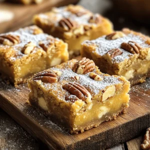To make Brown Butter Pecan Sea Salt Blondies, gather these ingredients: - 1 cup (2 sticks) unsalted butter - 1 cup packed light brown sugar - 1/2 cup granulated sugar - 2 large eggs - 2 teaspoons vanilla extract - 2 cups all-purpose flour - 1 teaspoon baking powder - 1/2 teaspoon baking soda - 1/2 teaspoon sea salt (plus extra for topping) - 1 cup pecans, roughly chopped - 1/2 cup white chocolate chips (optional, for extra sweetness) Each ingredient plays a key role in this sweet delight. Unsalted butter gives a rich base. The sugars create that perfect sweetness. Eggs and vanilla add moisture and flavor. All-purpose flour binds everything, while baking powder and baking soda help the blondies rise. Sea salt enhances the taste, and pecans bring crunch. If you like, add white chocolate for a sweeter touch. With this simple list, you can create a treat that is both rich and satisfying. These blondies are a perfect mix of flavors and textures, making them a crowd-pleaser. Enjoy gathering these ingredients as you prepare for a fun baking adventure! Browning the butter adds deep, nutty flavor to your blondies. Heat unsalted butter in a medium saucepan over medium heat. Stir it often for 5-7 minutes. Watch closely. The color should turn golden brown. If it gets too dark, it will burn. Once it smells nutty, take it off the heat and let it cool for a few minutes. In a mixing bowl, combine packed light brown sugar and granulated sugar. Pour the warm browned butter into the bowl. Whisk the mixture until it is smooth and combined well. This step helps create a rich and sweet base for the blondies. Add the eggs into the sugar mixture, one at a time. Whisk well after each addition. This ensures that the eggs blend evenly into the mix. Stir in the vanilla extract to add a warm flavor. It makes the blondies even better! In a separate bowl, sift together all-purpose flour, baking powder, baking soda, and sea salt. Sifting helps eliminate lumps and mixes the dry ingredients well. Gently fold this mix into the wet ingredients. Be careful not to overmix; this keeps the blondies soft and chewy. Now it’s time to add the pecans. Gently fold in the roughly chopped pecans. If you’re using white chocolate chips, add those too. Make sure they are evenly spread throughout the batter. This gives each bite a crunchy texture. Preheat your oven to 350°F (175°C). Line a 9x13 inch baking dish with parchment paper. Leave some parchment hanging over the edges. This makes it easy to lift the blondies out later. Spread the blondie batter evenly in the dish using a spatula. Before you bake, lightly sprinkle extra sea salt on top of the blondie batter. This small step enhances the flavor and adds a nice contrast to the sweetness. Place the baking dish in the oven and bake for 20-25 minutes. To check if the blondies are done, insert a toothpick into the center. If it comes out with a few moist crumbs, they are ready. Don’t let it bake too long, or they will dry out! Let the blondies cool in the pan for about 10 minutes. Use the parchment paper to lift them out and place them on a wire rack. Allow them to cool completely before cutting into squares. This helps you make clean cuts and keeps them looking nice. To make chewy blondies, start with browned butter. This adds a rich flavor and depth, which makes each bite special. When mixing the sugars, be sure to whisk until smooth. This helps the blondies rise nicely. After adding the flour, mix gently. Overmixing makes them tough. You want a soft dough for that perfect chewy finish. Serve your blondies warm for the best taste. A light dusting of powdered sugar adds a nice touch. You can also place a few extra pecans on top for color and texture. For a dessert that wows, add a scoop of vanilla ice cream. The warm blondies and cold ice cream create a delightful treat. Watch the butter while browning. It can go from perfect to burnt in seconds. When mixing, do not rush. Take your time to blend the sugars and eggs well. Also, avoid overbaking. Check for moist crumbs with a toothpick. If it comes out clean, your blondies might be dry. Keep an eye on the timer and enjoy the process! {{image_4}} If you want a nut-free version of these blondies, it’s easy! You can use a few different ingredients to replace the pecans. Try using sunflower seeds or pumpkin seeds for a delightful crunch. You could also use chocolate chips for a sweet twist. Both options keep the texture nice while avoiding nuts. Adding new flavors can make your blondies even more exciting. You can mix in different extracts like almond or hazelnut. Try a pinch of cinnamon or nutmeg for warmth. For a tropical flair, add shredded coconut. Each option brings a unique taste to your blondies. If you need gluten-free or vegan blondies, there are simple swaps. For gluten-free, replace all-purpose flour with a 1:1 gluten-free flour blend. For a vegan option, use flax eggs instead of regular eggs. To make this swap, mix one tablespoon of ground flaxseed with three tablespoons of water. Let it sit for a few minutes until it thickens. These adjustments keep your blondies tasty while fitting your diet. To keep your blondies fresh for a few days, store them in an airtight container. Place a piece of parchment paper between layers to prevent sticking. Keep them at room temperature for up to four days. You will enjoy them best when they are soft and chewy. For long-term storage, freezing is a great option. First, let the blondies cool completely. Then, cut them into squares. Wrap each piece tightly in plastic wrap. Place them in a freezer-safe bag or container. They can last up to three months in the freezer. When ready to eat, thaw them in the fridge overnight. Choose containers that seal well to control moisture. Glass containers work well for this. You can also use plastic containers with a tight lid. Avoid metal containers, as they can affect the taste over time. If you want to keep them extra fresh, add a piece of bread to the container. This helps absorb moisture and keeps the blondies soft. You can tell when blondies are done by looking for a few signs. The top should look set, and the edges will be slightly golden. When you insert a toothpick into the center, it should come out with a few moist crumbs, not wet batter. If the toothpick is clean, the blondies may be overcooked. Yes, you can use salted butter. This will change the flavor slightly. The blondies will taste a bit saltier, which can be nice. Just keep in mind to reduce the sea salt added in the recipe so it doesn’t become too salty. You can use several nuts as substitutes for pecans. Walnuts or almonds work well. If you want a nut-free option, you can use chocolate chips or dried fruit like cranberries or raisins. Each choice brings its own flavor and texture. Yes, blondies can be made ahead of time. You can prepare the batter and store it in the fridge for a day. Then, bake them when you're ready. This makes it easy to serve fresh blondies for a gathering or event. To reheat blondies, you can use the microwave. Heat them for about 10-15 seconds to warm them up. If you want to keep them from getting soggy, avoid heating too long. You can also warm them in the oven at a low temperature for about 5 minutes. This blog post covered how to make delicious blondies with ease. We discussed key ingredients, from browning butter to folding in pecans. Each step matters for great flavor and texture. By avoiding common mistakes and following helpful tips, you can achieve the perfect blondie. Remember, variations and storage methods can enhance your baking. Enjoy creating and sharing your tasty treats!