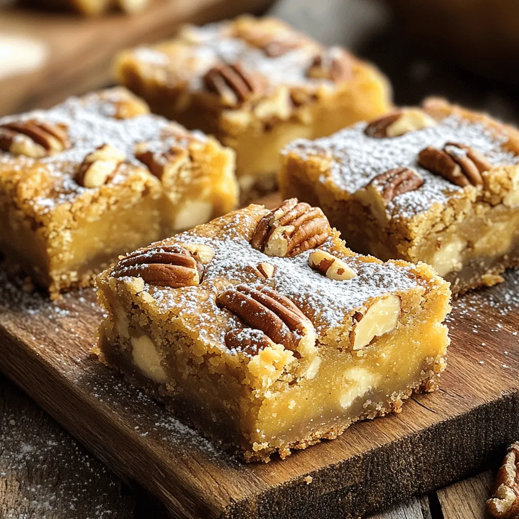 To make Brown Butter Pecan Sea Salt Blondies, gather these ingredients: - 1 cup (2 sticks) unsalted butter - 1 cup packed light brown sugar - 1/2 cup granulated sugar - 2 large eggs - 2 teaspoons vanilla extract - 2 cups all-purpose flour - 1 teaspoon baking powder - 1/2 teaspoon baking soda - 1/2 teaspoon sea salt (plus extra for topping) - 1 cup pecans, roughly chopped - 1/2 cup white chocolate chips (optional, for extra sweetness) Each ingredient plays a key role in this sweet delight. Unsalted butter gives a rich base. The sugars create that perfect sweetness. Eggs and vanilla add moisture and flavor. All-purpose flour binds everything, while baking powder and baking soda help the blondies rise. Sea salt enhances the taste, and pecans bring crunch. If you like, add white chocolate for a sweeter touch. With this simple list, you can create a treat that is both rich and satisfying. These blondies are a perfect mix of flavors and textures, making them a crowd-pleaser. Enjoy gathering these ingredients as you prepare for a fun baking adventure! Browning the butter adds deep, nutty flavor to your blondies. Heat unsalted butter in a medium saucepan over medium heat. Stir it often for 5-7 minutes. Watch closely. The color should turn golden brown. If it gets too dark, it will burn. Once it smells nutty, take it off the heat and let it cool for a few minutes. In a mixing bowl, combine packed light brown sugar and granulated sugar. Pour the warm browned butter into the bowl. Whisk the mixture until it is smooth and combined well. This step helps create a rich and sweet base for the blondies. Add the eggs into the sugar mixture, one at a time. Whisk well after each addition. This ensures that the eggs blend evenly into the mix. Stir in the vanilla extract to add a warm flavor. It makes the blondies even better! In a separate bowl, sift together all-purpose flour, baking powder, baking soda, and sea salt. Sifting helps eliminate lumps and mixes the dry ingredients well. Gently fold this mix into the wet ingredients. Be careful not to overmix; this keeps the blondies soft and chewy. Now it’s time to add the pecans. Gently fold in the roughly chopped pecans. If you’re using white chocolate chips, add those too. Make sure they are evenly spread throughout the batter. This gives each bite a crunchy texture. Preheat your oven to 350°F (175°C). Line a 9x13 inch baking dish with parchment paper. Leave some parchment hanging over the edges. This makes it easy to lift the blondies out later. Spread the blondie batter evenly in the dish using a spatula. Before you bake, lightly sprinkle extra sea salt on top of the blondie batter. This small step enhances the flavor and adds a nice contrast to the sweetness. Place the baking dish in the oven and bake for 20-25 minutes. To check if the blondies are done, insert a toothpick into the center. If it comes out with a few moist crumbs, they are ready. Don’t let it bake too long, or they will dry out! Let the blondies cool in the pan for about 10 minutes. Use the parchment paper to lift them out and place them on a wire rack. Allow them to cool completely before cutting into squares. This helps you make clean cuts and keeps them looking nice. To make chewy blondies, start with browned butter. This adds a rich flavor and depth, which makes each bite special. When mixing the sugars, be sure to whisk until smooth. This helps the blondies rise nicely. After adding the flour, mix gently. Overmixing makes them tough. You want a soft dough for that perfect chewy finish. Serve your blondies warm for the best taste. A light dusting of powdered sugar adds a nice touch. You can also place a few extra pecans on top for color and texture. For a dessert that wows, add a scoop of vanilla ice cream. The warm blondies and cold ice cream create a delightful treat. Watch the butter while browning. It can go from perfect to burnt in seconds. When mixing, do not rush. Take your time to blend the sugars and eggs well. Also, avoid overbaking. Check for moist crumbs with a toothpick. If it comes out clean, your blondies might be dry. Keep an eye on the timer and enjoy the process! {{image_4}} If you want a nut-free version of these blondies, it’s easy! You can use a few different ingredients to replace the pecans. Try using sunflower seeds or pumpkin seeds for a delightful crunch. You could also use chocolate chips for a sweet twist. Both options keep the texture nice while avoiding nuts. Adding new flavors can make your blondies even more exciting. You can mix in different extracts like almond or hazelnut. Try a pinch of cinnamon or nutmeg for warmth. For a tropical flair, add shredded coconut. Each option brings a unique taste to your blondies. If you need gluten-free or vegan blondies, there are simple swaps. For gluten-free, replace all-purpose flour with a 1:1 gluten-free flour blend. For a vegan option, use flax eggs instead of regular eggs. To make this swap, mix one tablespoon of ground flaxseed with three tablespoons of water. Let it sit for a few minutes until it thickens. These adjustments keep your blondies tasty while fitting your diet. To keep your blondies fresh for a few days, store them in an airtight container. Place a piece of parchment paper between layers to prevent sticking. Keep them at room temperature for up to four days. You will enjoy them best when they are soft and chewy. For long-term storage, freezing is a great option. First, let the blondies cool completely. Then, cut them into squares. Wrap each piece tightly in plastic wrap. Place them in a freezer-safe bag or container. They can last up to three months in the freezer. When ready to eat, thaw them in the fridge overnight. Choose containers that seal well to control moisture. Glass containers work well for this. You can also use plastic containers with a tight lid. Avoid metal containers, as they can affect the taste over time. If you want to keep them extra fresh, add a piece of bread to the container. This helps absorb moisture and keeps the blondies soft. You can tell when blondies are done by looking for a few signs. The top should look set, and the edges will be slightly golden. When you insert a toothpick into the center, it should come out with a few moist crumbs, not wet batter. If the toothpick is clean, the blondies may be overcooked. Yes, you can use salted butter. This will change the flavor slightly. The blondies will taste a bit saltier, which can be nice. Just keep in mind to reduce the sea salt added in the recipe so it doesn’t become too salty. You can use several nuts as substitutes for pecans. Walnuts or almonds work well. If you want a nut-free option, you can use chocolate chips or dried fruit like cranberries or raisins. Each choice brings its own flavor and texture. Yes, blondies can be made ahead of time. You can prepare the batter and store it in the fridge for a day. Then, bake them when you're ready. This makes it easy to serve fresh blondies for a gathering or event. To reheat blondies, you can use the microwave. Heat them for about 10-15 seconds to warm them up. If you want to keep them from getting soggy, avoid heating too long. You can also warm them in the oven at a low temperature for about 5 minutes. This blog post covered how to make delicious blondies with ease. We discussed key ingredients, from browning butter to folding in pecans. Each step matters for great flavor and texture. By avoiding common mistakes and following helpful tips, you can achieve the perfect blondie. Remember, variations and storage methods can enhance your baking. Enjoy creating and sharing your tasty treats!