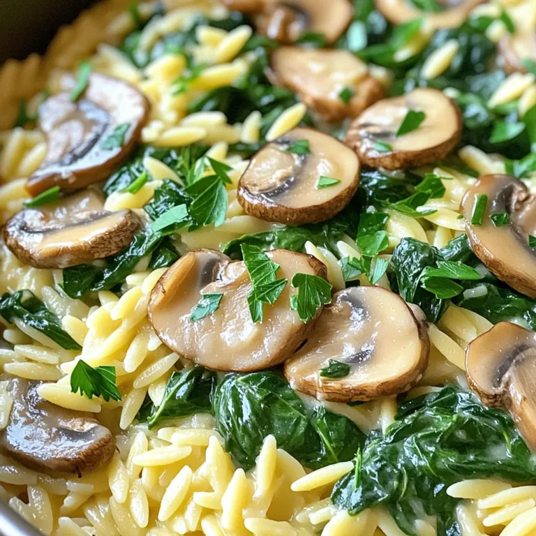 Here is what you need to make One-Pot Mushroom Spinach Orzo: - 1 cup orzo pasta - 2 cups vegetable broth - 1 cup fresh mushrooms, sliced - 2 cups fresh spinach, roughly chopped - 1 small onion, diced - 2 cloves garlic, minced - 2 tablespoons olive oil - 1 teaspoon dried thyme - 1 teaspoon dried oregano - Salt and black pepper to taste - ¼ cup grated Parmesan cheese (optional) - Fresh parsley, chopped for garnish These ingredients come together to create a tasty and filling meal. The orzo pasta cooks perfectly in the broth, soaking up all the flavors. Fresh mushrooms and spinach add great texture and nutrients. You can tweak the recipe with different herbs or cheese if you like. Enjoy the process of cooking as you gather your ingredients! 1. Heating the oil and sautéing onions Start by pouring 2 tablespoons of olive oil into a large pot. Heat it over medium heat. Once the oil is hot, add 1 small diced onion. Sauté the onion for about 3-4 minutes. You want it to turn translucent and smell great. 2. Adding garlic and mushrooms Next, add 2 minced garlic cloves and 1 cup of sliced mushrooms to the pot. Cook this mixture for about 5-7 minutes. Stir occasionally. The mushrooms will soften and release some moisture. 3. Incorporating orzo and broth Now, gently add 1 cup of orzo pasta to the pot. Mix it well with the onion and mushroom. Pour in 2 cups of vegetable broth. Add 1 teaspoon of dried thyme, 1 teaspoon of dried oregano, salt, and black pepper to taste. Stir to coat the orzo with the broth. 4. Bringing to a boil and simmering Increase the heat and bring the mixture to a gentle boil. Once it starts boiling, lower the heat. Cover the pot and let it simmer for 10-12 minutes. Stir often to stop the orzo from sticking. The orzo should be al dente when done. 5. Folding in spinach and adding cheese After simmering, add 2 cups of roughly chopped fresh spinach to the pot. Gently fold it in and let it wilt for about one minute. Remove the pot from the heat. If you want creaminess, stir in ¼ cup of grated Parmesan cheese. Mix until it's melted. Taste and adjust with more salt and pepper if needed. - Preventing orzo from sticking: Stir the orzo often while it cooks. Add a little olive oil to help. This keeps it from clumping together. - Adjusting seasoning for flavor: Taste your dish as you cook. If it needs more flavor, add more salt, pepper, or herbs. You can also add a squeeze of lemon for brightness. - Best types of mushrooms to use: Cremini or button mushrooms work great. They add a nice earthy flavor. You can also try shiitake for a richer taste. - Pairing with side dishes: This dish is great with a simple salad. Try a green salad with lemon vinaigrette. Garlic bread is also a nice touch. - Ideal garnishes and presentations: Top your orzo with chopped parsley for color. A sprinkle of Parmesan cheese adds flavor and creaminess. Serve in bowls to show off the bright colors. {{image_4}} You can easily change this dish to fit your taste. Here are some ideas: - Using different greens: If you want to swap spinach, try kale or arugula. Both add great flavor and nutrition. Kale gives a hearty bite, while arugula adds a peppery twist. - Substitute for broth: If you don't have vegetable broth, use chicken or beef broth. This change will add a richer taste. Each option brings its own special flavor to the dish. - Adding protein: For added protein, think about chicken, tofu, or shrimp. Cook chicken in the pot before adding other ingredients. Tofu can be cubed and added with the spinach. Shrimp cooks quickly and can be added just before serving. To make this dish even tastier, consider these flavor enhancements: - Adding citrus for brightness: A squeeze of lemon juice can lift the flavors. It adds a fresh zing that brightens the meal. Try it right before you serve for the best effect. - Inclusion of nuts for crunch: Toasted pine nuts or walnuts can give a nice crunch. Sprinkle them on top right before serving. This adds texture and a nutty flavor that complements the orzo. - Incorporating spices for heat: If you like heat, consider adding red pepper flakes. Just a pinch can make a big difference. Mix it in with the dried herbs for a warm kick. To store your One-Pot Mushroom Spinach Orzo, let it cool first. Then, place it in an airtight container. This keeps the orzo fresh and tasty. You can store it in the fridge for up to four days. If you want to keep it longer, consider freezing it. Reheating orzo can be easy. The best way is to use a skillet. Add a splash of water or broth to it. Heat over low until warm. Stir often to keep the texture nice. You can also use a microwave. Just cover it with a damp paper towel. This keeps the orzo from drying out. If you want to freeze it, let it cool completely first. Store it in a freezer-safe container. It can last up to three months in the freezer. When ready to eat, thaw it in the fridge overnight before reheating. Can I make this dish ahead of time? Yes, you can make One-Pot Mushroom Spinach Orzo ahead of time. Store it in the fridge for up to three days. Reheat it on the stove, adding a splash of broth to keep it moist. How do I know when the orzo is cooked? The orzo is cooked when it is al dente. Taste a piece; it should be firm but not hard. If it is soft, you may have overcooked it. Is there a gluten-free option for this recipe? Yes, you can use gluten-free orzo. Many stores offer gluten-free pasta made from rice or corn. Just follow the cooking time on the package. Can I use frozen spinach instead of fresh? Yes, frozen spinach works well. Use about one cup of frozen spinach. Just thaw and drain it before adding it to the pot. What can I serve with One-Pot Mushroom Spinach Orzo? This dish pairs well with a simple salad or garlic bread. You can also serve it with grilled chicken or fish for extra protein. In this blog post, I shared a simple and tasty One-Pot Mushroom Spinach Orzo recipe. We covered the key ingredients, step-by-step instructions, helpful cooking tips, and variations to try. I also included ways to store leftovers and answer common questions. This dish is versatile and easy to prepare, making it perfect for any meal. Enjoy creating your own version and make it your own! You’ll love how simple and satisfying this recipe can be.