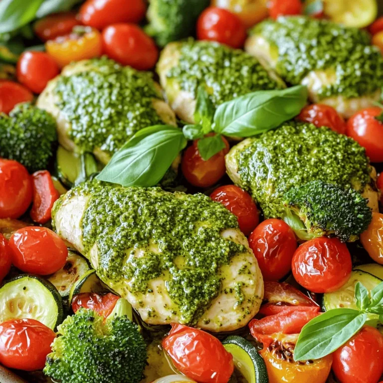 - 4 boneless, skinless chicken breasts - 1 cup basil pesto (either store-bought or homemade) - 2 cups cherry tomatoes, halved - 2 cups fresh broccoli florets - 1 vibrant red bell pepper, sliced into strips - 1 medium zucchini, sliced into half-moons - 3 tablespoons extra virgin olive oil - Salt and freshly ground black pepper, to taste - Fresh basil leaves for garnish (optional) To make this dish, you need simple ingredients that pack big flavor. The chicken breasts serve as a great base. They are lean and cook well in the oven. Basil pesto adds a burst of freshness and depth. You can use store-bought or homemade pesto. Cherry tomatoes bring sweetness, while broccoli adds a nice crunch. The red bell pepper gives a pop of color and a slight sweetness. Zucchini rounds out the veggie mix, adding moisture and texture. Olive oil keeps everything tender and enhances the flavors. Seasoning with salt and pepper is key to making every bite taste great. You can also add fresh basil leaves as a finishing touch. These leaves not only look nice but also add more flavor. Gather these ingredients and get ready for a delightful meal! - Preheat your oven to 400°F (200°C). This heat cooks the chicken and veggies just right. - In a bowl, add the chicken breasts and pour the basil pesto over them. Mix well with your hands or tongs. Make sure each piece is coated. Let the chicken sit for about 15 minutes. This helps the flavors soak in. - Wash all your vegetables under cold water. Dry them with a clean towel. - Cut the cherry tomatoes in half, chop the broccoli into small florets, slice the bell pepper into strips, and cut the zucchini into half-moons. - In another bowl, toss the vegetables with olive oil, salt, and pepper. Make sure they are well coated. This makes them tasty and helps them roast evenly. - Line a large baking sheet with parchment paper. It makes cleanup easy. - Place the marinated chicken in the center of the sheet. Arrange the seasoned veggies around the chicken. Spread everything out. This helps them cook evenly. - Slide the baking sheet into the oven. Bake for 25-30 minutes. Check that the chicken reaches 165°F (75°C) inside. The veggies should be tender and bright. - For a nice finish, switch your oven to broil for the last 2-3 minutes. This adds color and crispiness. Keep an eye on it to avoid burning. - Once done, take the baking sheet out of the oven. Let it rest for about 5 minutes before serving. This helps the chicken stay juicy. - Marinating tips for deeper flavor: Marinate the chicken in pesto for at least 15 minutes. You can marinate longer for a bolder taste. Use a resealable bag for easy coating. This helps the chicken soak up all that delicious flavor. - Ensuring vegetables remain vibrant and tender: Cut your veggies into similar sizes for even cooking. Toss them in olive oil and season them well. Bake them alongside the chicken but keep an eye on them. Broiling at the end gives them a nice finish while keeping them bright. - Serving directly from the sheet pan: For a casual meal, serve right from the baking pan. It feels friendly and rustic. Just place it on the table and let everyone dig in! - Transferring to a platter with garnishes: For a more polished look, transfer the chicken and veggies to a large serving platter. Add fresh basil leaves on top. This adds color and makes your dish pop! {{image_4}} You can switch out chicken for several options. Try using tofu for a plant-based dish. You can also use turkey or pork if you prefer. Each protein brings a unique taste and texture. When it comes to veggies, the sky is the limit! Swap the broccoli for green beans or the zucchini for asparagus. You can mix in carrots or bell peppers for added color. This dish is flexible, so feel free to use what you have at home. Changing the type of pesto can really change the dish. Sun-dried tomato pesto adds a rich, tangy flavor. You might also try a spicy pesto for a kick. Adding spices can brighten the meal too. A sprinkle of garlic powder or Italian herbs can boost the taste. Fresh herbs like thyme or rosemary can add a fragrant touch. Experimenting with flavors makes cooking fun and keeps your meals fresh! To keep leftovers fresh, store them in an airtight container. Make sure the chicken and veggies cool down first. You can keep them in the fridge for up to three days. If you want to enjoy this meal later, plan to eat it within this time frame. The best way to reheat chicken and veggies is in the oven. Preheat your oven to 350°F (175°C). Place the leftovers in a baking dish. Cover it with foil to keep moisture in. Heat for about 15-20 minutes or until warm. You can use a microwave too, but it might dry out the food. If you use the microwave, cover the dish with a damp paper towel. This keeps the chicken juicy and tasty. Marinate the chicken for at least 15 minutes. This time allows the flavors of the pesto to soak into the meat. If you have more time, you can marinate it longer, even up to 2 hours. This helps create a more flavorful dish. Yes, you can use frozen vegetables. They will work well in this recipe. Just be aware that frozen veggies may release more water. This can change the texture a bit. Make sure to adjust the baking time, cooking them until they are tender. You can serve this dish with rice or pasta. A side salad also pairs well. If you want more bread, garlic bread complements it nicely. These sides add more texture and flavor to your meal. Yes, this recipe is great for meal prep! You can cook it in advance and portion it out. Store it in airtight containers in the fridge. It stays fresh for up to four days. Just reheat when you’re ready to eat. This recipe for sheet pan pesto chicken and veggies combines simple ingredients and clear steps. You learned how to prepare chicken and vegetables, bake them together, and enhance flavors. Remember to experiment with variations and store leftovers correctly. Using these tips ensures a flavorful and colorful dish each time you cook. Whether for dinner or meal prep, this dish is sure to impress. Keep it easy, fun, and enjoy your cooking adventure!