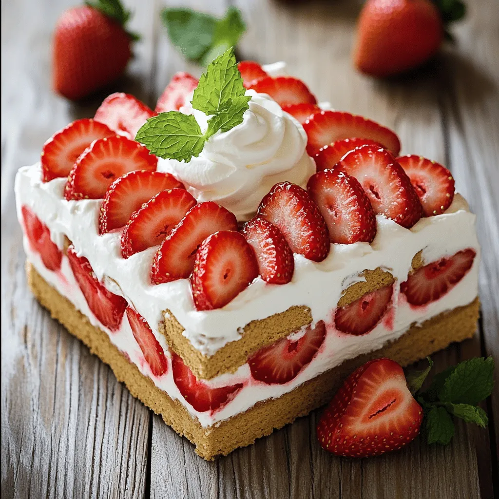 You need two cups of fresh strawberries for this cake. Make sure they are ripe and sweet. First, hull the strawberries. Then, slice them thinly. This helps them mix well with the cream. Toss them with a tablespoon of granulated sugar. Let them sit for about 10-15 minutes. This process, called maceration, brings out their juicy flavor. You will use one package, which is about 14 ounces, of graham crackers. These create a tasty base for your cake. They add a nice crunch and balance the creaminess. Lay them in a single layer across the bottom of your baking dish. Make sure they cover the entire base. Two cups of heavy whipping cream are key for the cake's fluffy texture. This cream whips up light and airy. Use an electric mixer to whip it. It’s best to whip on medium speed. Gradually add in half a cup of powdered sugar and one teaspoon of pure vanilla extract. Whip until you see stiff peaks. This takes about 3-5 minutes. You will need some sugar and vanilla extract for flavor. The granulated sugar sweetens the strawberries. The powdered sugar sweetens the whipped cream. The vanilla extract adds depth to the cream. Finally, fresh mint leaves make a great garnish. They add color and a refreshing taste when you serve the cake. Start by hulling and slicing your fresh strawberries. Place them in a medium bowl. Add the granulated sugar and gently toss the strawberries. This step lets the strawberries release their juices. Let this mixture sit for 10-15 minutes. You’ll see a nice syrup form, which adds flavor to the cake. In a large mixing bowl, pour in the heavy whipping cream. Use an electric mixer to whip it on medium speed. As it thickens, slowly add the powdered sugar and vanilla extract. Keep whipping until you see stiff peaks. This should take around 3-5 minutes. Your whipped cream should be light and fluffy. Grab a 9x13-inch baking dish for your cake. Start with a single layer of graham crackers. Make sure they cover the bottom completely. Next, spread a thick layer of whipped cream over the graham crackers. Smooth it out with a spatula. Now, add a layer of the macerated strawberries, distributing them evenly. Repeat this layering. Add another layer of graham crackers, then whipped cream, and strawberries. Keep going until you finish with a top layer of whipped cream. For a nice touch, decorate with any leftover strawberries. Once your cake is assembled, cover the dish tightly with plastic wrap. Place it in the fridge for at least 4 hours. For the best flavor, let it chill overnight. This waiting time allows the graham crackers to soften and flavors to blend. Enjoy the ease of this no-bake treat! To make the best whipped cream, use cold heavy cream. Cold cream whips better and faster. Start mixing on medium speed. Gradually add powdered sugar and vanilla. This will make the cream sweet and tasty. Whip until stiff peaks form. Be careful not to overwhip, or it can turn grainy. Perfect whipped cream will be light and fluffy. For great layers, start with graham crackers. Lay them flat in the dish to cover the base. This gives a strong foundation. Next, spread whipped cream evenly over the crackers. Use a spatula to push it into the corners. After that, add a layer of strawberries. Make sure to spread them out well. Repeat this process until you reach the top. End with whipped cream and decorate with strawberries. This will create a colorful and tasty treat. To make your icebox cake look fancy, slice it into squares. Place each piece on a dessert plate. Drizzle some strawberry syrup around each slice. This adds color and flavor. Lastly, add fresh mint leaves on top for a pop of green. This will make your cake look as good as it tastes! {{image_4}} You can switch up the berries in this cake. Instead of just strawberries, try blueberries, raspberries, or blackberries. Mixing these berries gives a burst of color and flavor. Use about 2 cups of your favorite berries, sliced or whole. You can also combine different berries for a fun twist. The sweet and tart notes will blend perfectly with the creamy layers. This mix adds excitement and makes the cake even more appealing. If you need a dairy-free version, you can replace heavy cream with coconut cream. Chill a can of coconut milk overnight, then scoop the solid cream from the top. Whip this coconut cream with powdered sugar and vanilla. It creates a rich and creamy texture similar to traditional whipped cream. You can also use dairy-free graham crackers. Check the labels to ensure they fit your needs. This way, everyone can enjoy this delicious cake! To make this cake gluten-free, opt for gluten-free graham crackers. Many brands offer tasty alternatives that work well. You can also use crushed gluten-free cookies or even a nut-based crust. Just make sure the other ingredients are gluten-free too. This way, you keep the same great taste while catering to gluten sensitivities. Enjoy this cake without worry! To keep your No-Bake Strawberry Shortcake Icebox Cake fresh, wrap it well. Use plastic wrap or aluminum foil to cover the dish. This prevents drying out and keeps the cake flavorful. Always store it in the fridge. The cool temperature helps keep the layers intact. This icebox cake keeps well in the fridge for about 3-4 days. After that, the graham crackers may get too soft. If you notice any off smells or colors, it’s best to toss it. You can freeze the icebox cake, but it’s not ideal. If you choose to freeze it, slice it first. Wrap each slice in plastic wrap, then place them in a freezer-safe bag. This way, you can enjoy a piece anytime. Just remember to thaw it in the fridge for a few hours before serving. Yes, you can use frozen strawberries. Just let them thaw first. Drain any excess liquid. This helps avoid a soggy cake. Frozen strawberries can also add a nice chill to your dessert. If you don’t have graham crackers, try vanilla wafers or digestive biscuits. Both options work well and add a different flavor. You can even use crushed cookies for a fun twist. You can make this icebox cake a day ahead. Assemble it and let it chill overnight. This gives the flavors time to blend and the cake to set. The longer it sits, the better it tastes! In this blog post, we explored how to create a delicious strawberry cake. We discussed fresh strawberries, graham crackers, and whipped cream, plus simple steps for preparation. You learned tips to make perfect whipped cream and layer your cake like a pro. We also covered variations for different diets and storage methods to keep your cake fresh. Remember, with these steps, you’ll make a treat everyone loves. Enjoy your cake-making journey!