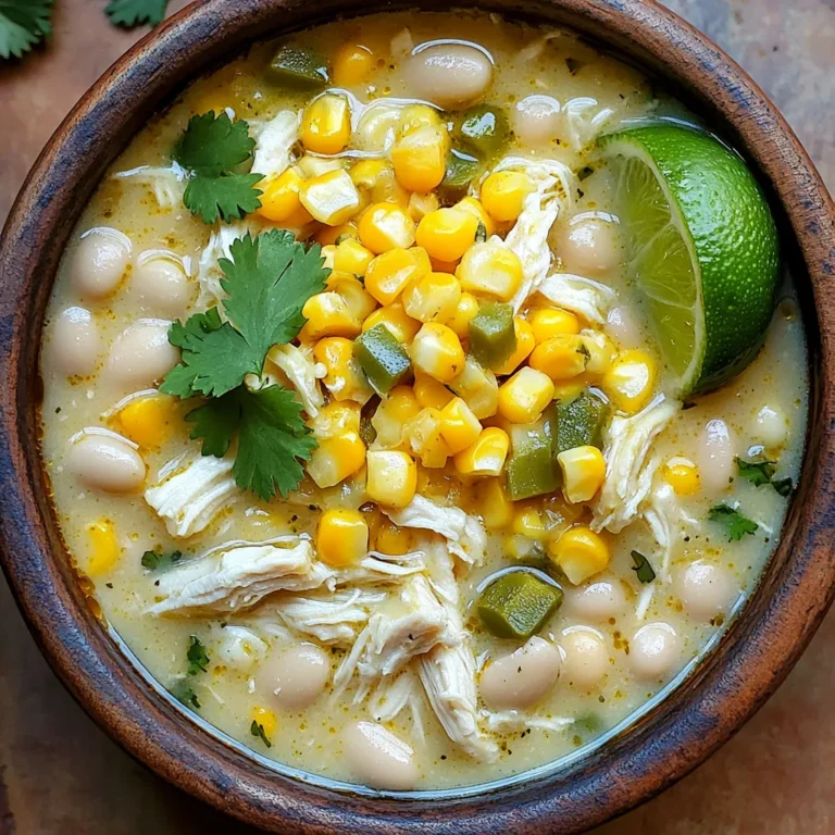 - 2 lbs boneless, skinless chicken breasts - 1 can (15 oz) white beans, rinsed and drained - 1 can (15 oz) corn, drained - 1 small onion, finely diced - 2 cloves garlic, minced - 2 green chilies, diced (can be canned or fresh) - 1 teaspoon ground cumin - 1 teaspoon chili powder - ½ teaspoon smoked paprika - 4 cups chicken broth - 1 cup sour cream - 1 cup shredded Monterey Jack cheese - Salt and freshly ground black pepper to taste You can adjust the flavors to fit your taste. Here are some ideas: - Add diced bell peppers for extra crunch. - Use jalapeños for heat. - Swap chicken for turkey or a meat alternative. - Add a can of diced tomatoes for more texture. Garnishes make your dish pop. Here are my favorites: - Fresh cilantro leaves for color and flavor. - Lime wedges for a zesty kick. - Extra shredded Monterey Jack cheese for creaminess. - Avocado slices for richness. Using these ingredients, you will create a warm, comforting bowl of chili. Feel free to mix and match! Start with two pounds of boneless, skinless chicken breasts. Place them in the slow cooker's bottom. Next, finely dice one small onion and chop two cloves of garlic. You’ll also need two green chilies, diced. Rinse and drain one can of white beans and one can of corn. Gather all these ingredients for easy access. After preparing the ingredients, layer them in the slow cooker. First, put the chicken breasts down. On top of the chicken, add the onion, garlic, green chilies, white beans, and corn. This order helps the chicken cook well in the broth. Now it’s time to cook. Pour four cups of chicken broth over the layers. Season the mix with one teaspoon of ground cumin, one teaspoon of chili powder, and half a teaspoon of smoked paprika. Add salt and black pepper to taste. Cover the slow cooker, and set it to low for six to seven hours or high for three to four hours. Once the chicken is tender, take it out. Use two forks to shred it into bite-sized pieces. Return the shredded chicken to the slow cooker. Stir in one cup of sour cream and half of the cup of shredded Monterey Jack cheese. Let it cook on low for an extra 10 to 15 minutes. Taste the chili and adjust seasoning as needed. Enjoy your slow cooker white chicken chili with fresh cilantro and lime. To boost the flavor of your white chicken chili, start with fresh ingredients. Fresh garlic and onion make a big difference. You can also try adding fresh herbs like cilantro or parsley. They add freshness and depth. For more heat, add extra diced green chilies or a pinch of cayenne. If you want a smoky flavor, use smoked paprika. It gives a warm taste that pairs well with the chili. Shredding chicken can be tricky, but it's easy once you know how. After cooking, let the chicken rest for a few minutes. This helps keep it moist. Use two forks to shred the meat. Simply pull the forks apart to create bite-sized pieces. If you prefer, you can use a hand mixer on low speed. This method works well for a larger batch. Just be gentle to avoid making the chicken mushy. If your chili seems too thick, add a splash of chicken broth. Stir until you reach your desired consistency. For creaminess, mix in more sour cream or cheese. This will make the chili rich and smooth. If you like it a bit thinner, you can also add some milk or cream. Adjust these ingredients to fit your taste. Remember to taste often and season as needed. {{image_4}} You can easily adjust this recipe for many diets. For a low-carb option, skip the white beans. Add extra chicken instead. If you want a dairy-free version, use coconut cream instead of sour cream. You can also use a dairy-free cheese for a similar taste. Feel free to add more veggies! Chopped bell peppers or zucchini work well. You can also toss in spinach or kale for extra nutrients. If you want more protein, add black beans or chickpeas. They will blend nicely and give a hearty feel. To change the spice level, use milder or hotter green chilies. If you prefer a kick, add diced jalapeños or a dash of cayenne pepper. If you want it mild, skip the green chilies. You can also serve hot sauce on the side for those who like it spicy. After you finish your meal, let the chili cool. Then, transfer it into airtight containers. I suggest using glass or BPA-free plastic. Label the containers with the date. Store them in the fridge for up to three days. This keeps your chili fresh and tasty for your next meal. If you want to save some for later, freezing is a great option. Use freezer-safe containers or bags. Make sure to leave some space in the container, as the chili will expand when frozen. It can last for up to three months in the freezer. When you're ready to eat, simply thaw it in the fridge overnight before reheating. To reheat your chili, you have a few options. You can use the microwave, stovetop, or slow cooker. If using the microwave, heat it in short intervals, stirring in between. For stovetop, place it in a pot over medium heat, stirring until warm. If using a slow cooker, set it on low and heat until it's hot. Always check the temperature to ensure it’s safe to eat. Yes, you can use frozen chicken breasts in this recipe. Just keep in mind that you should cook the chili longer. If you are using frozen chicken, set your slow cooker to high and cook for 4-5 hours. This ensures the chicken cooks fully and stays juicy. To make this chili vegetarian or vegan, swap out the chicken for a plant-based protein, such as cauliflower or chickpeas. Use vegetable broth instead of chicken broth. You can also replace sour cream with a non-dairy yogurt or cashew cream for a creamy texture. This chili pairs well with many sides. Here are a few ideas: - Cornbread - Tortilla chips - Rice - Fresh avocado slices - A light salad These sides add texture and flavor, making your meal even more enjoyable. Yes, you can make this chili on the stovetop. Start by sautéing the onion and garlic in a pot. Then, add the chicken, beans, corn, and spices. Pour in the broth and bring everything to a boil. Reduce the heat, cover, and simmer for about 30-40 minutes until the chicken is cooked. Shred the chicken and mix in the sour cream and cheese. This method saves time while still delivering great flavor. We explored the key ingredients needed for your Slow Cooker White Chicken Chili. You learned step-by-step instructions on preparation, cooking, and finishing touches. We shared tips to boost flavor and adjust textures. Variations help you cater to different diets and spice preferences. Proper storage ensures your leftovers stay fresh and tasty. In conclusion, this recipe is simple and adaptable. Enjoy making it your own, and taste the joy it brings.
