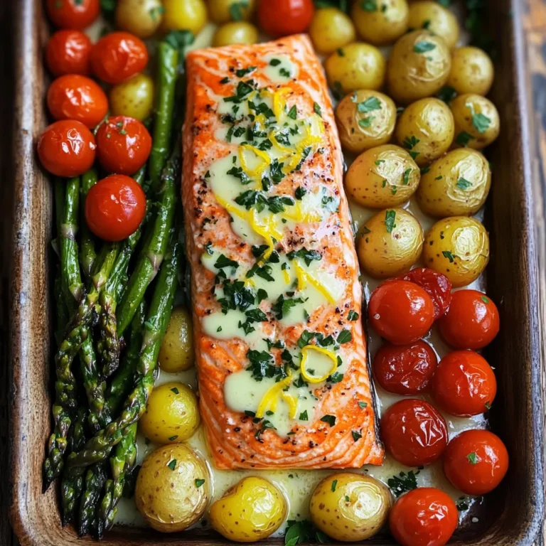 - 4 salmon fillets, skin removed if desired - 4 tablespoons unsalted butter, melted - 4 garlic cloves, finely minced - 1 lemon, zested and juiced (about 2 tablespoons juice) - 1 teaspoon dried thyme (or 1 tablespoon fresh thyme) - Salt and freshly ground black pepper, to taste The salmon fillets are the star of this dish. They give you a rich flavor. You can use skin-on or skinless fillets, depending on your taste. The butter adds creaminess, while garlic brings a bold taste. Lemon brightens the dish, balancing the richness of the butter and salmon. Thyme adds a nice herbal note. Salt and pepper boost all the flavors. - 1 cup cherry tomatoes, halved - 1 cup fresh asparagus, trimmed and cut into 2-inch pieces - 1 cup baby potatoes, halved (or quartered if large) I love adding cherry tomatoes for their sweetness. They burst with flavor as they cook. Fresh asparagus adds a nice crunch and color. Baby potatoes round out the dish, providing a hearty base. They soak up the garlic butter well. - Fresh parsley, finely chopped, for garnish Garnishing with parsley brightens the dish visually. It also adds a fresh taste that contrasts with the rich flavors. You can also use lemon wedges for an extra pop of brightness. Feel free to experiment with other herbs like dill or basil too! First, preheat your oven to 400°F (200°C). A hot oven cooks everything evenly. While it heats, gather your ingredients. You will need salmon fillets, butter, garlic, lemon, thyme, salt, black pepper, cherry tomatoes, asparagus, and baby potatoes. This dish is simple, but it packs a lot of flavor. In a small bowl, mix the melted butter and minced garlic. Add lemon zest and juice, thyme, salt, and pepper. Whisk until smooth. This garlic butter sauce is the heart of the dish. It adds rich flavor and moisture to both the salmon and veggies. Take a large baking sheet and arrange halved baby potatoes in a single layer. Drizzle half of the garlic butter over the potatoes. Toss them gently to coat. Spread them out on one side of the pan. This helps them cook evenly. Put the baking sheet in the oven and roast the potatoes for 15 minutes. After that, add asparagus and halved cherry tomatoes to the pan. Pour the rest of the garlic butter over the veggies. Toss them gently, then nestle the salmon fillets among the vegetables. Season the salmon with salt and pepper. Bake everything for another 12 to 15 minutes. The salmon should be opaque and flake easily. The veggies should be tender-crisp. Once done, take the pan out of the oven. Let it cool for a couple of minutes. This brief cooling helps the flavors meld. Just before serving, sprinkle fresh parsley on top. This adds a pop of color and freshness. Enjoy your delicious meal! To get the best flavor for your garlic butter salmon, use fresh garlic. Fresh garlic gives a strong taste. Mince it finely to release its oils. I also love adding lemon zest. It brightens the dish and adds a fresh note. If you can, use fresh thyme. Fresh herbs always enhance the taste. Remember to season well with salt and pepper. This simple step makes a huge difference in flavor. You will need a few key tools for this recipe. First, grab a large rimmed baking sheet. It helps keep everything in one place. A mixing bowl is essential for your garlic butter. Use a whisk to mix it well. You will also need a sharp knife for chopping. A cutting board is great for prep work too. Finally, have a spatula or tongs. These tools help you toss the veggies easily. Many cooks make the same mistakes with this dish. First, don’t overcrowd the pan. If you put too much on it, the food steams instead of roasts. Next, be careful with cooking time. Overcooking salmon makes it dry. It should flake easily but stay moist. Another mistake is not letting the dish rest after cooking. This cooling time helps flavors blend. Lastly, don’t skip the garnish. Fresh parsley adds color and flavor to your meal. {{image_4}} You can mix and match veggies based on what you like. Here are some great options: - Broccoli florets - Bell peppers, sliced - Zucchini, cut into half-moons - Green beans, trimmed - Carrots, sliced thin These veggies add color and flavor. Feel free to use what is fresh or in season. Each type of vegetable will give a new twist to your dish. If you want to make this dish lighter, consider these swaps: - Use olive oil instead of butter. - Try skinless salmon for less fat. - Replace baby potatoes with cauliflower florets. - Add leafy greens like spinach or kale to boost nutrients. These changes keep the dish tasty while making it healthier. You can still enjoy great flavors without extra calories. Want to make your salmon and veggies stand out? Here are some fun ideas: - Add a splash of soy sauce for a savory kick. - Try a sprinkle of smoked paprika for depth. - Incorporate fresh herbs like basil or dill for brightness. - Squeeze extra lemon juice just before serving for zest. These flavor additions can turn a simple meal into something special. Don't be afraid to experiment! Each twist can make the dish feel brand new. After you enjoy your meal, let the leftovers cool down. Transfer them to an airtight container. Keep the salmon and veggies together or separate them if you prefer. Store your container in the fridge. Leftovers can last for up to three days. Make sure to label the container with the date. This way, you won’t forget when you made it. Reheating is easy. Use the oven for best flavor and texture. Preheat your oven to 350°F (175°C). Place the salmon and veggies on a baking sheet. Cover with foil to keep them moist. Heat for about 10-15 minutes, or until warm. You can also use a microwave. Just cover your dish to avoid drying out. Heat in short bursts, checking often. If you want to save some for later, freezing works well. Cool the dish completely, then place it in a freezer-safe container. Make sure to seal it tightly. You can freeze it for up to three months. When you're ready to eat, thaw it in the fridge overnight. Reheat it as mentioned above for the best taste. Yes, you can use frozen salmon. Just make sure to thaw it first. You can thaw it overnight in the fridge or place it in cold water for about an hour. Once thawed, follow the same steps for cooking. Using frozen salmon may take a few extra minutes to cook. This dish goes well with many sides. Here are a few tasty options: - Quinoa or rice for a filling base - A fresh green salad for crunch - Garlic bread for a buttery touch - Steamed rice for a lighter side These sides will balance the flavors of the salmon and veggies. The best way to check salmon is by looking for color and texture. Cooked salmon should be opaque and flake easily with a fork. An internal temperature of 145°F (63°C) is safe for eating. If you’re unsure, use a meat thermometer for accuracy. Yes, you can prepare some parts ahead. You can chop your veggies and make the garlic butter mixture a day before. Store them in the fridge. However, I recommend cooking the salmon and veggies just before serving. This keeps them fresh and tasty. This blog post detailed a tasty garlic butter salmon recipe. We covered main ingredients, cooking steps, and handy tips. You now know how to prep, cook, and store your dish. Remember, you can swap veggies or make it healthier. Always check for proper cooking to ensure a perfect meal. Use these ideas to create a dish that impresses. Enjoy your cooking!