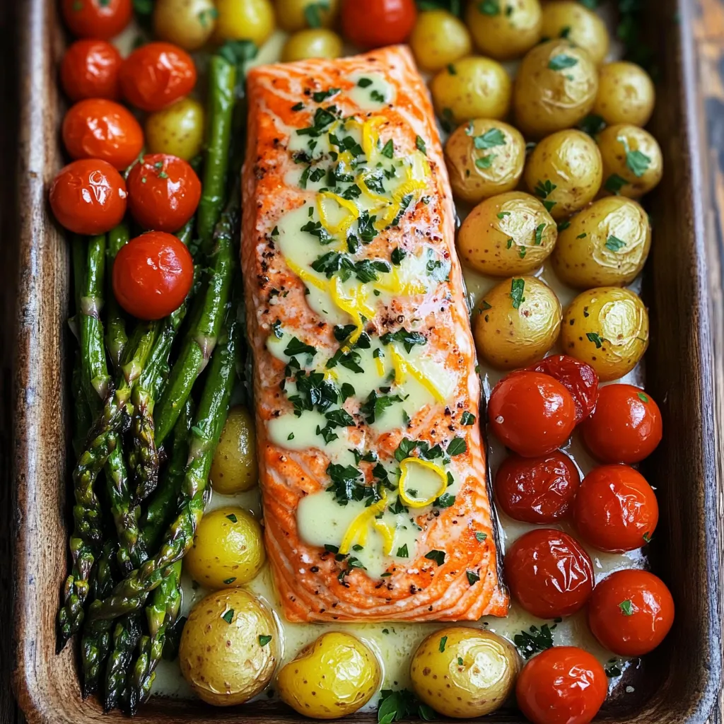- 4 salmon fillets, skin removed if desired - 4 tablespoons unsalted butter, melted - 4 garlic cloves, finely minced - 1 lemon, zested and juiced (about 2 tablespoons juice) - 1 teaspoon dried thyme (or 1 tablespoon fresh thyme) - Salt and freshly ground black pepper, to taste The salmon fillets are the star of this dish. They give you a rich flavor. You can use skin-on or skinless fillets, depending on your taste. The butter adds creaminess, while garlic brings a bold taste. Lemon brightens the dish, balancing the richness of the butter and salmon. Thyme adds a nice herbal note. Salt and pepper boost all the flavors. - 1 cup cherry tomatoes, halved - 1 cup fresh asparagus, trimmed and cut into 2-inch pieces - 1 cup baby potatoes, halved (or quartered if large) I love adding cherry tomatoes for their sweetness. They burst with flavor as they cook. Fresh asparagus adds a nice crunch and color. Baby potatoes round out the dish, providing a hearty base. They soak up the garlic butter well. - Fresh parsley, finely chopped, for garnish Garnishing with parsley brightens the dish visually. It also adds a fresh taste that contrasts with the rich flavors. You can also use lemon wedges for an extra pop of brightness. Feel free to experiment with other herbs like dill or basil too! First, preheat your oven to 400°F (200°C). A hot oven cooks everything evenly. While it heats, gather your ingredients. You will need salmon fillets, butter, garlic, lemon, thyme, salt, black pepper, cherry tomatoes, asparagus, and baby potatoes. This dish is simple, but it packs a lot of flavor. In a small bowl, mix the melted butter and minced garlic. Add lemon zest and juice, thyme, salt, and pepper. Whisk until smooth. This garlic butter sauce is the heart of the dish. It adds rich flavor and moisture to both the salmon and veggies. Take a large baking sheet and arrange halved baby potatoes in a single layer. Drizzle half of the garlic butter over the potatoes. Toss them gently to coat. Spread them out on one side of the pan. This helps them cook evenly. Put the baking sheet in the oven and roast the potatoes for 15 minutes. After that, add asparagus and halved cherry tomatoes to the pan. Pour the rest of the garlic butter over the veggies. Toss them gently, then nestle the salmon fillets among the vegetables. Season the salmon with salt and pepper. Bake everything for another 12 to 15 minutes. The salmon should be opaque and flake easily. The veggies should be tender-crisp. Once done, take the pan out of the oven. Let it cool for a couple of minutes. This brief cooling helps the flavors meld. Just before serving, sprinkle fresh parsley on top. This adds a pop of color and freshness. Enjoy your delicious meal! To get the best flavor for your garlic butter salmon, use fresh garlic. Fresh garlic gives a strong taste. Mince it finely to release its oils. I also love adding lemon zest. It brightens the dish and adds a fresh note. If you can, use fresh thyme. Fresh herbs always enhance the taste. Remember to season well with salt and pepper. This simple step makes a huge difference in flavor. You will need a few key tools for this recipe. First, grab a large rimmed baking sheet. It helps keep everything in one place. A mixing bowl is essential for your garlic butter. Use a whisk to mix it well. You will also need a sharp knife for chopping. A cutting board is great for prep work too. Finally, have a spatula or tongs. These tools help you toss the veggies easily. Many cooks make the same mistakes with this dish. First, don’t overcrowd the pan. If you put too much on it, the food steams instead of roasts. Next, be careful with cooking time. Overcooking salmon makes it dry. It should flake easily but stay moist. Another mistake is not letting the dish rest after cooking. This cooling time helps flavors blend. Lastly, don’t skip the garnish. Fresh parsley adds color and flavor to your meal. {{image_4}} You can mix and match veggies based on what you like. Here are some great options: - Broccoli florets - Bell peppers, sliced - Zucchini, cut into half-moons - Green beans, trimmed - Carrots, sliced thin These veggies add color and flavor. Feel free to use what is fresh or in season. Each type of vegetable will give a new twist to your dish. If you want to make this dish lighter, consider these swaps: - Use olive oil instead of butter. - Try skinless salmon for less fat. - Replace baby potatoes with cauliflower florets. - Add leafy greens like spinach or kale to boost nutrients. These changes keep the dish tasty while making it healthier. You can still enjoy great flavors without extra calories. Want to make your salmon and veggies stand out? Here are some fun ideas: - Add a splash of soy sauce for a savory kick. - Try a sprinkle of smoked paprika for depth. - Incorporate fresh herbs like basil or dill for brightness. - Squeeze extra lemon juice just before serving for zest. These flavor additions can turn a simple meal into something special. Don't be afraid to experiment! Each twist can make the dish feel brand new. After you enjoy your meal, let the leftovers cool down. Transfer them to an airtight container. Keep the salmon and veggies together or separate them if you prefer. Store your container in the fridge. Leftovers can last for up to three days. Make sure to label the container with the date. This way, you won’t forget when you made it. Reheating is easy. Use the oven for best flavor and texture. Preheat your oven to 350°F (175°C). Place the salmon and veggies on a baking sheet. Cover with foil to keep them moist. Heat for about 10-15 minutes, or until warm. You can also use a microwave. Just cover your dish to avoid drying out. Heat in short bursts, checking often. If you want to save some for later, freezing works well. Cool the dish completely, then place it in a freezer-safe container. Make sure to seal it tightly. You can freeze it for up to three months. When you're ready to eat, thaw it in the fridge overnight. Reheat it as mentioned above for the best taste. Yes, you can use frozen salmon. Just make sure to thaw it first. You can thaw it overnight in the fridge or place it in cold water for about an hour. Once thawed, follow the same steps for cooking. Using frozen salmon may take a few extra minutes to cook. This dish goes well with many sides. Here are a few tasty options: - Quinoa or rice for a filling base - A fresh green salad for crunch - Garlic bread for a buttery touch - Steamed rice for a lighter side These sides will balance the flavors of the salmon and veggies. The best way to check salmon is by looking for color and texture. Cooked salmon should be opaque and flake easily with a fork. An internal temperature of 145°F (63°C) is safe for eating. If you’re unsure, use a meat thermometer for accuracy. Yes, you can prepare some parts ahead. You can chop your veggies and make the garlic butter mixture a day before. Store them in the fridge. However, I recommend cooking the salmon and veggies just before serving. This keeps them fresh and tasty. This blog post detailed a tasty garlic butter salmon recipe. We covered main ingredients, cooking steps, and handy tips. You now know how to prep, cook, and store your dish. Remember, you can swap veggies or make it healthier. Always check for proper cooking to ensure a perfect meal. Use these ideas to create a dish that impresses. Enjoy your cooking!