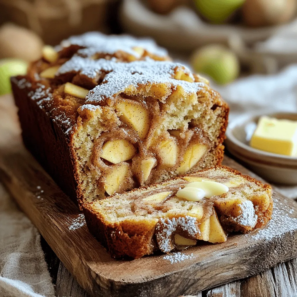 - 2 cups all-purpose flour - 1 teaspoon baking powder - 1/2 teaspoon baking soda - 1 teaspoon ground cinnamon - 1/4 teaspoon salt - 1/2 cup unsalted butter, softened - 1 cup granulated sugar - 2 large eggs - 1 teaspoon pure vanilla extract - 1/2 cup buttermilk (or milk mixed with 1/2 tablespoon vinegar) - 2 medium apples, peeled, cored, and diced - 1 tablespoon fresh lemon juice - 1/4 cup packed brown sugar - 2 teaspoons ground cinnamon (for swirling) Using Granny Smith or Honeycrisp apples is best. Their tartness balances the sweetness. Unsalted butter gives you control over salt. If you want, you can swap buttermilk for regular milk with vinegar. This keeps the bread moist and tasty. You can use whole wheat flour for a healthier option. For a dairy-free version, coconut oil works well in place of butter. If you have a nut allergy, leave out any nuts from the recipe. Adjusting sugar can also help for those watching their intake. First, set your oven to 350°F (175°C). This will get it ready for baking. Next, take a 9x5 inch loaf pan and grease it well. You can use butter or non-stick spray. This step helps the bread come out easily after baking. Now, let’s mix the dry ingredients. In a medium bowl, whisk together 2 cups of flour, 1 teaspoon of baking powder, 1/2 teaspoon of baking soda, 1 teaspoon of ground cinnamon, and 1/4 teaspoon of salt. Mix it well and set it aside. In a large bowl, cream together 1/2 cup of softened butter and 1 cup of granulated sugar. Use an electric mixer on medium speed. Mix until it looks light and fluffy, about 3 to 4 minutes. Add 2 large eggs, one at a time. Make sure each egg is mixed in well before adding the next. After the eggs, pour in 1 teaspoon of pure vanilla extract and mix briefly. Now, it’s time to combine the mixtures. Slowly add the dry mixture to the butter mixture. Alternate this with 1/2 cup of buttermilk. Start and end with the dry mix. Be careful not to overmix; aim for just combined. Finally, gently fold in the diced apples. In a small bowl, mix 1/4 cup of packed brown sugar with 2 teaspoons of ground cinnamon. This will be your cinnamon swirl. Now, pour half of the batter into the greased loaf pan. Smooth it out evenly. Then, sprinkle half of the cinnamon sugar mixture on top. Next, pour the rest of the batter into the pan and sprinkle the remaining cinnamon sugar on top. Use a knife to create a gentle swirl through the batter. Do not mix it in completely; you want a pretty marbled look. Now, it’s ready to bake! To bake the best cinnamon swirl apple bread, follow these tips: - Preheat your oven fully to 350°F (175°C) before baking. - Use room temperature butter for easy mixing. - Mix the batter gently; overmixing can make the bread tough. - Use a toothpick to check for doneness. It should come out clean. - Let the bread cool in the pan for ten minutes before moving it to a wire rack. To keep your bread fresh: - Store it at room temperature in an airtight container for up to three days. - For longer storage, wrap it tightly in plastic wrap and freeze it. - To reheat, simply slice a piece and warm it in the microwave for 15-20 seconds. - You can also toast each slice for a crispy edge and warm center. For a delightful treat, try serving your bread in different ways: - Slice the bread warm and add a pat of butter on top. - Dust with powdered sugar for a sweet touch. - Serve with a scoop of vanilla ice cream for dessert. - Pair with a cup of coffee or tea for a cozy snack. {{image_4}} You can easily make this bread gluten-free. Use a blend of gluten-free all-purpose flour. Ensure it has xanthan gum for proper texture. The bread will still be soft and tasty. Adding nuts or dried fruits can boost flavor and texture. Try walnuts or pecans for crunch. You can also add raisins or dried cranberries for sweetness. Mix in about 1/2 cup into the batter. Want to spice it up? You can add different spices. Try nutmeg or cardamom for a warm twist. Just add 1/2 teaspoon to the dry mixture. This gives your bread a unique taste that everyone will love. After baking, let the bread cool completely. Wrap it tightly in plastic wrap or foil. This keeps it moist and fresh. You can also store it in an airtight container. Keep it at room temperature for up to three days. For longer storage, consider freezing. To freeze, slice the bread first. Wrap each slice in plastic wrap, then place them in a freezer bag. Remove as much air as you can from the bag. This helps prevent freezer burn. The bread can stay frozen for up to three months. When you’re ready to enjoy it, just thaw it at room temperature. Cinnamon swirl apple bread lasts for about three days at room temperature. If you refrigerate it, it may last up to a week. But, refrigerating can make the bread dry. Always check for any signs of spoilage before eating. If the bread smells off or has mold, toss it out. Yes, you can use other apples. I like Granny Smith for their tartness. Honeycrisp also works well as they are sweet and crisp. Fuji or Braeburn apples can add a nice flavor too. Each type will change the taste a bit. Choose what you like best! To make this bread dairy-free, replace the butter with a dairy-free margarine. For the buttermilk, use almond milk or soy milk mixed with lemon juice or vinegar. This swap will keep the bread moist and tasty. This bread is great on its own, but you can serve it with more fun! Try it with a pat of butter for richness. A light dusting of powdered sugar adds sweetness. Fresh fruit or a dollop of whipped cream can make it special too. Enjoy it with your favorite hot drink! In this post, we covered key ingredients, simple steps, and helpful tips for making Cinnamon Swirl Apple Bread. You learned about ingredient choices, substitutions, and how to mix and swirl the dough. We shared storage tips and clever variations to keep things fresh. Remember, this bread can fit many tastes. I hope you enjoy baking and sharing this warm treat with others. Dive in and have fun creating something delicious!