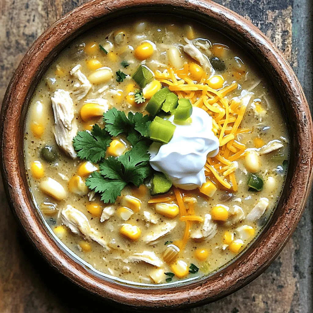 - 1 lb boneless, skinless chicken breasts - 1 can (15 oz) great northern beans, rinsed and drained - 1 can (4 oz) diced green chilies - 1 medium onion, diced - 3 cloves garlic, minced - 1 cup corn (frozen or canned) - 2 cups chicken broth - 1 teaspoon cumin - 1 teaspoon chili powder - ½ teaspoon cayenne pepper (adjust to taste) - 1 cup cream cheese, cubed - 1 cup shredded Monterey Jack cheese - Fresh cilantro, for garnish (optional) - Salt and pepper, to taste To make this creamy white chicken chili, gather all your ingredients first. You will start with chicken breasts as the base. Add the great northern beans for protein and texture. The diced green chilies give it a nice kick. Next, the onion and garlic add depth and flavor. Don't forget the corn; it adds sweetness and color. Chicken broth is key for a rich base. For spices, use cumin and chili powder to enhance the flavor. Adjust the cayenne pepper for your preferred heat level. The cream cheese and Monterey Jack cheese make this dish creamy and cheesy. Finally, fresh cilantro can brighten up each bowl, and salt and pepper will balance the flavors. With all these ingredients, you’re set for a delightful meal! - Start with 1 pound of boneless, skinless chicken breasts. Place them at the bottom of your slow cooker. This helps the chicken cook well. - Next, add 1 can of great northern beans, rinsed and drained. Layer them over the chicken. - Then, add 1 can of diced green chilies for some heat. Add 1 diced medium onion for flavor, and 3 minced garlic cloves for a nice aroma. - Finally, toss in 1 cup of corn, either frozen or canned. This adds sweetness and color. - Pour 2 cups of chicken broth over everything. This keeps the chicken juicy. - Sprinkle in 1 teaspoon of cumin, 1 teaspoon of chili powder, and ½ teaspoon of cayenne pepper. Adjust the cayenne to your spice level. Add salt and pepper to taste. - Gently mix the ingredients, but keep the chicken at the bottom. - Secure the lid and set your slow cooker. Cook on low for 6-7 hours or on high for 3-4 hours. Make sure the chicken is fully cooked. - After cooking, take out the chicken breasts. Use two forks to shred the chicken into bite-sized pieces. - Return the shredded chicken to the slow cooker to soak up the juices. - Now, add 1 cup of cubed cream cheese and 1 cup of shredded Monterey Jack cheese. Stir well until the cheeses melt into the chili. - Taste it and adjust the seasoning with salt and pepper if needed. Let it cook for another 15-20 minutes on low. - Serve the chili hot. You can garnish with fresh cilantro for a pop of color and flavor. To make your chicken tender, always use boneless, skinless chicken breasts. This cut cooks evenly and absorbs flavors well. Layer the chicken at the bottom of your slow cooker. This helps it cook fully. Make sure the chicken is submerged in the broth. This keeps it moist and flavorful. Even cooking is key for a great chili. When adding ingredients, layer them starting with the chicken. Then, add beans, veggies, and spices on top. This arrangement helps all flavors blend as they cook. Stir gently to mix, but keep the chicken at the bottom. Presentation matters, especially with creamy chili. Serve it in bowls and top each with shredded cheese. A dollop of sour cream adds creaminess too. For a pop of color, sprinkle fresh cilantro on top. This makes your dish look inviting and appetizing. Pair your chili with crusty bread or tortilla chips. These sides add crunch and balance the creamy texture. You can also serve it with a simple salad for a fresh touch. Cayenne pepper can be adjusted to fit your taste. If you like it mild, use less cayenne. Start with a pinch and taste before adding more. You can always add heat, but it’s hard to take it away! For a non-spicy version, leave out the cayenne pepper. You can also swap it with sweet paprika. This keeps the flavor without the heat. Enjoy your chili just the way you like it! {{image_4}} You can switch beans in this chili. Great northern beans work well, but you can try black beans or pinto beans, too. Each bean brings its own taste and texture. If you want a meatless dish, use lentils or chickpeas instead of chicken. These options still add protein and flavor. Spices can change the taste of your chili. Add smoked paprika for a deeper flavor or oregano for a fresh touch. You might try fresh herbs like cilantro or parsley, adding them at the end for a vibrant kick. You can also sneak in veggies like bell peppers, zucchini, or carrots. These add color and nutrition, making the dish even better. You can serve this chili over rice for a hearty meal. The rice soaks up the creamy sauce. Tortilla chips are great too; they add crunch and fun. Consider filling quesadillas with the chili. Just add cheese, grill them, and enjoy a tasty twist on classic flavors. You can store your chili in the fridge for about three to four days. Use airtight containers to keep it fresh. Glass or plastic containers with tight lids work best. This helps keep out air and moisture. To freeze your chili, let it cool completely first. Then, scoop it into freezer-safe bags or containers. Leave some space for expansion. You can store it in the freezer for up to three months. When you're ready to eat, thaw it overnight in the fridge. You can also use the microwave for quicker thawing. When reheating, the best method is low and slow on the stove. Stir it gently as it heats to keep the creaminess. If using a microwave, heat in short bursts, stirring in between. This will help avoid separation of the cream and cheese. Always check the temperature to ensure it's hot throughout before serving. This chili can last about 3 to 4 days in the fridge. Store it in an airtight container to keep it fresh. Make sure it cools down before you seal it. If you want to keep it longer, you can freeze it. It stays good for about 3 months in the freezer. Just remember to label it with the date. Yes, you can! To make this chili on the stovetop, start by boiling the chicken in a pot with the chicken broth. Once the chicken is cooked, shred it and return it to the pot. Next, add the beans, chilies, corn, spices, and cream cheese. Cook on low for about 30 minutes. Stir often until the chili is creamy and hot. This method is faster and still gives great flavor. You can serve this chili with many sides. Here are some tasty options: - Tortilla chips for crunch - Cornbread for a sweet touch - Rice for a filling base - Fresh avocado slices for creaminess - Sour cream for added richness These sides will make your meal even better! Enjoy mixing and matching. This blog post shared a complete guide for making Slow Cooker Creamy White Chicken Chili. You learned about key ingredients, easy steps, and tips to make it great. Remember to adjust the spice levels to your liking for the best taste. You can also try different toppings and side dishes for variety. With its comforting flavors, this chili will warm your heart. Enjoy your cooking and make it your own!