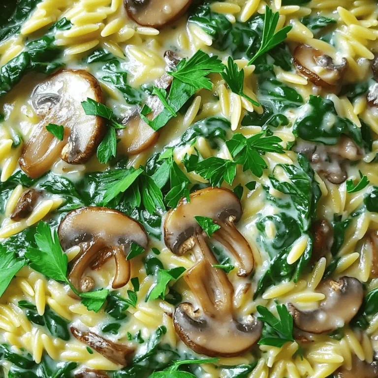 To make this dish, gather the following items: - 1 tablespoon olive oil - 1 medium onion, finely diced - 3 cloves garlic, minced - 8 oz (225g) mushrooms, sliced (use either cremini or button) - 1 teaspoon dried thyme - 1 cup orzo pasta - 4 cups vegetable broth (preferably low-sodium) - 2 cups fresh spinach, packed down - 1/2 cup cream cheese (or substitute with vegan cream cheese) - 1/2 cup grated Parmesan cheese (or use nutritional yeast for a vegan alternative) - Salt and freshly ground black pepper, to taste - Fresh parsley, chopped, for garnishing If you can’t find some ingredients, don’t worry. Here are some easy swaps: - Olive oil: Can use avocado oil or butter for a different flavor. - Mushrooms: Try using shiitake or portobello for a meatier taste. - Cream cheese: Vegan cream cheese also works well for a dairy-free option. - Parmesan cheese: Nutritional yeast gives a nice cheesy flavor without dairy. Want to make this dish even better? Consider these add-ins: - Proteins: Add cooked chicken, shrimp, or tofu for extra nutrition. - Herbs: Fresh basil or dill can enhance the flavor profile. - Vegetables: Peas, bell peppers, or zucchini can add color and crunch. These ingredients and tips will help you create a creamy and delicious one-pot meal. Enjoy exploring flavors and making it your own! First, grab a large pot and add one tablespoon of olive oil. Heat it over medium heat. Toss in one medium onion, finely diced. Let it cook for about three to four minutes. You want the onion to be soft and clear. This step builds a nice base for the dish. Now, add three cloves of minced garlic and eight ounces of sliced mushrooms to the pot. You can use either cremini or button mushrooms. Stir in one teaspoon of dried thyme for flavor. Cook this mixture for five to seven minutes. Stir often until the mushrooms soften and lose moisture. This enhances their rich taste. Next, add one cup of orzo pasta to the pot. Mix it well so the pasta gets coated in the tasty blend. Pour in four cups of vegetable broth. Season with salt and freshly ground black pepper to your liking. Increase the heat to bring it to a boil. Then, lower it to a gentle simmer. Cover the pot and let it cook for about 10 to 12 minutes. Stir occasionally until the orzo is tender and absorbs most of the liquid. To make this dish pop, use fresh ingredients. Fresh spinach and mushrooms really shine. Sauté your onion until it's soft. This step builds a strong flavor base. Don't rush the mushrooms; let them brown a bit. This adds depth. Use low-sodium broth to control salt. Add a splash of lemon juice for brightness. A dash of nutmeg enhances the creaminess. One common mistake is overcooking the orzo. Stir it often, but don’t let it mush. Another error is skimping on the seasoning. Always taste before serving. If you use frozen spinach, thaw and drain it well. This prevents a watery dish. Avoid cooking the cream cheese at high heat; it can curdle. Add it in at the end for smoothness. This creamy orzo goes well with crusty bread. A side salad with a tangy dressing complements it nicely. Pair with white wine, like a crisp Sauvignon Blanc. For a heartier meal, serve with grilled chicken or sautéed shrimp. Fresh parsley on top adds both color and flavor. Enjoy your meal with loved ones for the best experience! {{image_4}} You can easily make this dish vegan. Just swap the cream cheese for vegan cream cheese. Use nutritional yeast instead of Parmesan. This option keeps the dish creamy and tasty. You still enjoy the rich flavors without dairy. Want to add some protein? Chicken works great in this dish. Simply cook and shred cooked chicken before adding it to the pot. For a plant-based option, use firm tofu. Press it to remove water, then cube and sauté it until golden. Both choices boost nutrition and make the dish more filling. You can customize your orzo with seasonal veggies. In spring, add peas or asparagus. In summer, try zucchini or bell peppers. In fall, use butternut squash or kale. These veggies keep your meal fresh and exciting. They add color and nutrition, enhancing the dish’s flavors. To store leftovers of your creamy mushroom and spinach orzo, let it cool first. Place it in an airtight container. It will keep in the fridge for up to three days. Make sure to label the container with the date you made it. This helps you track freshness. When you’re ready to eat, reheat the orzo on the stove for best results. Add a splash of vegetable broth to help it regain its creamy texture. Stir it gently over medium heat until it is warm. You can also use the microwave. Heat it in short bursts, stirring in between. This keeps the orzo from drying out. You can freeze the orzo if you want to save it for later. Place it in freezer-safe bags or containers. It will stay good for up to three months. When you’re ready to eat, thaw it overnight in the fridge. Then reheat it on the stove. Add a bit more broth or cream cheese to bring back the creaminess. It takes about 30 minutes to make this dish. You spend 10 minutes prepping the ingredients. Cooking takes around 20 minutes, including simmering time. This makes it a quick and easy meal for busy days. Yes, you can use other pasta types. If you want a different shape, try ditalini or small shells. Adjust cooking time as needed. Check the pasta package for guidelines. The key is to ensure the pasta cooks evenly in the broth. To make it extra creamy, add more cream cheese or Parmesan. You can also try stirring in a bit of heavy cream. Another option is to blend some cooked orzo with a little broth. This will boost the creaminess and flavor. Remember to taste as you go! This blog post covered all you need for One-Pot Creamy Mushroom and Spinach Orzo. You learned about the key ingredients, tasty substitutions, and optional add-ins. We walked through simple steps to make this dish easy at home. I shared tips for great flavor and common mistakes to avoid. You also discovered fun variations and how to store leftovers. Making this dish is a joyful journey. You can impress friends and family with ease. Enjoy your cooking!