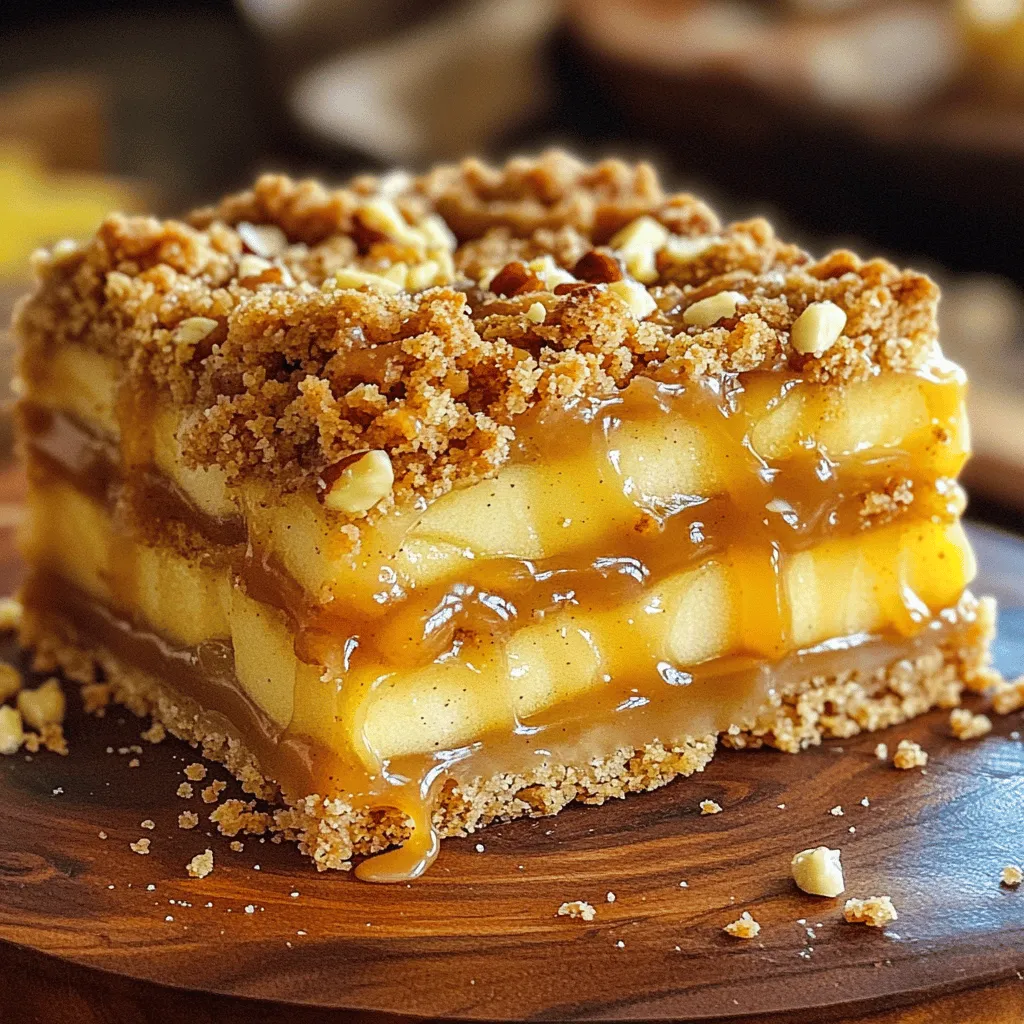 To make the best Caramel Apple Crumble Bars, you need simple and fresh ingredients. Here’s what you’ll need: - 2 cups all-purpose flour - 1 cup packed brown sugar - 1 cup rolled oats - 1/2 teaspoon baking powder - 1/2 teaspoon baking soda - 1/2 teaspoon salt - 1 cup unsalted butter, melted - 4 medium apples, peeled, cored, and diced (approximately 4 cups) - 1 teaspoon ground cinnamon - 1/4 teaspoon ground nutmeg - 1 cup caramel sauce (can be store-bought or homemade) - 1/2 cup chopped nuts (such as walnuts or pecans, optional) Each ingredient plays a key role in creating layers of flavor and texture. The all-purpose flour and rolled oats form a sturdy base. Brown sugar gives a rich sweetness. The apples, spiced with cinnamon and nutmeg, bring warmth. Caramel sauce drizzled on top adds that gooey touch. If you like crunch, toss in some chopped nuts. These ingredients come together for a treat that is hard to resist! - Preheat the oven to 350°F (175°C). - Prepare a 9x13 inch baking pan with parchment paper. Let the paper hang over the edges for easy removal. - In a large bowl, mix: - 2 cups all-purpose flour - 1 cup packed brown sugar - 1 cup rolled oats - 1/2 teaspoon baking powder - 1/2 teaspoon baking soda - 1/2 teaspoon salt - Pour in 1 cup melted butter. Mix until crumbly. - Reserve one-third of the mixture for later. Press the rest firmly into the pan. - In another bowl, toss: - 4 medium apples, peeled, cored, and diced - 1 teaspoon ground cinnamon - 1/4 teaspoon ground nutmeg - 1 cup caramel sauce (half for the apples) - Spread the apple mixture evenly over the crust. Drizzle with the remaining caramel sauce. - Sprinkle the reserved crumble mixture over the apples. - If you like, add 1/2 cup chopped nuts on top for a crunchy finish. - Place the pan in the oven. Bake for 30-35 minutes. - Check when the topping is golden brown and the apples are tender. - Allow the bars to cool in the pan for 15 minutes. - Use the parchment paper to lift the bars out. Let them cool completely on a wire rack. - Cut into squares. Serve on a platter and drizzle with extra caramel. Consider pairing with vanilla ice cream! - Ensuring even baking: To bake your bars evenly, spread the mixture flat in the pan. Use a spatula to press the crust firmly. This helps it brown nicely. Rotate the pan halfway through baking for even heat. - Measuring ingredients accurately: Use dry measuring cups for flour and oats. Spoon flour into the cup, then level it off. Avoid packing it down. For brown sugar, pack it firmly into the cup, then level it. This gives the right texture. - Using different types of apples: Try using Granny Smith for tartness or Honeycrisp for sweetness. Each type adds its own flavor. Mix a few kinds for a more complex taste. - Flavored caramel sauce options: You can use vanilla, sea salt, or even chocolate-flavored caramel. Each adds a unique twist. Experiment with homemade versions for more control. - Incorporating other nuts and toppings: Add chopped walnuts or pecans for crunch. You can also sprinkle some oats on top for extra texture. Consider adding shredded coconut or chocolate chips for a different flavor. {{image_4}} To keep your caramel apple crumble bars fresh, follow these tips: - Refrigerating: Place the bars in an airtight container. They stay good for up to one week. If you want to avoid sogginess, use parchment paper between layers. - Freezing: For longer storage, wrap the bars tightly in plastic wrap and then foil. They last up to three months in the freezer. To enjoy later, simply thaw in the fridge overnight. When you're ready to enjoy your bars again, follow these steps to warm them up: - Preheat your oven to 350°F (175°C). - Place the bars on a baking sheet. - Heat for about 10-15 minutes until warm. This helps the caramel become gooey again. - If you're in a hurry, microwave a single bar for about 15-20 seconds. Enjoy! Each serving has about 250 calories. This recipe yields 12 bars, making it a great treat for gatherings. The bars provide essential nutrients like: - Carbohydrates: 36g for energy - Fat: 12g for richness and flavor - Protein: 3g to help keep you full These ingredients combine to create a delightful balance between sweetness and texture. You can make these bars even better with some simple swaps. Try these ideas: - Reduced Sugar: Use half the amount of brown sugar. You can also use a sugar substitute like stevia or monk fruit. - Gluten-Free: Replace all-purpose flour with almond flour or gluten-free flour blends. - Butter Alternatives: Use coconut oil for a dairy-free option. - Nut-Free: Omit nuts or use seeds like sunflower seeds for crunch without allergens. These swaps help you enjoy the flavors while making the bars a bit healthier. I like to use tart apples for the best flavor. Good options include: - Granny Smith - Honeycrisp - Fuji These apples hold their shape well. They provide a nice balance of sweet and tart. This makes the bars more flavorful. Yes, you can make these bars ahead of time. Here are some tips: - Prep: You can bake them a day or two in advance. Store them in an airtight container. - Storage: Keep them in the fridge to keep them fresh. You can also freeze them for up to three months. Just let them thaw in the fridge before serving. Look for these signs of perfect doneness: - The crumble topping should be golden brown. - The apples should be tender but not mushy. - A toothpick inserted into the center should come out clean. If you see these signs, your bars are ready! Yes, you can adjust the recipe easily. Here are some tips: - Cut the ingredients in half: This will give you about six bars. - Use a smaller pan: A smaller baking dish will work well, like an 8x8 inch pan. - Adjust baking time: Keep an eye on the bars as they bake. They may need less time. Check for doneness earlier than the recipe states. You now have all you need to create delicious caramel apple crumble bars. We covered essential ingredients, step-by-step instructions, and helpful tips. Remember to choose the right apples and store the bars properly for lasting flavor. You can enjoy making these bars with your own twists, too. Whether for a special occasion or a simple treat, these bars are sure to please. Enjoy your baking journey and relish every bite!