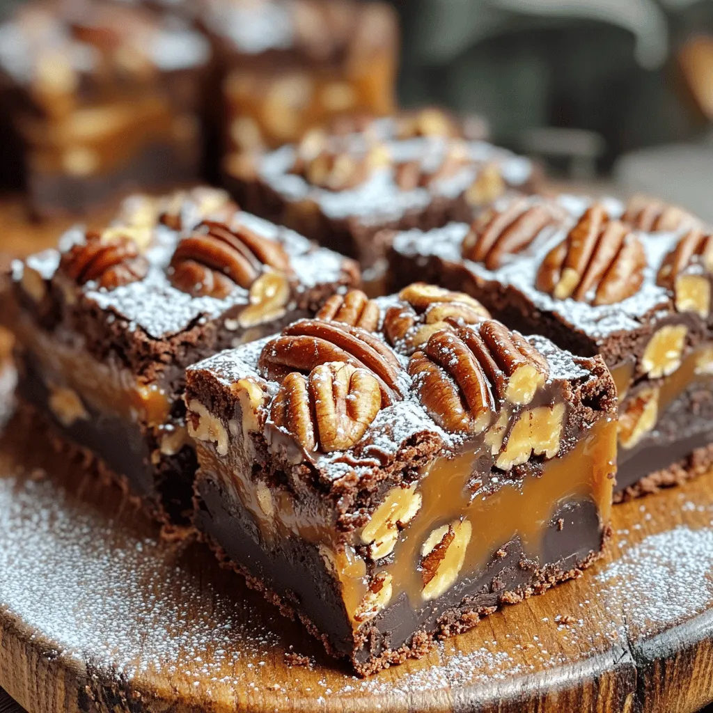 - 1 cup unsalted butter, melted - 1 ½ cups granulated sugar - 4 large eggs - 1 teaspoon vanilla extract - 1 cup all-purpose flour - ¾ cup unsweetened cocoa powder - ½ teaspoon baking powder - ½ teaspoon salt - 1 cup pecans, roughly chopped - 1 cup caramel sauce (store-bought or homemade) Each ingredient plays a key role in making these bars taste amazing. The unsalted butter adds rich flavor and makes the bars moist. Granulated sugar sweetens the mix and helps with texture. Eggs provide structure and help bind everything together, giving the bars a nice lift. Vanilla extract adds warmth and depth to the flavor. Flour and cocoa powder make the base of the brownie. Flour gives the bars structure, while cocoa powder brings that deep chocolate taste we all love. Baking powder helps create a soft texture, while salt balances the sweetness and enhances flavors. The pecans bring a nice crunch and a nutty taste, while caramel sauce adds sweetness and richness. If you need some swaps, here are a few ideas. Use coconut oil instead of butter for a dairy-free option. You can replace granulated sugar with brown sugar for a deeper flavor. If you prefer, try using maple syrup or agave syrup as a sweetener. For a nut-free version, just leave out the pecans. You can use chocolate chips instead for extra chocolatey goodness. If you don’t have caramel sauce, a mix of honey and butter can work in a pinch. Experiment and find what you enjoy! To start, preheat your oven to 350°F (175°C). Grease a 9x13-inch baking pan. Line it with parchment paper, leaving some paper hanging over the sides. This helps with easy removal later. In a large bowl, mix melted butter and granulated sugar. Whisk until smooth. Add four eggs, one at a time, mixing well after each. Stir in one teaspoon of vanilla extract. In another bowl, sift together one cup of all-purpose flour, ¾ cup of unsweetened cocoa powder, ½ teaspoon of baking powder, and ½ teaspoon of salt. Gradually add this dry mix to the wet mixture, stirring until just combined. Be careful not to overmix. Now, gently fold in one cup of roughly chopped pecans. Pour half of the brownie batter into your prepared pan. Spread it evenly. Drizzle half of the caramel sauce over this layer. Carefully dollop the remaining batter on top. Smooth it out, then drizzle the rest of the caramel sauce on top. Use a knife to swirl the caramel into the batter for a nice look. Bake for 25-30 minutes. Check with a toothpick; it should come out clean or with a few moist crumbs. Once done, allow the brownies to cool completely in the pan on a wire rack. When cool, use the parchment paper to lift the brownies out. Cut them into bars of your choice. For a tasty touch, dust with powdered sugar and drizzle extra caramel sauce before serving. Enjoy these rich brownie bars! To keep your brownies soft, avoid overmixing. After you add the dry mix, stir gently. Use a spatula to fold in the flour, cocoa, and salt. Stop mixing as soon as you see no flour. Overmixing makes brownies tough. Keep them light and chewy by being gentle. For fudgy brownies, you need the right balance of wet and dry ingredients. Use melted butter to keep the bars moist. The eggs add richness and help bind everything together. Don’t bake too long; check for doneness at 25 minutes. A toothpick should come out with a few moist crumbs. This gives the brownies that perfect, gooey texture. Presentation makes a big difference. Once cool, lift the brownies out using the parchment paper. Cut them into even bars. For a special touch, dust the top with powdered sugar. Drizzle with extra caramel sauce for a sweet finish. Arrange them on a nice plate to impress your guests. Enjoy the rich flavors and delightful looks! {{image_4}} You can change the nuts in your brownie bars. Try walnuts or almonds for a new taste. You can also mix in chocolate chips. Dark chocolate or white chocolate makes a great addition. Just make sure to keep the total amount of mix-ins the same. This keeps the texture perfect. Adding spices can take your brownies to the next level. A pinch of cinnamon or nutmeg adds warmth. You might also try a bit of espresso powder for a coffee flavor. If you want a fruity twist, use almond or orange extract. Each option adds a unique flavor that can surprise your taste buds. You can make these brownie bars gluten-free. Replace all-purpose flour with a gluten-free flour blend. Ensure the blend contains xanthan gum for the right texture. To make them vegan, swap eggs for flax eggs. Mix one tablespoon of flaxseed meal with three tablespoons of water. This keeps the brownies moist and tasty. To keep your caramel pecan pie brownie bars fresh, store them in an airtight container. Line the container with parchment paper. This helps prevent sticking. Place a layer of brownie bars in the container and cover them with another sheet of parchment. This keeps them moist and tasty. Store them at room temperature for up to three days. If you want to keep them longer, refrigeration is a good option. You can freeze these brownie bars for later enjoyment. First, let the bars cool completely. Then, cut them into individual squares. Wrap each square tightly in plastic wrap. Place the wrapped bars in a freezer-safe bag or container. They can last up to three months in the freezer. When ready to eat, simply thaw them in the fridge overnight. To enjoy your leftover brownie bars warm, preheat your oven to 350°F (175°C). Place the bars on a baking tray and cover them loosely with foil. Heat for about 10-15 minutes. This will warm them without drying them out. You can also microwave them for 10-15 seconds if you want a quick treat. Serve with a drizzle of extra caramel sauce for a special touch! You can use walnuts or almonds. Both give a nice crunch. If you're nut-free, try sunflower seeds. They add texture without nuts. Yes, homemade caramel sauce works great! Just ensure it’s thick and creamy. This adds a personal touch to the bars. The brownies are done when a toothpick comes out clean or with a few moist crumbs. Start checking around 25 minutes. If it’s wet, bake for a few more minutes. Let them cool completely before cutting. This blog post covered how to make delicious brownies. You learned about key ingredients and their roles. We detailed step-by-step baking instructions, from prep to serving. I shared helpful tips to avoid overmixing and achieve the perfect texture. You also explored tasty variations, storage tips, and answered common questions. Now, you're ready to bake brownies that impress. With these insights, your brownies will surely be a hit. Enjoy the process and share your tasty creations with friends!