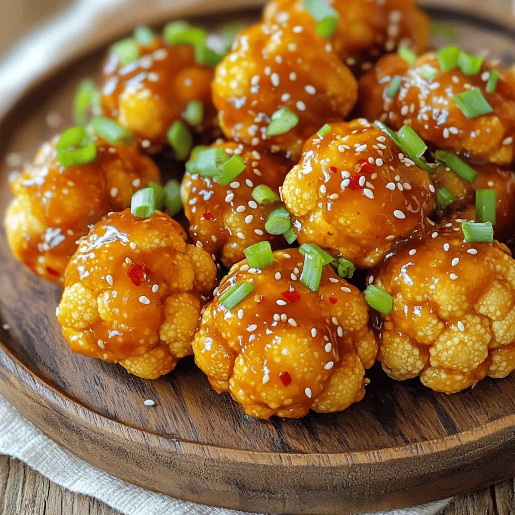 - 1 medium head of cauliflower, cut into bite-sized florets - 1 cup all-purpose flour - 1 cup cornstarch - 1 teaspoon garlic powder - 1 teaspoon ground ginger - 1 teaspoon salt - 1/2 teaspoon freshly ground black pepper - 1 cup cold water - Oil for frying (vegetable or peanut oil works best) To make great General Tso’s Cauliflower Bites, start with fresh cauliflower. Cut the cauliflower into small florets. This helps them cook evenly and get crispy. The batter is important, too. Combine flour, cornstarch, and seasonings for a crunchy coating. You can use any oil that can handle high heat for frying. Vegetable oil is common, but peanut oil adds flavor. - 3 tablespoons soy sauce (or tamari for a gluten-free option) - 2 tablespoons rice vinegar - 2 tablespoons honey or maple syrup for a vegan alternative - 2 cloves garlic, finely minced - 1 tablespoon freshly grated ginger - 1 teaspoon sesame oil - 1/2 teaspoon red pepper flakes (adjust for spice preference) - Chopped green onions and sesame seeds for garnish For the sauce, choose soy sauce or tamari based on your diet. The sweetness comes from honey or maple syrup, making it tasty. Aromatics like garlic and ginger add depth and flavor. Use sesame oil for a rich finish. Red pepper flakes give the sauce a nice kick. Finally, garnish with green onions and sesame seeds for a pop of color and taste. First, rinse the cauliflower under cold water. This helps remove dirt. Next, cut the cauliflower into bite-sized florets. Try to keep them even for uniform cooking. After cutting, pat the florets dry with a paper towel. This step is key for getting crispy bites when frying. In a large bowl, mix the dry ingredients. Combine one cup of all-purpose flour, one cup of cornstarch, one teaspoon of garlic powder, one teaspoon of ground ginger, one teaspoon of salt, and half a teaspoon of black pepper. Next, slowly add one cup of cold water. Whisk until the batter is smooth. It should be thick enough to coat but not too thick to clump. Choose a frying oil, like vegetable or peanut oil. Pour enough oil into a deep pan to reach about two inches deep. Heat the oil over medium-high heat until it reaches 350°F (175°C). To check if the oil is ready, drop in a small spoonful of batter. If it sizzles and rises, the oil is hot enough. Dip each cauliflower floret into the batter. Make sure it is fully coated. Carefully place the battered florets into the hot oil in small batches. Avoid overcrowding the pan. Fry them for about 5-7 minutes, turning them occasionally. They should turn golden brown and crispy. Once done, use a slotted spoon to remove them and place them on a paper towel-lined plate. In a medium saucepan, combine three tablespoons of soy sauce, two tablespoons of rice vinegar, and two tablespoons of honey or maple syrup. Add two minced garlic cloves, one tablespoon of freshly grated ginger, one teaspoon of sesame oil, and half a teaspoon of red pepper flakes. Stir well and bring the sauce to a gentle simmer. Cook for 3-5 minutes, stirring occasionally, until it thickens slightly. In a large mixing bowl, add the crispy cauliflower. Pour the hot sauce over the bites. Gently toss to coat the cauliflower evenly. Be careful not to break the florets. Transfer the coated cauliflower to a serving dish. For garnish, sprinkle chopped green onions and sesame seeds on top. This adds a nice touch to your dish. To get crispy cauliflower bites, start with proper drying. After rinsing, use a paper towel to pat each floret dry. This step is key. Moisture makes them soggy. Next, manage the oil temperature. Heat your oil to about 350°F (175°C). You can test it by dropping in a bit of batter. If it bubbles and rises, you're ready to go. Keeping the oil hot helps the batter crisp up quickly. For extra flavor, consider adding spices. A pinch of smoked paprika or cayenne can boost taste. Adjust spice based on your heat preference. You can also customize the sweetness level. If you like it sweeter, add more honey or maple syrup. Just remember, balance is essential. Baking or air frying can be healthier options. To bake, preheat your oven to 425°F (220°C). Spread the battered florets on a baking sheet and spray with oil. Bake for about 20-25 minutes, flipping halfway through. For air frying, set your air fryer to 375°F (190°C). Place the florets in the basket and cook for 15-20 minutes. Check for crispiness and adjust time as needed. Both methods can yield tasty results without deep frying. {{image_4}} You can make General Tso’s Cauliflower Bites vegan. Instead of honey, use maple syrup. It adds sweetness without animal products. For a gluten-free option, switch to tamari instead of soy sauce. This keeps the flavor rich while catering to dietary needs. You might want to add protein to your dish. Chicken works well and adds heartiness. Simply cut it into bite-sized pieces and coat it like the cauliflower. Tofu is another great choice. Use firm tofu, press it to remove water, and cut it into cubes. Coat and fry it just like the cauliflower for a tasty twist. You can adjust the sauce to match your taste. If you love heat, add more red pepper flakes for a spicy kick. To balance heat, increase the honey or maple syrup for sweetness. You can also try different ingredients like hoisin sauce or chili paste for unique flavors. Each change gives your dish a new life! To store leftover cauliflower bites, let them cool down first. Place them in an airtight container. Keep the container in the fridge. These bites stay fresh for up to three days. Reheating them in an oven helps keep them crispy. If you want to freeze your cauliflower bites, first let them cool completely. Arrange them in a single layer on a baking sheet. Freeze them for about an hour. Once frozen, transfer the bites to a freezer bag. They will keep well for up to three months. When you're ready to eat, reheat them in the oven for the best texture. General Tso’s cauliflower bites last about three days in the fridge. If you freeze them, they stay fresh for about three months. Always check for any signs of spoilage before eating. Enjoy your delicious bites while they are at their best! General Tso’s Cauliflower Bites is a tasty dish made with cauliflower florets. It has roots in Chinese-American cuisine. This dish gives a fun twist to the classic General Tso’s chicken, using crispy cauliflower instead. The bites are coated in a sweet and spicy sauce, making them a perfect snack or appetizer. Yes, you can bake General Tso’s Cauliflower. To do this, preheat your oven to 425°F (220°C). After coating the cauliflower in batter, place the florets on a lined baking sheet. Spray them lightly with cooking oil. Bake for about 20-25 minutes, turning halfway through, until they are golden brown and crispy. The result will be less oily, but still delicious. To keep your cauliflower crispy, follow these tips: - Pat Dry: Make sure to dry the cauliflower well before battering. - Right Oil Temperature: Keep the oil hot while frying. This helps the batter to crisp up. - Avoid Overcrowding: Fry in small batches. Crowding lowers the oil temperature. - Rest on Paper Towels: Place fried bites on paper towels to absorb excess oil. You can enjoy General Tso’s Cauliflower Bites with several side dishes: - Steamed Rice: White or brown rice pairs nicely. - Noodles: Lo mein or fried rice adds more flavor. - Vegetable Stir-Fry: A mix of colorful veggies complements the bites. - Dipping Sauce: Serve with extra sauce for dipping. These options make your meal fun and filling! You’ve learned how to make General Tso’s Cauliflower Bites, from ingredients to cooking. We covered key tips for crispy bites and flavor boosts. Whether you bake, fry, or try unique variations, there's an option for everyone. Storing leftovers or freezing them keeps your bites fresh longer. With this easy guide, you can create a tasty dish to share. Get ready to impress friends and family with your cooking skills!