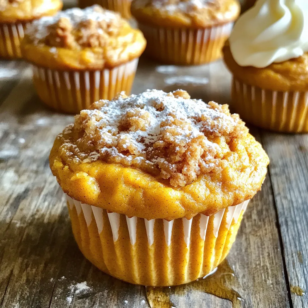- 1 ¾ cups all-purpose flour - 1 teaspoon baking soda - ½ teaspoon baking powder - 1 teaspoon ground cinnamon - ½ teaspoon ground nutmeg - ½ teaspoon ground ginger - ¼ teaspoon salt - 1 cup canned pumpkin puree - ¾ cup granulated sugar - ½ cup brown sugar, packed - ½ cup vegetable oil - 2 large eggs - 1 teaspoon vanilla extract - ½ cup all-purpose flour - ⅓ cup brown sugar, packed - ½ teaspoon ground cinnamon - ¼ cup unsalted butter, melted - ¼ cup rolled oats When I bake Bakery-Style Pumpkin Streusel Muffins, I start by gathering all my ingredients. The dry ingredients form the base of the muffins. All-purpose flour gives structure. Baking soda and baking powder help the muffins rise. The spices like cinnamon, nutmeg, and ginger add warmth and flavor. Salt balances everything. Next, I focus on the wet ingredients. Canned pumpkin puree brings moisture and flavor. Granulated sugar and brown sugar sweeten the muffins. Vegetable oil keeps them soft and adds richness. Eggs bind the mixture, while vanilla extract adds a lovely aroma. Finally, the streusel topping is a must. It brings a crunchy texture. The flour, brown sugar, and cinnamon combine well. Melted butter makes it rich, and rolled oats add heartiness. This mix creates a delightful topping for the muffins. Each bite is a sweet surprise. - Preheat the oven to 350°F (175°C). - Prepare a 12-cup muffin tin with liners or grease it well. - Combine 1 ¾ cups all-purpose flour, 1 teaspoon baking soda, ½ teaspoon baking powder, and spices. - Use 1 teaspoon ground cinnamon, ½ teaspoon ground nutmeg, ½ teaspoon ground ginger, and ¼ teaspoon salt. - Whisk the mixture until everything is well mixed. Set it aside. - In another bowl, blend 1 cup canned pumpkin puree, ¾ cup granulated sugar, and ½ cup packed brown sugar. - Add ½ cup vegetable oil, 2 large eggs, and 1 teaspoon vanilla extract. - Mix until the mixture is smooth and creamy. - Gently pour the dry ingredients into the wet mixture. - Stir slowly until just combined. - A few lumps are okay; they help keep muffins tender. - In a small bowl, mix ½ cup all-purpose flour, ⅓ cup packed brown sugar, and ½ teaspoon ground cinnamon. - Add ¼ cup melted unsalted butter and ¼ cup rolled oats. - Stir until it forms a crumbly texture. - Distribute the muffin batter into the prepared muffin cups. Fill each about three-quarters full. - Sprinkle the streusel topping generously over each muffin. - Bake in the preheated oven for 18-20 minutes. - Check doneness by inserting a toothpick in the center; it should come out clean or with a few crumbs. To get a tender muffin, avoid overmixing. When you mix the wet and dry ingredients, just stir until combined. It’s okay if there are a few lumps. This keeps the muffins soft and fluffy. For smooth mixtures, use a whisk or a spatula. These tools help blend without overworking the batter. To keep muffins fresh, store them in an airtight container. Place a paper towel inside to absorb moisture. If you want to save muffins for later, freeze them. Wrap each muffin in plastic wrap and place in a freezer bag. They can last up to three months in the freezer. For a special touch, dust the muffins with powdered sugar. You can also serve them with whipped cream for a treat. Pair these muffins with seasonal drinks like spiced cider or coffee. A drizzle of maple syrup adds extra flavor and warmth. Enjoy these muffins any time of the day! {{image_4}} You can easily add a new twist to your muffins. Try adding chocolate chips or nuts for extra crunch. Just fold in about ½ cup of your favorite chocolate chips or chopped nuts into the batter before filling the muffin cups. This small change will give your muffins a rich, delightful flavor. You can also experiment with spices for a unique taste. Swap out the cinnamon for cardamom or allspice. You could even add a hint of vanilla bean for extra depth. With these options, you can create a new favorite muffin every time. If you need gluten-free muffins, use a gluten-free flour blend. Make sure it includes a binding agent like xanthan gum. This helps your muffins hold together. You can find many good blends in stores or online. For vegan muffins, you can replace eggs with a flaxseed mixture. Mix 1 tablespoon of ground flaxseed with 2.5 tablespoons of water. Let it sit for a few minutes until it thickens. This will work great in your muffin mix. You can dress up your muffins in fun ways. Try adding a crumbly streusel topping made from pecans or walnuts. You can also sprinkle some pumpkin seeds for a crunchy finish. This adds a lovely texture and seasonal flair. Another idea is to drizzle your muffins with flavored syrups. Maple syrup or caramel sauce can make your muffins extra special. Serve them warm for a cozy treat! To store muffins at room temperature, place them in an airtight container. This keeps them fresh and moist. You can also wrap them in plastic wrap or foil. Store them in a cool, dry place. These muffins stay good for up to three days. If you want to keep muffins longer, refrigerate them. Place them in a sealed container to avoid drying out. These muffins can last up to a week in the fridge. When ready to eat, let them sit at room temperature for a few minutes. This helps bring back their soft texture. To freeze muffins, start by letting them cool completely. Wrap each muffin in plastic wrap. Then, place them in a freezer-safe bag. This keeps them fresh for up to three months. When you want one, take it out and let it thaw. You can also reheat it in the microwave for about 20 seconds. Enjoy your muffin warm and tasty! To make muffins soft, avoid overmixing the batter. Mix just until the dry and wet ingredients come together. Overmixing makes them tough. You can also add a bit more oil or use yogurt for extra moisture. Another tip is to let your muffins cool in the pan for a few minutes before moving them. This keeps them soft and fluffy. Yes, you can use fresh pumpkin. First, you need to cook the pumpkin. Cut it in half, remove the seeds, and roast it until soft. Then, scoop out the flesh and blend it until smooth. Make sure to measure the same amount as the canned pumpkin. This gives you fresh flavor, but it may have a slightly different texture. Check your muffins at 18 minutes. Insert a toothpick into the center of a muffin. If it comes out clean or with a few moist crumbs, they are done. If it has wet batter, bake them for a few more minutes. The tops should be golden and spring back when gently pressed. Enjoy the warm aroma! These pumpkin muffins are simple and delicious. You learned about the key ingredients, steps, and tips. Keep mixing wet and dry ingredients gently for best results. Experiment with flavors and toppings to make your muffins unique. Store them correctly to keep them fresh, and don’t forget the serving ideas. Enjoy baking these treats for yourself or to share! I hope you feel inspired and ready to dive into your kitchen. Happy baking!