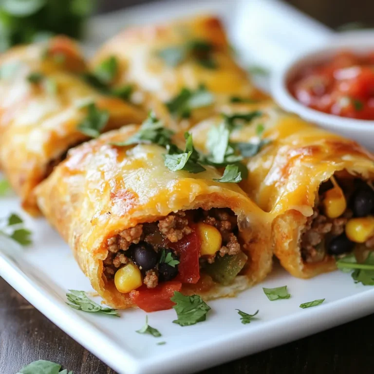- 1 package of refrigerated pizza dough - 1 cup shredded cheddar cheese - 1 cup cooked ground beef or turkey - 1/2 cup taco seasoning - 1 cup black beans, rinsed and drained - 1/2 cup corn, canned or frozen, thawed if frozen - 1/2 cup diced tomatoes, fresh or canned - 1/4 cup chopped fresh cilantro - 1 egg, beaten - Salsa, for dipping In this recipe, the main ingredients create a delicious base for cheesy taco sticks. The pizza dough wraps around a tasty filling of meat, cheese, and beans. Using shredded cheddar cheese gives these sticks a rich flavor. The cooked ground beef or turkey adds protein and heartiness. You can also swap the meat for black beans if you prefer a vegetarian option. The taco seasoning brings a burst of flavor to this dish. It gives the filling its signature taste. Black beans and corn add color and texture. Diced tomatoes provide freshness and moisture. These additional ingredients make your taco sticks even more tasty. For garnishing, fresh cilantro adds a pop of green and a hint of freshness. The beaten egg helps the dough get a golden crust. Serve with salsa for dipping to enhance the flavors. This simple combination makes the cheesy taco sticks a hit for any snack time! {{ingredient_image_2}} 1. Start by preheating your oven to 400°F (200°C). This helps cook the taco sticks evenly. 2. Prepare a baking sheet by lining it with parchment paper. This keeps the sticks from sticking to the pan. 3. In a large skillet, set it over medium heat. Add the cooked ground beef or turkey to the pan. 4. Mix in the taco seasoning. Stir well so every piece of meat is coated. 5. Add the black beans, corn, and diced tomatoes. Stir this mixture for about 3-5 minutes until heated through. 6. Once done, remove the skillet from the heat. Fold in the chopped cilantro for a fresh taste. 1. On a lightly floured surface, roll out the refrigerated pizza dough. Aim for a large rectangle about 1/4 inch thick. 2. Cut the rolled dough into 2-inch wide strips. Each strip will hold the filling. 3. Take a generous spoonful of the taco mixture. Place it down the center of each dough strip. 4. Sprinkle a tablespoon of shredded cheddar cheese over the taco mixture. This adds melty goodness to each bite. 1. Carefully fold the sides of the dough over the filling. Pinch the edges tightly to seal them well. 2. Arrange the sealed taco sticks on the prepared baking sheet. Leave space between each stick for even baking. 3. Brush the tops with the beaten egg. This gives the sticks a golden, shiny look. 4. Place the baking sheet in the oven and bake for 15-20 minutes. Keep an eye on them until they turn golden brown. 5. After baking, let them cool for a couple of minutes. They will be very hot, so be careful. 6. Serve the cheesy taco sticks warm, with salsa for dipping. Enjoy the flavors! Rolling out the dough is simple. First, lightly flour your surface. This step keeps the dough from sticking. Use a rolling pin to spread the dough into a rectangle. Aim for a thickness of about 1/4 inch. If the dough springs back, let it rest for a few minutes. This makes it easier to roll. To avoid spilling the filling, place a generous spoonful in the center. Make sure to leave space on the edges. When sealing the taco sticks, pinch the edges tightly. This method keeps the tasty filling inside while baking. You can boost the flavor with extra spices. Try adding cumin, garlic powder, or chili powder. These spices give the dish a nice kick. You can also mix in diced jalapeños for heat. If you want a milder taste, bell peppers work well too. Using fresh ingredients is key. Fresh tomatoes and herbs add vibrant flavor. Always choose high-quality products. They make a big difference in taste. To serve for parties, arrange the taco sticks on a large platter. Place a small bowl of salsa in the center. This makes a great dipping station for guests. You can also add some fresh cilantro on top for color. For garnishing, sprinkle extra cheese on top after baking. A squeeze of lime juice can also brighten the dish. These small touches make your Cheesy Taco Sticks look extra special. Pro Tips Use Fresh Ingredients: Fresh vegetables and high-quality cheese will enhance the flavor of your taco sticks, making them even more delicious. Customize the Filling: Feel free to add your favorite ingredients like jalapeños, olives, or even a different type of cheese for a unique twist. Keep an Eye on Baking: Ovens can vary in temperature; check the taco sticks a few minutes before the recommended time to avoid over-baking. Experiment with Dips: While salsa is a classic, try serving these sticks with guacamole, sour cream, or even a spicy queso dip for added flavor. {{image_4}} You can switch up the protein in your cheesy taco sticks. Ground turkey or chicken works great. They add a lighter flavor but still taste amazing. Just cook them the same way as beef. For a vegetarian option, you can use beans. Black beans are my favorite. They add protein and fiber. You can also mix in pinto or kidney beans if you like. Want to spice things up? Add jalapeños or bell peppers to the filling. Jalapeños give a nice kick, while bell peppers add sweetness. Both options make your taco sticks even tastier. You can also change the cheese. Try Monterey Jack or Pepper Jack instead of cheddar. These cheeses melt well and add unique flavors. Experimenting with different cheeses keeps the dish fresh and fun. Feeling adventurous? You can make sweet taco sticks, too! Use cinnamon sugar and cream cheese for a dessert version. Add chocolate chips or diced fruits for extra sweetness. These sweet taco sticks are perfect for kids and adults alike. To keep your cheesy taco sticks fresh, store them in an airtight container. Place them in the fridge if you eat them within a few days. This method keeps them tasty. To reheat, use an oven at 350°F (175°C) for about 10-12 minutes. This will make them warm and crispy again. You can also use a microwave for quick reheating, but they may not be as crispy. If you want to save taco sticks for later, freezing is a great option. You can freeze them before or after baking. If freezing before baking, wrap each stick in plastic wrap and place them in a freezer-safe bag. For baked sticks, let them cool first. Then, put them in a container or a freezer bag. Use freezer bags that seal well to prevent freezer burn. In the fridge, cheesy taco sticks last about 3-4 days. If you freeze them, they can last up to 2-3 months. For the best taste, eat them sooner rather than later. Always check for any signs of spoilage, like changes in smell or color, before eating. You can easily make Cheesy Taco Sticks vegetarian by swapping meat with plant-based options. Here are some great substitutes: - Use 1 cup of cooked lentils instead of ground beef or turkey. - Replace meat with 1 cup of black beans or pinto beans for added texture. - Add chopped mushrooms for a savory, earthy flavor. - Use extra veggies like bell peppers or zucchini for more color and taste. - Ensure your taco seasoning is vegetarian-friendly. These swaps keep the flavor strong while making it meat-free. Yes, you can use homemade pizza dough! Making it from scratch is simple. Here are some tips: - Combine 2 cups of all-purpose flour, 1 packet of yeast, and 1 teaspoon of salt. - Mix in 3/4 cup of warm water and 1 tablespoon of olive oil. - Knead the dough until smooth, then let it rise for about 1 hour. - Roll out the dough to 1/4 inch thick, just like the store-bought version. Homemade dough gives a fresh taste and a fun cooking experience. There are many great dipping sauce options for Cheesy Taco Sticks. Here are some recommendations: - Guacamole adds a creamy and rich flavor. - Ranch dressing gives a cool, tangy taste that pairs well. - Queso sauce offers extra cheesy goodness. - Hot sauce can spice things up for those who love heat. Pairing with salsa and sour cream enhances your meal. Salsa adds freshness, while sour cream balances the heat. Enjoy exploring these flavors! You learned how to make Cheesy Taco Sticks from start to finish. We talked about key ingredients like pizza dough, cheese, and taco seasoning. I gave you tips to make them tasty and fun for serving. You can even mix it up with different proteins and flavors. Enjoy sharing these cheesy delights at your next gathering or snack time! Now it’s time to get cooking and savor your creation.